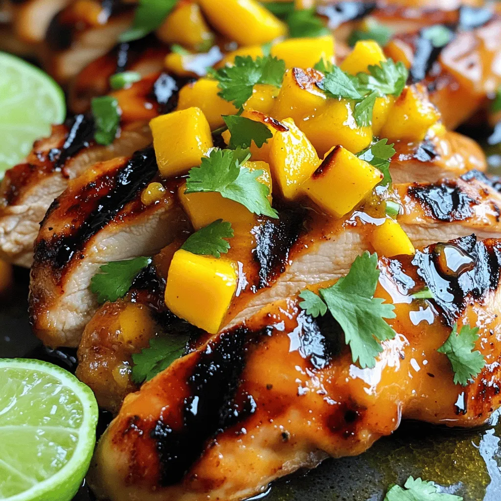 - 4 boneless, skinless chicken breasts - 1 ripe mango, diced - 1/4 cup honey - 2 tablespoons soy sauce - 1 tablespoon sriracha sauce (adjust for spice preference) - 2 cloves garlic, minced - 1 tablespoon grated ginger - 1 tablespoon olive oil - Salt and pepper to taste - Fresh cilantro, chopped (for garnish) - Lime wedges (for serving) If you don’t have chicken breasts, use chicken thighs instead. They stay juicy and full of flavor. For honey, maple syrup works well too. If you're out of sriracha, try using any hot sauce you like. You can swap soy sauce with tamari for a gluten-free option. If ginger isn’t available, use ground ginger in a pinch. Fresh herbs like parsley can replace cilantro if you prefer. - Chicken breasts: High in protein, low in fat. Good for muscle repair. - Mango: Rich in vitamin C and fiber. Great for digestion. - Honey: Natural sweetener, contains antioxidants. Use in moderation. - Soy sauce: Adds flavor but is high in sodium. Go easy on it. - Sriracha: Adds heat; contains chili peppers, which may boost metabolism. - Garlic: Known for health benefits, may help lower blood pressure. - Ginger: Good for digestion and may reduce inflammation. - Olive oil: Healthy fat; good for heart health. - Cilantro: Contains vitamins A, C, and K; great for flavor. - Lime: Adds vitamin C and freshness to the dish. Using these ingredients, you create a balance of flavors and nutrition in your Sweet and Spicy Mango Chicken. Each component adds its unique touch, making this dish not just tasty but also good for you. First, grab a medium bowl. In this bowl, mix the following: - 1 ripe mango, diced - 1/4 cup honey - 2 tablespoons soy sauce - 1 tablespoon sriracha sauce - 2 cloves garlic, minced - 1 tablespoon grated ginger Stir well with a spoon until everything blends. This marinade gives the chicken a sweet and spicy kick. Now, take your chicken breasts. Season them with salt and pepper on both sides. This step adds flavor. Place the chicken in a ziplock bag or a bowl. Pour the mango marinade over the chicken. Seal the bag tightly or cover the bowl. Let it chill in the fridge for at least 30 minutes. For even more taste, marinate for up to 2 hours. Before grilling, preheat your grill or grill pan to medium heat. Add 1 tablespoon of olive oil to avoid sticking. Take the chicken out of the marinade and throw away the leftover marinade. Grill the chicken for about 6-7 minutes per side. Cook until the inside reaches 165°F (75°C) and the outside is nicely charred. After grilling, let the chicken rest for 5 minutes. This helps keep it juicy. Slice the chicken and place it on a platter. Top it with extra diced mango and a drizzle of honey if you like. Finally, sprinkle chopped cilantro on top and serve with lime wedges. Enjoy this fun and tasty meal! Grilling chicken can be easy and fun. Here are some tips to get it right: - Preheat the grill: Always heat your grill for 10-15 minutes. - Oil the grill: Brush olive oil on the grates to prevent sticking. - Don’t flip too much: Let the chicken cook for 6-7 minutes before flipping. - Use a meat thermometer: Check for 165°F (75°C) to know it’s done. Moist chicken is key to a great dish. Here’s how to keep it juicy: - Marinate well: Use the mango marinade for at least 30 minutes. - Don’t overcook: Keep an eye on the cook time. - Let it rest: Let the chicken sit for 5 minutes after grilling. This keeps juices inside. This chicken pairs well with many sides. Here are some tasty ideas: - Serve with steamed rice for a filling meal. - Add a fresh salad for a light, crunchy side. - Try grilled veggies for extra flavor and color. - Squeeze lime juice over the dish for a zesty kick. {{image_2}} You can switch up the mango for other fruits. Pineapple adds a tropical twist. Peaches bring a sweet and juicy touch. If you like berries, try strawberries or blueberries. Each fruit gives a new flavor, making your dish exciting. Just adjust the sweetness in your marinade to match the fruit you choose. Want more heat? Add extra sriracha or use a spicier sauce. For less spice, reduce the sriracha. Try adding other spices like paprika or cumin. A sprinkle of lime juice can add brightness and cut through the sweetness. Experiment with flavors to find what you love best. Pair this dish with rice or quinoa for a hearty meal. A fresh salad with greens and avocado complements the chicken well. Grilled veggies add color and flavor. You can also serve it with tortilla chips and salsa for crunch. Don’t forget lime wedges on the side for an extra zing! To keep your Sweet and Spicy Mango Chicken fresh, store it right. First, let the chicken cool down to room temperature. Then, place it in an airtight container. Make sure to separate any mango topping to avoid sogginess. You can keep it in the fridge for up to three days. If you want to enjoy it later, consider freezing. When you are ready to eat leftovers, reheating is key. Start by bringing the chicken to room temperature. You can use a microwave or a skillet. If using a microwave, heat in short bursts of 30 seconds. Check often to prevent drying out. For a skillet, add a splash of water, cover, and heat on low. This keeps the chicken juicy. Freezing is a great option for longer storage. Wrap the chicken tightly in plastic wrap, then place it in a freezer bag. Be sure to remove as much air as possible. It can stay frozen for up to three months. When you're ready to eat, thaw it in the fridge overnight. Avoid thawing at room temperature, as it can spoil. After thawing, reheat as mentioned above. Yes, you can use chicken thighs. They stay moist and tender when grilled. Thighs have more fat, which adds flavor. Just make sure to adjust the cooking time. Thighs usually take a little longer to cook than breasts. Aim for 8-10 minutes per side on the grill. You can marinate the chicken for at least 30 minutes. For more flavor, marinate for up to 2 hours. If you marinate too long, the chicken can become mushy. Always keep it in the fridge while marinating. You can serve many sides with Sweet and Spicy Mango Chicken. Here are some ideas: - Jasmine rice or coconut rice - Grilled vegetables like zucchini or bell peppers - A fresh green salad with lime dressing - Corn on the cob These sides will complement the dish well and add color to your plate. Yes, this dish can be healthy! Chicken is a great source of protein. Mango adds vitamins and natural sweetness. Using honey and soy sauce keeps added sugars low. The marinade is mostly natural ingredients. Just watch the portion sizes and serving sides. In this post, we covered the key ingredients for making Sweet and Spicy Mango Chicken. We shared how to prepare the marinade, marinate the chicken, and grill it to perfection. I also provided tips for keeping the chicken moist and flavorful, along with fun variations and storage advice. This dish is a crowd-pleaser and easy to adapt to your taste. You can switch fruits or adjust the spice level to match your preferences. Enjoy cooking and impressing your family and friends with this tasty meal!