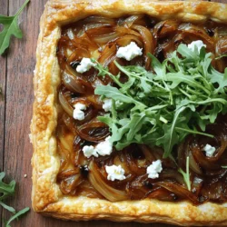 - 1 sheet frozen puff pastry, thawed - 2 large onions, thinly sliced - 4 ounces goat cheese, crumbled The main ingredients are simple yet delicious. Puff pastry gives a flaky base. Onions add a sweet, rich flavor when caramelized. Goat cheese brings creaminess and tang to the tart. - 2 tablespoons olive oil - 1 tablespoon balsamic vinegar - 1 teaspoon fresh thyme leaves (or ½ teaspoon dried thyme) - Salt and pepper to taste For seasonings, olive oil helps cook the onions. Balsamic vinegar adds a sweet note. Thyme gives aroma and depth. Salt and pepper enhance flavor. - Fresh arugula Arugula is a fresh touch. It adds a peppery flavor. You can sprinkle it on top before serving. This elevates the tart and adds color. Set your oven to 400°F (200°C). This step is key for a crisp tart. First, heat 2 tablespoons of olive oil in a large skillet over medium heat. Add 2 large, thinly sliced onions. Cook them for about 10 minutes. Stir occasionally. The onions will become soft and translucent. Next, add 1 tablespoon of balsamic vinegar, 1 teaspoon of fresh thyme leaves, and salt and pepper to taste. Lower the heat and let them cook for another 15-20 minutes. Stir now and then. The onions should turn golden brown and sweet. Roll out 1 sheet of thawed puff pastry on a lightly floured surface. Shape it to fit your tart pan or baking sheet. Trim the edges if needed. Prick the base with a fork. This stops it from puffing too much. Spread the caramelized onions evenly over the pastry. Crumble 4 ounces of goat cheese and sprinkle it on top. Finally, take 1 beaten egg and brush it on the pastry edges. This gives it a shiny, golden finish. To make great caramelized onions, you need time and heat. Start with medium heat in a large skillet. Add olive oil and let it warm. Then, toss in your thinly sliced onions. Stir them often for about 10 minutes until they look soft. Next, lower the heat to cook them slowly. Add balsamic vinegar, fresh thyme, salt, and pepper. This mix adds depth to the flavor. Keep cooking for another 15-20 minutes. Stir occasionally until they turn deep golden brown. This slow cooking makes them sweet and rich. Rolling out puff pastry is easy but needs care. First, lightly flour your surface. Take your thawed sheet of pastry and roll it out evenly. Make sure it fits your tart pan or baking sheet. Trim the edges to fit just right. Don’t forget to prick the base with a fork. This step stops the pastry from puffing too much while baking. It helps keep the base nice and flat. An egg wash gives your tart a shiny, golden crust. After assembling your tart, grab your beaten egg. Use a pastry brush to apply it to the edges of the pastry. This simple step makes a big difference in how it looks. Make sure you cover the edges well. This way, you will get that perfect golden color when it bakes. A beautiful crust makes your tart even more inviting! {{image_2}} If you want to switch up the cheese, you have great options. Feta adds a tangy bite. Ricotta offers a creamy texture. Blue cheese brings a strong flavor. Each cheese changes the tart's taste and style. Try them all to find your favorite! You can add more to your tart. Vegetables like spinach or bell peppers work well. Fresh herbs like basil or parsley add a nice kick. These toppings make the dish colorful and tasty. Get creative and mix flavors you love! Pair this tart with a fresh salad for a light meal. A simple green salad complements the rich flavors. You can also serve it with roasted veggies or a grain dish. This makes for a filling, balanced plate. Enjoy with friends or family for a fun dinner! To store leftovers, let the tart cool down first. Wrap it tightly in plastic wrap or aluminum foil. You can also place it in an airtight container. Keep it in the fridge for up to three days. When ready to eat, you can reheat it to enjoy the flavors again. For best results, freeze the tart before baking. Wrap it well in plastic wrap, then in foil. This will protect it from freezer burn. You can freeze the tart for up to two months. When you want to bake it, thaw it in the fridge overnight before baking. To reheat the tart, preheat your oven to 350°F (175°C). Place the tart on a baking sheet. Heat it for about 10-15 minutes or until warm. This will help keep the pastry crisp and delicious. Avoid microwaving, as it can make the crust soggy. To make a gluten-free version, use gluten-free puff pastry. Many stores sell this option. You can also use a homemade almond flour crust. Just blend almond flour, butter, and an egg. Yes, you can. Prepare the tart a day before. Store it in the fridge after baking. Reheat it in the oven before serving for the best taste. Pair this tart with a fresh salad. A simple arugula salad works great. You can also serve it with a light soup. A glass of white wine complements the flavors nicely. This blog post gives you a clear guide to making a delicious Caramelized Onion & Goat Cheese Tart. We covered the main ingredients and how to prepare them. You learned the importance of caramelizing onions and perfecting puff pastry. We also shared tips for variations and how to store extras. In the end, this recipe is both tasty and easy to customize. Get creative with your toppings or cheeses. Enjoy cooking this dish, and impress your friends and family with your new skills.