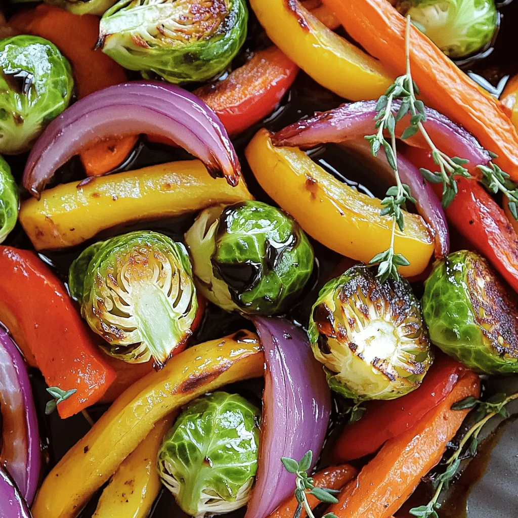 - 2 cups Brussels sprouts, halved - 1 cup carrots, cut into sticks - 1 red bell pepper, sliced - 1 yellow bell pepper, sliced - 1 red onion, cut into wedges These vegetables add color and taste. Brussels sprouts bring a nice crunch. Carrots add sweetness. Bell peppers give a fresh taste. Red onion adds depth and flavor. - 3 tablespoons balsamic vinegar - 3 tablespoons olive oil - 2 tablespoons honey or maple syrup The balsamic vinegar gives a tangy kick. Olive oil helps the glaze stick. Honey or maple syrup adds sweetness. This mix makes the veggies shine. - 1 teaspoon garlic powder - Salt and pepper to taste - Fresh thyme leaves for garnish Garlic powder adds a savory note. Salt and pepper boost all the flavors. Fresh thyme gives a lovely aroma and taste. Use these seasonings to make your dish special. First, set your oven to 425°F (220°C). This high heat helps to caramelize the veggies. It also brings out the natural sweetness. Preheating is key for the best results. In a big bowl, mix the Brussels sprouts, carrots, bell peppers, and red onion. Cut the Brussels sprouts in half. Slice the carrots into sticks. Cut the bell peppers and onion into nice pieces. Make sure all the veggies are about the same size. This way, they cook evenly. In a small bowl, whisk together balsamic vinegar, olive oil, honey or maple syrup, garlic powder, salt, and pepper. This mixture gives the veggies a great flavor. The sweetness of the honey or syrup pairs well with the tangy vinegar. Pour the balsamic glaze over the veggies. Toss them well to coat every piece. Then, spread them out on a lined baking sheet. Make sure they are in a single layer. This spacing helps them roast, not steam. Roast in the oven for 25-30 minutes. Stir halfway through for even cooking. The veggies should be tender and caramelized when done. Once they come out, let them cool a bit and garnish with fresh thyme. Enjoy your tasty side dish! You can use many vegetables for this dish. I love Brussels sprouts, carrots, and bell peppers. They roast well and add great color. Pick fresh, firm vegetables. This will make your dish taste better. Also, try to cut them into similar sizes. This helps them cook evenly. To get that nice caramelized look, space the veggies on the baking sheet. If they are too close, they will steam rather than roast. Stir them halfway through cooking. This lets all sides brown nicely. The balsamic glaze adds sweetness and helps with caramelization. If you have leftovers, keep them in an airtight container. They will last about 3 days in the fridge. To reheat, place them in the oven at 350°F (175°C) for about 10-15 minutes. This keeps them crispy. You can also microwave them, but they may get soft. Enjoy them again as a side dish or in a salad! {{image_2}} You can easily add proteins to your roasted vegetables. Chicken or shrimp pairs well with the glaze. Simply cut the chicken into bite-sized pieces. Toss it with the vegetables and glaze. You can also use chickpeas for a plant-based option. They add protein and texture, making the dish more filling. This dish is great for vegetarians and vegans. Just use maple syrup instead of honey for a vegan-friendly option. You can also add tofu for more protein. Cut the tofu into cubes and toss it with the vegetables. This keeps the meal hearty and satisfying. Feel free to mix up the glaze. Try using orange juice or lemon juice for a zesty twist. You can also add mustard for a tangy flavor. If you like spice, a pinch of red pepper flakes gives it a kick. These simple swaps can change the taste and make it fun! To keep your balsamic glazed roasted vegetables fresh, store them in an airtight container. Allow the veggies to cool down before sealing. This helps prevent moisture buildup, which can make them soggy. Place the container in the fridge. They will stay good for about 3-4 days. When you're ready to enjoy these veggies again, you can reheat them in several ways. The oven is best for keeping their crunch. Preheat your oven to 350°F (175°C). Spread the vegetables on a baking sheet and heat for about 10-15 minutes. You can also use the microwave. Just put them in a microwave-safe dish, cover, and heat for 1-2 minutes. Stir halfway for even warming. If you want to save some for later, freezing is a great choice. First, let the vegetables cool completely. Then, place them in a freezer-safe bag or container. Squeeze out as much air as you can before sealing. They will keep well for up to 3 months. When you are ready to eat, thaw them in the fridge overnight and reheat as mentioned above. You can prepare Balsamic Glazed Roasted Vegetables ahead of time. Chop the veggies and make the glaze. Store them in separate containers in the fridge. When ready to cook, toss the veggies with the glaze and roast. They will taste fresh and delicious. Yes, you can swap vegetables based on your taste. Try using zucchini, squash, or sweet potatoes. Just keep in mind to cut them into similar sizes for even cooking. Each vegetable adds a unique flavor and texture to the dish. These roasted veggies pair well with many dishes. Serve them with grilled chicken or fish for a tasty meal. They also work great in salads, grain bowls, or as a side to pasta. Get creative and enjoy their versatility! Leftovers of Balsamic Glazed Roasted Vegetables last about 3 to 5 days in the fridge. Store them in an airtight container to keep them fresh. Reheat them in the oven or microwave when you're ready to enjoy them again. We explored how to make delicious balsamic glazed roasted vegetables. First, we listed key ingredients and seasonings. Then, I shared step-by-step instructions for prep and cooking. I included tips for choosing and storing veggies, plus variations for added protein options. Finally, I answered common questions to help you succeed. Enjoy your tasty dish! You’ll impress family and friends with these simple steps.