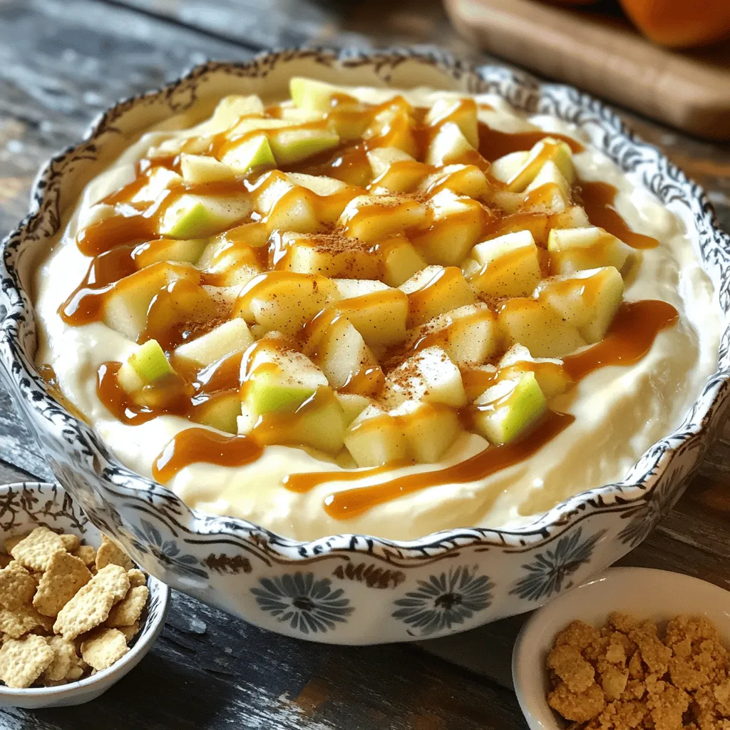 - 16 oz cream cheese, softened - 1 cup powdered sugar - 1 teaspoon vanilla extract - 1 cup sour cream - 2 apples, diced (Granny Smith or Honeycrisp work well) - 1/2 cup caramel sauce (plus extra for drizzling) - 1/4 teaspoon cinnamon - 1/4 cup chopped nuts (optional, such as pecans or walnuts) - 1 cup crushed graham crackers (for serving) The base of this dip is cream cheese, which gives it a rich texture. I use 16 ounces of softened cream cheese to ensure it blends well. The powdered sugar balances the cream cheese's tanginess, giving it a sweet touch. A teaspoon of vanilla extract adds a warm flavor that complements the apples. Sour cream brings a nice tang to the dip while keeping it creamy. For the apples, I prefer Granny Smith or Honeycrisp. Their crunch adds freshness and a pop of flavor. The caramel sauce gives a sweet, gooey contrast. I often drizzle extra caramel on top for a fun look. A touch of cinnamon enhances the taste and makes it feel cozy. If you like crunch, add 1/4 cup of chopped nuts. Pecans or walnuts work great here. Finally, serve it with 1 cup of crushed graham crackers for dipping. These add a lovely crunch that pairs well with the dip's smoothness. First, we need to make the cream cheese mixture. Take your softened cream cheese and put it in a slow cooker. Add the powdered sugar and vanilla extract. Blend them together with a mixer until the mix is smooth and creamy. Next, add the sour cream. Mix again until everything is well combined. This step is key for a rich, creamy dip. Now it’s time for the fun part! Gently fold in the diced apples and caramel sauce. Make sure the apples are evenly spread throughout the mixture. Add in the cinnamon for that warm flavor. If you want some crunch, fold in the chopped nuts at this stage. They add a nice texture to the dip. Cover the slow cooker and set it to low. Cook for about 1.5 to 2 hours. Stir the dip occasionally. This helps everything blend nicely and heat evenly. You’ll know it’s done when it’s warm and slightly bubbly. Once it’s ready, turn off the slow cooker. Let the dip cool for a few minutes before serving. For a lovely touch, drizzle extra caramel sauce on top. Serve it with crushed graham crackers for a delicious dip experience! Softened cream cheese is key. It blends smoothly with the sugar and sour cream. If it's cold, the dip becomes lumpy. Let the cream cheese sit out for about 30 minutes before mixing. To avoid overcooking, check the dip after 1.5 hours. If it’s warm and bubbly, it’s ready. Stir it gently. This keeps the texture creamy and prevents it from drying out. Get creative with your presentation! Use a decorative bowl to serve the dip. Top it with a sprinkle of cinnamon for extra flair. Add a few apple slices on the side for color. For added flavor, drizzle more caramel sauce on top. You can also sprinkle chopped nuts for a crunchy finish. This dip pairs best with crushed graham crackers. Place them in a small bowl nearby for easy dipping. {{image_2}} You can change the flavor of your dip easily. Adding spices like nutmeg or ginger gives it a new twist. Just sprinkle in a little and taste. If you want to try something special, use flavored cream cheese. Vanilla or cinnamon cream cheese works well. This change makes the dip even creamier and tastier. If you need gluten-free options, choose alternative crackers. Rice crackers or gluten-free graham crackers are great choices. They pair well with the dip and keep it tasty. For vegan alternatives, use dairy-free cream cheese and coconut cream. These swaps make the dip plant-based without losing flavor. You can enjoy this treat while sticking to your diet! To keep your caramel apple cheesecake dip fresh, use an airtight container. This method blocks air and keeps flavors intact. You can store leftovers in the fridge for up to three days. After that, the dip may lose its creaminess and taste. When reheating, use the microwave for quick results. Heat it in short bursts of 15-20 seconds. Stir between each burst to keep the dip smooth. If it feels thick, add a splash of cream or milk to refresh the texture. For a boost of flavor, drizzle on a bit of caramel sauce before serving. This step brings back that yummy taste you loved! Yes, you can make this dip in advance. Prepare the dip and store it in an airtight container. Keep it in the fridge for up to three days. When you are ready to serve, just reheat it gently in the slow cooker on low heat. Stir until it warms through. This way, you can save time and enjoy the dip fresh. You have many tasty options for dippers. Here are some great ideas: - Sliced apples (like Granny Smith or Honeycrisp) - Graham crackers - Pretzel sticks - Vanilla wafers - Pecan or walnut pieces These dippers add fun textures and flavors to your dip. You can mix and match to find your favorite pairings. Yes, you can freeze this dip for later use. To freeze, let the dip cool completely, then place it in a freezer-safe container. Seal it well to avoid freezer burn. It can stay frozen for up to two months. To thaw, move it to the fridge overnight. Then reheat in the slow cooker. Stir well to combine the flavors again. Enjoy your dip just like fresh! This blog post covered how to make a delicious Caramel Apple Cheesecake Dip. We discussed key ingredients like cream cheese, apples, and caramel sauce. You learned step-by-step instructions for preparing and cooking the dip, along with tips for perfect texture and garnishing ideas. We explored variations for different tastes and dietary needs, plus storage and reheating methods. Now you can enjoy this tasty dip during events or family gatherings. Dive in and share it with friends!