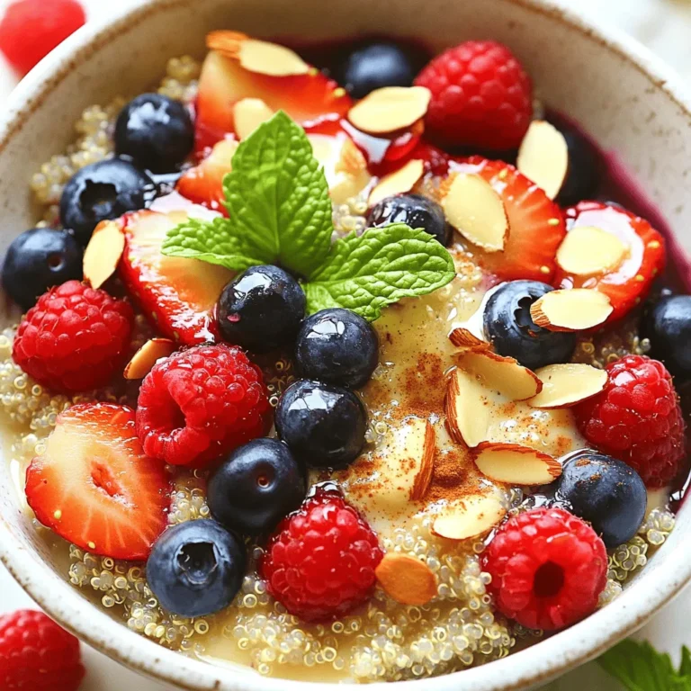 To make your Berry Almond Breakfast Quinoa, gather these essential ingredients: - 1 cup quinoa, rinsed - 2 cups almond milk (or any milk of choice) - 1 cup mixed berries (strawberries, blueberries, raspberries) - 1/4 cup sliced almonds - 2 tablespoons maple syrup (or honey) - 1 teaspoon vanilla extract - 1/2 teaspoon cinnamon - Pinch of salt These ingredients work together to create a tasty and filling breakfast. Quinoa adds protein and fiber. Almond milk gives it a creamy touch. Mixed berries add sweetness and color. Almonds lend a nice crunch. Maple syrup or honey serves as a natural sweetener. Vanilla and cinnamon round out the flavors beautifully. You can make this dish even better with some optional garnishes. Try adding: - Fresh mint leaves for a pop of color and freshness - Extra sliced almonds for more crunch - A drizzle of extra maple syrup for added sweetness These garnishes can elevate your breakfast and make it look even more appealing. They add flavor and texture, making each bite delightful. If you want to mix things up, consider these alternatives: - Use oat milk or coconut milk instead of almond milk for different flavors. - Try agave nectar or coconut sugar as sweeteners instead of maple syrup or honey. This flexibility allows you to customize your breakfast to fit your taste or dietary needs. Feel free to experiment with these options to find your perfect blend! Start by rinsing 1 cup of quinoa under cold water. This step helps remove bitterness. In a medium saucepan, mix the rinsed quinoa, 2 cups of almond milk, and a pinch of salt. Bring this mixture to a boil over medium-high heat. Once it boils, lower the heat and cover the pan. Let it simmer for about 15 minutes. The quinoa should become fluffy, and the milk will be absorbed. After the quinoa is cooked, stir in 2 tablespoons of maple syrup, 1 teaspoon of vanilla extract, and 1/2 teaspoon of cinnamon. Mix well to combine all the flavors. Remove the pan from heat and let it sit, covered, for about 5 minutes. This step allows the quinoa to absorb even more flavors, making it taste richer. To serve, fluff the quinoa with a fork and divide it into bowls. Top each bowl with 1 cup of mixed berries, like strawberries, blueberries, and raspberries. Sprinkle 1/4 cup of sliced almonds on top for a nice crunch. If you want to add a fresh touch, garnish with mint leaves. This dish not only looks beautiful but also tastes amazing. Enjoy your nutritious breakfast! To make great quinoa, start by rinsing it. This removes any bitterness. Use a fine mesh strainer for best results. Cook it in almond milk for creaminess. Bring it to a boil, then lower the heat. Simmer it covered for about 15 minutes. Check it to see if the liquid is absorbed. The quinoa should be fluffy and not mushy. If it’s too wet, let it sit covered for a few more minutes. You can boost the flavor of your quinoa. Try adding nutmeg or ginger for warmth. A splash of lemon juice can add brightness. For extra sweetness, add more maple syrup or honey. Mix in some vanilla for depth. If you love crunch, toss in more almonds. Adding chia seeds can give a nice texture and health boost. Don’t forget to top it with fresh mint for a refreshing touch. This breakfast quinoa is great for meal prep. Cook a big batch on the weekend. Store it in airtight containers in the fridge. It stays fresh for up to five days. When you’re ready to eat, just reheat it. Add a splash of almond milk to loosen it up. You can also top it with fresh berries just before serving. This way, you get that fresh taste each time. {{image_2}} You can change the fruit based on what is fresh. In summer, try peaches or cherries. In fall, apples and pears work great. Mixing fruits adds color and flavor. You can also use frozen berries if fresh ones are not available. They are easy and keep well. Just thaw them before adding to your quinoa. This recipe is already vegan and gluten-free, which is great! Use almond milk or any plant milk for creaminess. Maple syrup is a good sweetener too. If you need more protein, add chia seeds or hemp seeds. They fit perfectly in this dish and boost nutrition. If you have nut allergies, swap the almond milk for oat or coconut milk. You can leave out the sliced almonds or use pumpkin seeds instead. They give a nice crunch without nuts. Enjoy this dish with your favorite seeds or even sunflower seeds for a tasty twist! To keep your leftover quinoa fresh, allow it to cool first. Then, place it in an airtight container. Store it in the fridge for up to five days. Label the container with the date so you know when it was made. When reheating quinoa, add a splash of almond milk or water. This keeps it moist and fluffy. You can use the microwave or a stovetop. Heat in short bursts and stir often to avoid burning. You can freeze quinoa for longer storage. Spread it in a single layer on a baking sheet. Freeze for about two hours, then transfer it to a freezer bag. It will last for three months. To thaw, move it to the fridge overnight or heat directly from frozen. Yes, you can use water instead of almond milk. However, almond milk adds a rich flavor. Water will make the quinoa taste more plain. If you want creaminess, stick with almond milk. Cooked quinoa lasts about 5 to 7 days in the fridge. Store it in an airtight container. This keeps it fresh and safe to eat. If you see any mold, throw it away. Quinoa is a great source of protein and fiber. It helps keep you full longer. Berries are packed with vitamins and antioxidants. They support your heart and boost your immune system. Together, they make a powerful breakfast. Yes, you can prepare this recipe ahead of time. Cook the quinoa and store it in the fridge. Just add berries and almonds when you are ready to eat. This makes busy mornings easier. This blog post covered how to make a delicious berry almond breakfast quinoa. We explored the essential ingredients, including optional garnishes and tasty alternatives. I shared easy steps for preparing and flavoring quinoa, along with tips for perfect texture. We also looked at fun variations and important storage methods. In conclusion, this recipe is versatile and easy. You can enjoy it your way, making it perfect for any breakfast. Try it out, and enjoy healthy meals!