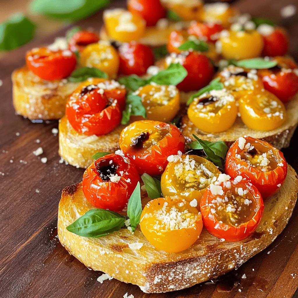 When making roasted garlic tomato bruschetta, gather these simple ingredients: - 1 baguette, sliced diagonally into 1/2-inch pieces - 1 cup cherry tomatoes, halved - 1 head of garlic - 1 tablespoon olive oil, plus extra for drizzling - 1 teaspoon balsamic vinegar - Salt and pepper to taste - Fresh basil leaves, chopped (for garnish) - 1/4 cup grated Parmesan cheese (optional) Each ingredient plays a key role. The baguette provides a crispy base. Cherry tomatoes add bright flavor and juiciness. Garlic gives a rich, sweet depth after roasting. Olive oil enhances the taste and texture. Balsamic vinegar brings a tangy sweetness. Salt and pepper are essential for seasoning. Fresh basil adds a burst of herbal freshness. Finally, Parmesan cheese can boost the flavor even more. These ingredients are easy to find. They combine to create a tasty, colorful dish. You will love how they blend together. Gather everything before you start cooking. This makes the process smooth and fun. To roast the garlic, first preheat your oven to 400°F (200°C). Take a whole head of garlic and cut off the top. This exposes the cloves. Drizzle it lightly with olive oil. Wrap the garlic in aluminum foil. Place it in the oven and roast for about 30-35 minutes. The cloves will turn soft and golden. After roasting, let the garlic cool. This makes it easier to handle. Once cool, you can squeeze the soft cloves out of their skins. While the garlic roasts, you can prepare the tomatoes. In a bowl, add 1 cup of halved cherry tomatoes. Pour in 1 tablespoon of olive oil and 1 teaspoon of balsamic vinegar. Season with salt and pepper to taste. Toss the mix lightly. Let it marinate for about 15 minutes. This step boosts the flavor and makes the tomatoes juicy. Next, it's time to assemble the bruschetta. Slice the baguette diagonally into 1/2-inch pieces. Place the slices on a baking sheet. Drizzle them with olive oil. Toast in the oven for about 5-7 minutes until they are golden brown. Once the garlic is cool, mash the roasted cloves into a paste in a bowl. Spread this paste onto each toasted baguette slice. Top with the marinated tomatoes, making sure to include some juices. If you like, you can sprinkle grated Parmesan cheese over the top. Lastly, garnish with fresh basil leaves before serving. Enjoy this delightful blend of flavors! To know when roasted garlic is done, check for softness. The cloves should feel tender when pressed. They should also turn a lovely golden color. If they look dry or dark, they may be burnt. You can roast garlic in a few ways. The oven method is simple. Just wrap it in foil and bake. If you want, you can also use a grill. Place the wrapped garlic on the grill over medium heat for about 30 minutes. Alternatively, you can roast garlic in a pan on the stove. Just add a bit of oil and cook it over low heat. Stir often until it turns soft. Bruschetta pairs well with fresh salads or soups. A light tomato soup is a great match. You can also serve it with a glass of crisp white wine. For a fun twist, try it with flavored oils or spicy dips. When presenting bruschetta, stack the slices on a wooden board. Add some fresh basil leaves for color. You can also drizzle a bit of balsamic reduction on top for style. This makes the dish more eye-catching and tasty. Feel free to get creative with the toppings on your bruschetta. You can add sliced olives or roasted red peppers for extra flavor. If you love cheese, try feta or goat cheese instead of Parmesan. If you need substitutions, use a different bread. Ciabatta or sourdough works well too. For a healthier option, swap out the baguette for whole grain bread. You can also use cherry tomatoes' cousin, grape tomatoes, or even sun-dried tomatoes for a unique taste. {{image_2}} You can make classic bruschetta in many ways. One popular way is the traditional tomato basil. For this, use fresh basil leaves and ripe tomatoes. Just chop them up, add olive oil, salt, and pepper. This mix brings out the bright flavors of summer. Another fun twist is the avocado variation. Instead of tomatoes, mash ripe avocados. You can mix in lime juice, garlic, and salt. This creamy topping is perfect for a smooth bite. Using seasonal ingredients can make your bruschetta shine. In summer, add fresh fruits like peaches or strawberries. These sweet fruits contrast nicely with the savory garlic. In winter, think about spices. Add roasted butternut squash or spiced apples. These options provide warmth and comfort. They turn your bruschetta into a cozy dish for chilly days. If you follow a gluten-free diet, you can still enjoy bruschetta. Try using gluten-free bread or crackers. They hold up well with your toppings. For those who prefer vegan dishes, skip the Parmesan cheese. The roasted garlic and fresh veggies will still give you great taste. You can also add nutritional yeast for a cheesy flavor without dairy. To keep your roasted garlic tomato bruschetta fresh, store it properly. First, let the bruschetta cool down to room temperature. Place any leftover bruschetta in an airtight container. Keep the tomatoes and garlic spread separate from the bread. This helps the bread stay crisp. The bruschetta stays fresh for up to 2 days in the fridge. If you want to keep it longer, freeze the spread and tomatoes. The bread can become stale if frozen, so it's best served fresh. When you want to enjoy your bruschetta again, revive its toastiness. Preheat your oven to 350°F (175°C). Place the bread slices on a baking sheet. Warm them for about 5-7 minutes until crisp. Avoid using the microwave, as it makes the bread soggy. Keep the roasted garlic spread and tomatoes separate while reheating. Top the warm slices with the spread and tomatoes just before serving. Enjoy your tasty treat again! Roasted garlic can last about 1 week in the fridge. Store it in an airtight container. If you want it to last longer, you can freeze it. Just place roasted cloves in a freezer bag. They will keep for up to 3 months! Yes, you can use other breads for bruschetta. French bread, ciabatta, or even whole grain work well. Just make sure the bread can hold the toppings. Toasting the bread adds a nice crunch, which is key. Bruschetta is usually made with larger slices of bread. It often has toppings like tomatoes and garlic. Crostini uses smaller, thinner slices of bread. It can have a variety of toppings, often spreadable ones. Both are delicious but differ in size and style. - If you have more questions about bruschetta, feel free to ask! Bruschetta is a simple yet tasty dish. We covered the key ingredients, like baguette, garlic, and tomatoes. You learned how to roast garlic and marinate tomatoes. Assembling it is easy, and the tips help you serve it well. Don’t forget the variations! You can make classic or seasonal bruschetta. Storage tips keep your leftovers fresh. Finally, the FAQs clear up common questions. Enjoy making this dish and share it with others. Your kitchen creativity will shine.
