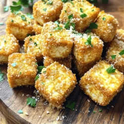 - 1 block (14 oz) firm tofu, pressed and cubed - 3 tablespoons olive oil - 4 cloves garlic, minced Tofu is the star of this dish. It gives you protein and a great texture. You need firm tofu for the best results. Press it to get rid of extra water. This makes it crispy when cooked. Olive oil adds flavor and helps the tofu crisp up. Garlic gives a nice punch and makes everything taste better. - 1/2 cup grated Parmesan cheese (or vegan alternative) - 1 teaspoon garlic powder - 1 teaspoon onion powder - 1 teaspoon Italian seasoning - Salt and pepper, to taste - Fresh parsley, chopped for garnish Parmesan cheese brings a rich, savory flavor. If you want it vegan, you can use vegan Parmesan instead. Garlic powder and onion powder boost the garlic taste. Italian seasoning adds a mix of herbs that work well with tofu. Don’t forget salt and pepper to make all the flavors pop. Fresh parsley on top gives a nice color and fresh taste. - Vegan Parmesan - Additional Spices If you want a vegan dish, swap the Parmesan for vegan Parmesan. You can also try adding spices like smoked paprika or cayenne pepper for some heat. Adjusting the spices lets you customize the flavor to your liking. This will make your tofu bites unique and tasty! Set your air fryer to 375°F (190°C). Preheat it for about 5 minutes. This step helps the tofu cook evenly. First, drain the tofu. Press it to remove extra moisture. This helps the tofu become crispy. Cut the tofu into bite-sized cubes. Aim for pieces about 1 inch in size. In a bowl, mix together the olive oil, minced garlic, garlic powder, onion powder, Italian seasoning, salt, and pepper. Stir until well combined. Pour this garlic-oil mix over the tofu cubes. Toss gently to coat each piece evenly. Arrange the coated tofu in a single layer in the air fryer basket. Make sure not to overcrowd it. You may need to work in batches. Air fry the tofu for 15-20 minutes. Shake the basket halfway through. This helps ensure even cooking. Look for a golden brown and crispy finish. Once cooked, remove the tofu bites from the air fryer. Garnish with fresh chopped parsley for a pop of color. You can serve these tasty bites as a snack or side dish. They pair well with salads or grains like quinoa. Enjoy your crispy garlic Parmesan tofu! To get crispy tofu, pressing it is key. Pressing removes extra water. This lets the tofu soak up flavors. Use a clean towel and a heavy object to press it for about 15-30 minutes. This step helps the tofu become firm and crunchy. Using the right amount of oil matters, too. For this recipe, I recommend three tablespoons of olive oil. This amount coats the tofu well but does not make it greasy. The oil helps with crisping in the air fryer. Want to boost flavor? Add more spices! You can try cayenne for heat or smoked paprika for a smoky taste. These spices add a nice kick to the dish. You can also marinate the tofu before cooking. Mix soy sauce, lemon juice, or even your favorite hot sauce. Just let it soak for 30 minutes. This simple step packs in more flavor. Cook tofu in batches if needed. Avoid overcrowding the air fryer basket. If you stack the tofu, it won’t cook evenly. This can lead to soggy bites instead of crispy ones. Adjust cooking time based on how much tofu you cook at once. If you have a full basket, you might need to add a few more minutes. Always check for a golden brown color to know it’s done. {{image_2}} You can spice things up with a spicy garlic version. Just add some red pepper flakes to the garlic-oil mix. This adds heat and a nice kick to your tofu bites. For an herb-infused option, try mixing in fresh herbs like basil or thyme. These flavors brighten the dish and give it a fresh taste. Using different oils can change the flavor. Instead of olive oil, use avocado oil for a richer taste. You can also try sesame oil for a unique twist. If you want cheese alternatives, use nutritional yeast for a vegan option. It adds a cheesy flavor without dairy. Dipping sauces can elevate your tofu bites. Try pairing them with a tangy ranch or a spicy sriracha mayo. These dips complement the garlic and parmesan well. You can also serve the tofu bites with a fresh salad or grains like quinoa. This makes for a complete meal that is both tasty and filling. To keep your Air Fryer Garlic Parmesan Tofu Bites fresh, use an airtight container. This helps lock in moisture and flavor. You can store them in the fridge for up to 3 days. After that, the texture may change, and they might not taste as good. When you're ready to eat your leftovers, the best way to reheat them is in the air fryer. Set it to 350°F (175°C) and cook for about 5-7 minutes. This will help restore their crispiness. You can also use a skillet over medium heat. Just make sure to flip them often for even heating. If you want to freeze your tofu bites, first let them cool completely. Place them in a single layer on a baking sheet and freeze until solid. Then transfer them to a freezer-safe bag or container. They can last for up to 3 months in the freezer. When you’re ready to eat, thaw them in the fridge overnight. Reheat as mentioned before to make them crispy again. To make these bites vegan, swap Parmesan cheese for a vegan alternative. Nutritional yeast works well for a cheesy flavor. You can also use almond-based or coconut-based cheeses. For the oil, you can keep the olive oil or try avocado oil. When preparing for vegan cooking, press the tofu well to remove moisture. This helps absorb flavors. Toss the tofu gently in the oil and spices. Ensure the vegan cheese sticks to the tofu by mixing thoroughly. Yes, you can use firm or extra firm tofu. Firm tofu works well, but extra firm gives a denser bite. Extra firm tofu has less water, which enhances its crispiness. The texture and flavor change with the type. Extra firm tofu is chewier and holds its shape better. Firm tofu is softer and may absorb more flavor but can break apart easily. Cooking tofu in the air fryer takes about 15-20 minutes. At 375°F (190°C), check for golden brown color. For perfect doneness, shake the basket halfway through. This ensures even cooking. You want the outside to be crispy and the inside warm and tender. Adjust cooking time based on your air fryer model for the best results. Tofu bites offer a tasty and healthy dish. We covered the main ingredients, like tofu and olive oil, and discussed helpful tips for crispiness and flavor. The step-by-step guide simplifies the cooking process while variations provide creativity. Consider trying new spices or serving suggestions to keep things exciting. Enjoy your delicious, easy-to-make air-fried tofu!