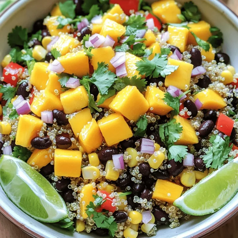 - 1 cup quinoa, rinsed - 2 cups vegetable broth - 1 ripe mango, diced - 1 can (15 oz) black beans, rinsed and drained - 1 red bell pepper, diced - 1 cup corn (fresh, frozen, or canned) - 1/4 cup red onion, finely chopped - 1/4 cup cilantro, chopped - 1/4 cup lime juice - 3 tablespoons olive oil The main ingredients in this salad create a blend of flavors and textures. Quinoa forms a healthy base, while mango adds sweetness. Black beans bring protein, and the red bell pepper adds crunch. Corn gives a nice pop, and red onion adds a sharp bite. Fresh cilantro brightens the dish. Lime juice and olive oil create a zesty dressing. - Additional Vegetables - Protein Additions You can customize this salad with optional ingredients. Adding more veggies like cucumber or avocado enhances texture. For protein, consider grilled chicken or tofu for a heartier meal. Each option adds its own unique flavor. - Cumin and Chili Powder - Salt and Pepper The spices in this salad are key. Cumin offers a warm, earthy taste. Chili powder adds a hint of heat. Salt and pepper balance the flavors. Use them to season to your taste. This simple seasoning elevates the dish without overpowering it. Boiling the Vegetable Broth Start by pouring 2 cups of vegetable broth into a medium saucepan. Place the saucepan on the stove and turn the heat to high. Wait for the broth to boil. This step adds flavor to the quinoa. Rinsing the Quinoa While the broth heats up, rinse 1 cup of quinoa under cold water. Use a fine mesh strainer for best results. This helps remove any bitter coating called saponin. Once rinsed, it’s ready for the broth. Combining Ingredients in a Bowl After cooking, let the quinoa cool for a bit. In a large bowl, add the cooled quinoa. Then, mix in the following: - 1 ripe mango, diced - 1 can (15 oz) black beans, rinsed and drained - 1 red bell pepper, diced - 1 cup corn (fresh, frozen, or canned) - 1/4 cup red onion, finely chopped - 1/4 cup cilantro, chopped Mix them well to combine all those fresh flavors. Mixing the Dressing In a small bowl, whisk together: - 1/4 cup lime juice - 3 tablespoons olive oil - 1 teaspoon cumin - 1/2 teaspoon chili powder - Salt and pepper to taste This dressing adds zing to the salad. Tossing the Salad Pour the dressing over the quinoa mixture. Gently toss everything together. Make sure all the ingredients are covered in the dressing. Taste it and adjust the seasoning if needed. Refrigeration Tips Cover the salad and place it in the fridge for at least 30 minutes. This chilling time helps the flavors blend and enhances the taste. You can serve it cold or at room temperature. Proper Rinsing Techniques Rinsing quinoa is key. It removes the bitter coating called saponin. Place quinoa in a fine-mesh strainer. Rinse under cold water for 1-2 minutes. This step ensures a clean taste. Cooking Time Adjustments Cook quinoa by boiling it in vegetable broth. This adds more flavor. Keep the heat low after boiling. Cover and simmer for about 15 minutes. The quinoa should be fluffy and all broth absorbed. Experimenting with Spices Spices can elevate your salad. Try adding more cumin for warmth. A pinch of smoked paprika can add depth. Don't hesitate to play with different spices. It keeps the dish exciting and fresh. Adding Fresh Herbs Fresh herbs make a big difference. Cilantro adds a bright flavor. You can also try mint or parsley for a twist. Chop herbs finely and mix them in right before serving. Presentation Ideas Serve the salad in a large, shallow bowl. This makes it look inviting. For a fun twist, use glass jars for individual servings. Garnish with lime wedges and extra cilantro for a pop of color. Pairing with Other Dishes Mango black bean quinoa salad pairs well with many dishes. Serve it alongside grilled chicken or fish. It also works as a filling side for tacos. The flavors complement each other beautifully. {{image_2}} Adding fresh avocado gives the salad a creamy texture. Just cube the avocado and toss it in. It pairs well with the mango and beans. Avocado is rich in healthy fats. You’ll love the way it makes each bite feel smooth. Using pineapple is another fun twist. Fresh or canned pineapple adds sweetness and tang. Just chop it into small pieces and mix it in. The juicy pineapple balances the flavors nicely. This addition makes the dish even more vibrant. You can add grilled chicken for extra protein. Cook the chicken, then slice it into strips. Toss the strips into the salad before serving. It adds a savory depth to the dish. This makes it hearty enough for a meal. For a vegan option, try adding tofu. Cube the tofu and sauté it until golden. This gives the tofu a nice flavor and texture. Mix the tofu with the salad for a filling dish. It's a great way to boost protein without meat. For gluten-free options, use certified gluten-free quinoa. Quinoa is naturally gluten-free, so it works great. Just check the package to be sure. This way, everyone can enjoy the salad without worries. If you're looking for low-carb modifications, cut back on quinoa. You can replace half of it with cauliflower rice. This makes the salad lighter while keeping it delicious. The flavors will still shine through without the extra carbs. To keep your Mango Black Bean Quinoa Salad fresh, store it in the fridge. Use an airtight container to lock in flavor. Place it in the fridge within two hours of making it. This will help keep the ingredients crunchy and bright. If you plan to eat it later, consider making the dressing separately. This keeps the salad from getting soggy. You can freeze this salad, but some ingredients may not freeze well. If you want to freeze it, skip the mango and any fresh herbs. Store the other ingredients combined in a freezer-safe bag. You can enjoy it later, but the texture may change. The salad lasts up to five days in the fridge. After that, it may not taste as good. Keep an eye on it and check for any signs of spoilage. If it smells off or looks mushy, it's best to toss it. Always trust your senses when it comes to food safety. Enjoying leftovers is easy! You can eat the salad cold or at room temperature. If you want to warm it up, do so gently. Heat it on the stove over low heat. This helps maintain the flavors and textures. Avoid using the microwave, as it can make the quinoa mushy. If you added mango or herbs, skip the heat to keep them fresh. To cook quinoa, start by rinsing it under cold water. This removes the bitter coating. Next, bring 2 cups of vegetable broth to a boil. Add 1 cup of rinsed quinoa and lower the heat. Cover the pot and let it simmer for 15 minutes. The quinoa is ready when it absorbs all the broth and becomes fluffy. Fluff it with a fork to keep it light and airy. - Tips for Perfectly Fluffy Quinoa - Use a fine mesh strainer to rinse the quinoa well. - Stick to a 2:1 liquid-to-quinoa ratio for best results. - Avoid lifting the lid while it cooks to trap steam. Yes, you can make this salad ahead of time. It actually tastes better after sitting in the fridge. The flavors mix and become more intense. Prepare it a day in advance for a quick meal. Just store it in an airtight container in the fridge. - Best Practices for Make-Ahead Meals - Mix the salad a few hours before serving. - Add any crunchy toppings just before eating. - Keep the dressing separate until ready to serve for freshness. This salad pairs well with various dishes. Try it with grilled chicken or fish for protein. It also goes great with avocado toast for a light meal. You can use it as a side dish at barbecues or potlucks. Its vibrant flavors complement many cuisines. - Pairing Suggestions for Complete Meals - Serve with tacos or burritos for a Mexican twist. - Add a side of roasted vegetables for a healthy plate. - Pair it with a light soup for a cozy dinner. In this blog post, we covered the key ingredients for a flavorful Mango Black Bean Quinoa Salad. We discussed how to cook quinoa and prepare the salad with fresh produce and spices. I shared tips for ensuring your quinoa is fluffy and ways to enhance flavors. You can customize the salad with tropical additions, protein options, and dietary tweaks. Remember to store it well for freshness. Enjoy experimenting with this versatile dish! It’s simple, tasty, and perfect for any meal.