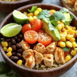 - 2 chicken breasts, diced - 1 tablespoon olive oil - 1 tablespoon taco seasoning The chicken breasts are the main protein in this dish. Dice them into bite-sized pieces for easy cooking. Olive oil adds flavor and helps cook the chicken. The taco seasoning gives it that classic Southwest taste. - 1 cup cooked quinoa - 1 can black beans, rinsed and drained - 1 medium bell pepper, diced (any color) - 1 cup corn (fresh or frozen) - 1 avocado, diced - 1 cup cherry tomatoes, halved - 1/2 red onion, finely chopped Quinoa acts as a great base for your bowl. It is a healthy grain full of protein. Black beans add fiber and a rich, earthy taste. You can use any color of bell pepper for a pop of color and crunch. Fresh or frozen corn gives a sweet flavor, while cherry tomatoes add juiciness. Don't forget the diced avocado for creaminess and the red onion for a nice bite. - 1/2 cup fresh cilantro, chopped - Juice of 1 lime - Salt and pepper to taste - Optional: sour cream or Greek yogurt for topping Fresh cilantro adds a bright touch. Lime juice brings zest and freshness to the bowl. Always taste and add salt and pepper to your liking. For a creamy finish, use sour cream or Greek yogurt on top. 1. First, grab a medium skillet and heat the olive oil over medium-high heat. 2. Next, add the diced chicken breasts to the skillet. Sprinkle the taco seasoning on top. 3. Cook the chicken for about 6 to 8 minutes. Make sure it is fully cooked and no longer pink inside. 4. Season with salt and pepper to taste. This step adds flavor to your chicken. 1. While the chicken cooks, prepare the quinoa. Follow the package instructions for cooking. 2. In a separate bowl, combine the black beans, diced bell pepper, corn, cherry tomatoes, red onion, and chopped cilantro. 3. Drizzle lime juice over the veggies and mix well. 4. Season this mixture with salt and pepper to taste. This makes your veggie mix bright and fresh. 1. Start with a base of cooked quinoa in each bowl. 2. Top the quinoa with a generous portion of the seasoned chicken. 3. Next, add the fresh vegetable mix on top of the chicken. 4. Finish by adding diced avocado. If you like, add a dollop of sour cream or Greek yogurt. 5. Garnish with extra cilantro and place a lime wedge on the side for a burst of flavor. Now, you have a colorful and tasty Southwest chicken burrito bowl ready to enjoy! To ensure your chicken is perfectly cooked, check for doneness by cutting into a piece. The meat should be white all the way through. No pink means it’s ready! The internal temperature should reach 165°F. For seasoning, use one tablespoon of taco seasoning. This gives the chicken a bold flavor. Feel free to add salt and pepper to enhance the taste. Marinating the chicken for at least 30 minutes can also boost flavor. Meal prep can save you time. Pre-cook grains like quinoa. This way, they are ready to use when you need them. Cook extra chicken and store it for later meals. Store chopped vegetables in airtight containers. This keeps them fresh and crisp. You can prep bell peppers, onions, and tomatoes ahead of time. This makes assembling bowls quick and easy. Experiment with spices and herbs to boost flavor. Try adding cumin or smoked paprika for a smoky taste. Fresh herbs like cilantro add freshness and brightness. Pair your burrito bowls with sides like tortilla chips or a simple salad. These can add texture and flavor. You might also enjoy a dollop of salsa for an extra kick! {{image_2}} You can easily change the recipe to suit your diet. If you want to skip chicken, use beans or tofu. Both options are tasty and full of protein. Beans add a nice texture and flavor. Tofu can soak up all the seasonings well. For those needing gluten-free options, this dish is naturally gluten-free. Just make sure to check the taco seasoning and any toppings like sour cream. Feel free to switch up the flavors! You can use different seasonings to give your dish a new taste. Try cumin, paprika, or even a spicy chili powder for a kick. You can also experiment with vegetables. Swap bell peppers for zucchini or add some spinach for greens. The more colorful your bowl, the better it looks and tastes! Want a fun twist? Make burrito wraps! Just take a large tortilla, add your cooked chicken and veggies, and roll it up. It’s a great way to enjoy the same flavors in a different form. You can also create salad versions of this dish. Use lettuce as a base and top it with chicken, beans, and veggies. Drizzle with lime juice for a fresh taste. Enjoy your meal in new ways! Store your Southwest Chicken Burrito Bowls in airtight containers. This keeps them fresh. Place them in the fridge within two hours of cooking. They stay good for up to three days. When you want to enjoy your leftovers, use the microwave or stove. If using a microwave, heat in 30-second intervals. Stir between each interval to ensure even heating. For the stove, warm over low heat. Add a splash of water if needed. This helps keep the food moist. To freeze, divide the bowls into single portions. Use freezer-safe containers or bags. Remove as much air as possible before sealing. For best taste, eat them within three months. When ready to eat, thaw overnight in the fridge. Reheat in the microwave or stove. Ensure it is heated to 165°F for safety. Enjoy your meal even when it's not fresh! You can easily make this dish vegan by swapping out the chicken. Use diced tofu or tempeh as a great substitute. For a protein-packed option, consider using chickpeas or lentils. For dairy, skip the sour cream and try a plant-based yogurt or avocado instead. These swaps keep the flavor high but make the meal plant-based. Yes, you can use other grains! Brown rice is a tasty alternative and adds great texture. If you want something different, try farro or barley. These grains are hearty and will complement the other flavors in the bowl. Choose what you love, and enjoy the variety. You can boost the protein in your bowls easily. Black beans are a great choice, adding fiber and flavor. You can also add a fried egg on top for extra richness. If you want more, consider using shredded chicken or turkey. For plant-based options, try adding some edamame or seitan for a satisfying crunch. This blog post covered everything you need for Southwest Chicken Burrito Bowls. I shared the key ingredients, step-by-step cooking, and tips to enhance flavors. You can switch ingredients based on your diet and preferences. Remember to store leftovers properly and explore serving options. Enjoy making this easy meal full of flavor! With a little practice, you’ll create tasty bowls that everyone will love.