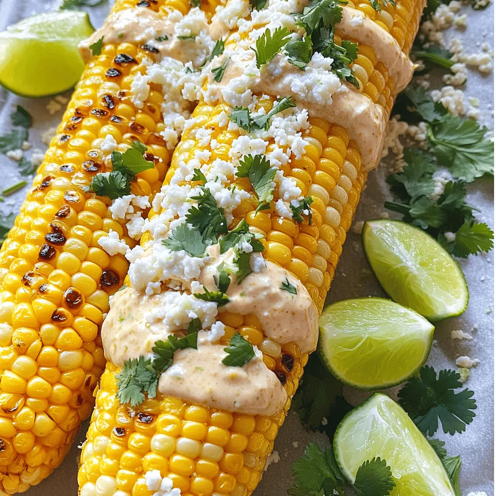 - 4 ears of corn, husked - 2 tablespoons mayonnaise - 1 tablespoon chipotle chili powder - 1 lime, zested and juiced - 1/4 cup cotija cheese, crumbled (or feta for a twist) - Fresh cilantro, chopped (for garnish) - Salt to taste - 2 tablespoons olive oil - Grill or grill pan - Mixing bowl - Basting brush You can switch the cheese for a different flavor if you want. Feta cheese gives a nice twist. If you’re vegan, use vegan mayonnaise instead of regular. Fresh herbs are best, but dried ones work too. Just use less. First, you need to husk the corn. Pull off the green leaves and silk until the ears are clean. This step helps the corn cook evenly and absorb the flavors better. Next, get your grill ready. Preheat it to medium-high heat. This temperature is perfect for grilling corn and gives it a nice char. In a mixing bowl, combine two tablespoons of mayonnaise, one tablespoon of chipotle chili powder, and the zest and juice of one lime. Stir until everything blends well. This sauce gives the corn its bold flavor. If you like it spicier, add more chipotle chili powder. You can taste it to find your perfect spice level. Once the grill is hot, brush the corn with two tablespoons of olive oil. Place the corn on the grill. Cook it for about 10 to 15 minutes. Make sure to turn it every few minutes. You’ll know the corn is done when it’s charred and tender. Keep an eye on it to prevent burning. After grilling, take the corn off the grill and let it cool for a minute. Now, evenly spread the chipotle-lime mixture over each ear of corn. For the final touch, squeeze fresh lime juice on top. Sprinkle crumbled cotija cheese and chopped cilantro for a pop of color. Serve your corn warm with extra lime wedges on the side for a refreshing bite! - Grill corn on medium-high heat. This gives it a nice char. - Turn the corn every few minutes. This helps it cook evenly. - Watch the corn closely. Avoid burning by moving it around. - Use a basting brush for oil. This adds flavor and prevents sticking. - Add spices like paprika or garlic powder. This gives your corn a tasty kick. - Try squeezing lime juice over the corn. It adds brightness. - Serve with creamy dips. This balances the spicy flavors. - Pair your corn with drinks like soda or iced tea. Refreshing options work best. - Serve corn on skewers for easy eating. This makes it fun. - Top with extra cotija cheese. It makes the corn look fancy. - Pair with grilled meats like chicken or steak. They complement each other well. - Add a side salad for freshness. It rounds out your meal nicely. {{image_2}} You can adjust the heat level of your chipotle lime corn. If you want mild flavors, use less chipotle chili powder. You can also try adding a touch of smoked paprika for a smoky taste without the heat. For a spicier kick, add chopped jalapeños or a few dashes of your favorite hot sauce. This way, you can make the corn just right for your taste buds. Seasonal ingredients can really change your dish. In summer, fresh herbs like basil or parsley can add a bright flavor. Mixing in grilled bell peppers or zucchini gives a colorful twist to your corn. You can also try adding cherry tomatoes for a juicy burst. These seasonal variations keep your corn exciting and fresh. How you serve the corn can make a big impact. You can use cute cob holders for a fun touch. If you are hosting a taco night, serve the corn on a colorful platter with lime wedges. This adds to the theme and makes it more festive. Another idea is to wrap the corn in parchment paper. This keeps it warm and makes a nice presentation. Always think about how to make your dish look as tasty as it is! To keep your chipotle lime corn fresh, store it in an airtight container. Glass containers work best, as they do not retain odors. Plastic containers are also fine but may absorb some smells over time. Place the corn in the fridge. It will stay good for about three days. Reheat grilled corn by using the grill or a microwave. If using the grill, heat it on low for a few minutes. This method keeps the flavor and texture intact. For the microwave, wrap the corn in a damp paper towel to add moisture. Heat for about 30 seconds to 1 minute, checking for warmth. You can freeze grilled corn, but it requires a few steps. First, let the corn cool. Then, cut it off the cob for easier storage. Place it in a freezer-safe bag or container. Squeeze out as much air as possible. Frozen corn can last up to six months, but it will lose some texture. To make this dish, start by husking the corn. Preheat your grill to medium-high heat. In a bowl, mix mayonnaise, chipotle chili powder, lime zest, and salt. Brush the corn with olive oil. Place it on the grill for about 10-15 minutes, turning it often until charred. Once grilled, spread the chipotle-lime mix over each ear. Squeeze fresh lime juice on top and sprinkle with cotija cheese and cilantro. You can use both fresh and frozen corn. Fresh corn has a sweet crunch. It’s best when in season. Frozen corn is also good and easy to find. Just thaw it first. Both options work well, but fresh corn gives a better texture and flavor. You can try many toppings for your corn. Here are a few ideas: - Crumbled bacon for a smoky flavor. - Avocado slices for creaminess. - Chili powder for extra heat. - A drizzle of lime crema for tang. - Fresh herbs like parsley or basil for brightness. Grilled corn can last for about 3 to 5 days in the fridge. Store it in an airtight container. If you want to keep it longer, you can freeze it. Just wrap it well in plastic wrap or foil. It can last for about 3 months in the freezer. To sum up, you learned how to make chipotle lime corn on the cob. We covered the key ingredients and tools needed, along with step-by-step instructions. I shared tips for grilling, flavoring, and serving this dish. You saw variations to fit your taste and advice on storage. I hope this guide helps you make a tasty side for your next meal. Enjoy your cooking and make it your own!