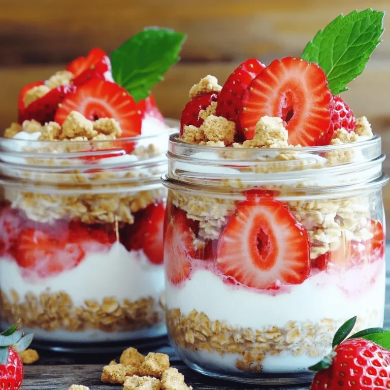 - 1 cup rolled oats - 1 cup almond milk (or milk of choice) - 1/2 cup Greek yogurt (plain or vanilla) - 1/4 cup cream cheese, softened - 2 tablespoons honey or maple syrup - 1/2 teaspoon vanilla extract - 1/2 cup fresh strawberries, hulled and sliced - 2 tablespoons crushed graham crackers for topping - A pinch of salt To make strawberry cheesecake overnight oats, you need simple, fresh ingredients. The oats form the base and soak up flavors overnight. Choose rolled oats for their chewy texture and health benefits. Next, you need a creamy blend of almond milk and Greek yogurt. The yogurt adds protein and richness, while almond milk keeps it light. Cream cheese brings that cheesecake flavor we all love. For sweetness, honey or maple syrup does the trick. Use vanilla extract for a warm touch. Fresh strawberries add natural sweetness and bright color. Lastly, crushed graham crackers provide a crunch that mimics the crust of a cheesecake. Gather these ingredients, and you’ll be ready to create a delicious, creamy delight! 1. Mix main ingredients in a bowl Start by taking a large mixing bowl. Add the rolled oats, almond milk, Greek yogurt, and softened cream cheese. Then, add honey or maple syrup, vanilla extract, and a pinch of salt. Mix everything well until it's smooth and creamy. 2. Fold in strawberries Next, gently fold in the sliced strawberries. This adds fresh flavor and a nice color. Make sure the strawberries are evenly spread throughout the mixture. 3. Portion into jars Now, divide the mixture into individual jars. Leave a little space at the top. This helps the oats expand as they soak. - Cover jars and refrigerate Cover each jar with its lid. Then, place them in the fridge. Let them chill overnight or for at least 4-6 hours. This allows the oats to absorb the liquid and soften nicely. - Stir before serving When it’s time to eat, give the oats a good stir. This mixes everything together again. - Add toppings Top each jar with crushed graham crackers. You can also add a few extra strawberry slices for decoration. This makes each serving look tasty and fun! You can change the milk type for your oats. Almond milk works well, but you can use any milk you like. Try oat milk for a creamy touch or coconut milk for a tropical twist. If you want a dairy-free option, swap Greek yogurt for coconut yogurt. This keeps it tasty and creamy without dairy. Use your favorite yogurt to make it your own. Serve your oats in clear jars. This shows off the beautiful layers of oats and strawberries. The bright red strawberries against the creamy oats look stunning. Add a fresh mint leaf on top. It gives a splash of green and a hint of freshness. This simple touch makes your dish extra special. You can adjust the sweetness based on your taste. Add more honey or maple syrup if you like it sweeter. Start with two tablespoons and add more if needed. Taste as you go to find your perfect balance. This way, your oats will be just right for you. {{image_2}} You can swap strawberries for other fruits. Blueberries or raspberries work well. They add natural sweetness and color. You can also add banana slices. Bananas give a creamy texture and a nice flavor boost. Want a chocolate twist? Add cocoa powder to the oats. It makes them rich and indulgent. You can also try spices like cinnamon. A pinch of cinnamon can warm up the flavor and add depth. If you want a lighter version, reduce the cream cheese. This change lowers the fat content. You can also use stevia instead of honey. This swap cuts calories while keeping the sweetness. These strawberry cheesecake overnight oats last up to five days in the fridge. Store them in airtight jars. This keeps them fresh and ready to eat. If you notice any signs of spoilage, like a strange smell or texture, it's best to toss them out. Yes, you can freeze overnight oats! Just make sure to use freezer-safe containers. They can last for about three months in the freezer. When you're ready to eat, simply take them out and let them thaw in the fridge overnight. To reheat, you can warm them in the microwave. Place the oats in a bowl and heat for about 30 seconds. Stir and check if they are warm enough. If not, heat in 10-second bursts. You can add a splash of milk for creaminess if they seem thick. Enjoy your delicious oats warm or cold! Overnight oats can last up to five days in the fridge. Store them in airtight jars. They taste best within three days, but they remain safe to eat for five days. The oats soak up the liquid and get softer over time. If you see any signs of spoilage, such as a bad smell or unusual texture, throw them away. Yes, you can make these oats vegan. Simply swap Greek yogurt with a plant-based yogurt. Use vegan cream cheese as well. Almond milk is a great choice, but any plant milk works. Replace honey with maple syrup for sweetness. This way, you can enjoy a creamy delight while keeping it vegan. You can use various toppings for your overnight oats. Here are some ideas: - Sliced bananas - Chopped nuts - Coconut flakes - Chocolate chips - Fresh berries Feel free to mix and match your favorites. Toppings add flavor, texture, and fun to your dish. Yes, overnight oats are healthy! They provide fiber from oats, which helps digestion. Greek yogurt adds protein for muscle health. Strawberries offer vitamins and antioxidants. Healthy fats from nuts or seeds can also be added. When you make them with wholesome ingredients, they can be a nutritious breakfast option. Enjoying them can support a balanced diet. In this post, we explored how to make delicious overnight oats. You learned about the key ingredients, simple steps, and creative ways to customize the dish. We also discussed variations, storage tips, and common questions. Overnight oats are easy to prepare and great for health. Experiment with flavors and toppings to find your favorite. With just a few ingredients, you can enjoy a tasty and nutritious breakfast every day. Enjoy your oats, get creative, and make them your own!