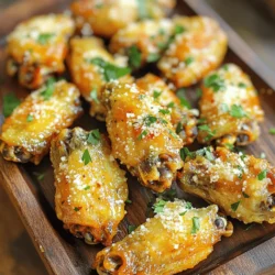 - 2 lbs chicken wings - 4 tablespoons olive oil - 4 cloves garlic, minced - 1 teaspoon salt - 1/2 teaspoon black pepper - 1 teaspoon smoked paprika - 1 teaspoon onion powder - 1/2 cup grated Parmesan cheese - 2 tablespoons fresh parsley, chopped (for garnish) - Optional: Red pepper flakes for added heat You can swap chicken wings for drumsticks if you prefer. For a lighter option, use skinless wings. If you want a dairy-free version, skip the Parmesan or use a dairy-free cheese. Instead of olive oil, avocado oil works well. You can also use garlic powder in place of fresh garlic if you have it on hand. Always dry the chicken wings before marinating. This step helps the wings become crispy. Use fresh garlic for the best flavor. When you pick Parmesan cheese, get the grated kind for easy melting. If you want a little kick, sprinkle red pepper flakes on top. This will give your wings a nice spicy touch! First, you need to get your chicken wings ready. Start by patting the wings dry with paper towels. This step helps make them crispy later. If they are wet, they won't crisp up in the air fryer. Trim any extra fat for a cleaner taste. Set the wings aside while you make the marinade. Now, let’s create the tasty garlic Parmesan marinade. In a large bowl, add 4 tablespoons of olive oil. Then, add 4 minced cloves of garlic. This gives the wings a great flavor. Next, toss in 1 teaspoon of salt, 1/2 teaspoon of black pepper, 1 teaspoon of smoked paprika, and 1 teaspoon of onion powder. Whisk all these ingredients together until they blend well. This marinade will coat the wings and help them soak up all the flavors. It’s time to cook your wings! First, preheat your air fryer to 400°F (200°C) for about 5 minutes. Once ready, add the wings to the air fryer basket. Make sure they are in a single layer for even cooking. Cook them for 25-30 minutes. Don’t forget to shake the basket halfway through. This helps them cook evenly. When they are golden brown and crispy, they are ready! Once cooked, transfer the wings to a large bowl. While they are still hot, sprinkle 1/2 cup of grated Parmesan cheese over them. Toss to coat the wings evenly. Finally, garnish with 2 tablespoons of chopped fresh parsley. If you like a bit of heat, add some red pepper flakes. Enjoy your delicious garlic Parmesan air fryer wings! To get the best crispy wings, start by drying them well. Use paper towels to remove moisture. Moisture makes wings soggy. Next, coat the wings with the olive oil and spice mix. This helps them crisp up in the air fryer. Make sure to place the wings in a single layer. If they overlap, they won't cook evenly. For great flavor, marinate your wings for at least 30 minutes. If you have time, let them sit for up to 2 hours. This allows the garlic and spices to soak in. Keep them in the fridge while marinating. If you're short on time, even a quick 10-minute soak can add some flavor. These wings shine when served fresh. Pair them with a side of ranch or blue cheese dressing. Fresh veggies like celery and carrots add crunch. For more flavor, sprinkle red pepper flakes on top. This adds a nice kick for those who like heat. Enjoy them as a snack or a meal. {{image_2}} If you crave a kick, try spicy garlic Parmesan wings. Just add red pepper flakes to the marinade. I suggest starting with 1 teaspoon. You can adjust the heat level based on your taste. This spicy twist gives the wings a nice warmth without overpowering the garlic and cheese flavor. You can also use hot sauce in the mix for an extra punch. For a fresh take, make an herb and lemon version. Add fresh herbs like thyme or rosemary to the marinade. The bright lemon juice adds a zesty flavor. Use the zest and juice of one lemon. This version is great for summer gatherings. The herbs and lemon balance the richness of the Parmesan perfectly. Want a vegetarian option? Use cauliflower florets instead of chicken wings. The cooking time will be shorter, about 15-20 minutes. Coat them in the same garlic and Parmesan mix. You can still get that crispy texture and delicious flavor. This makes for a great snack for everyone, even non-vegetarians! To keep your Garlic Parmesan air fryer wings fresh, let them cool first. Place the wings in an airtight container. Store them in the fridge for up to three days. Covering the wings keeps them from drying out. If you want to save space, stack them in layers with parchment paper in between. When you're ready to eat those tasty wings, here's how to reheat them. Use your air fryer for the best results. Preheat the air fryer to 375°F (190°C). Place the wings in a single layer. Heat them for about 5 to 7 minutes. This method makes them crispy again. If you don’t have an air fryer, you can use the oven. Just bake them at 350°F (175°C) for about 10 minutes. If you want to keep your wings longer, freezing works great. First, let them cool completely. Then, spread the wings out on a baking sheet. Freeze them for about 1 hour. This step stops them from sticking together. After they’re frozen, transfer them to a freezer bag. Make sure to remove as much air as you can. You can freeze them for up to three months. When you’re ready to eat them, thaw in the fridge overnight before reheating. The best temperature for air frying wings is 400°F (200°C). This heat helps the wings cook through while getting crisp on the outside. Cooking at this temp ensures a great texture and flavor. If you cook at a lower heat, the wings may not crisp up well. You should cook wings in an air fryer for 25 to 30 minutes. Remember to shake the basket halfway through. This step helps them cook evenly. Look for a golden brown color to know they are done. If they are not crispy enough, cook them a few more minutes. Yes, you can use frozen wings for this recipe. Just add a few extra minutes to the cooking time. Cook them until they reach an internal temperature of 165°F (74°C). It’s best to space them out in the basket. This helps them cook evenly and get crispy. This blog post covers all you need for making great wings. We looked at key ingredients and alternatives. I shared tips for cooking crispy wings in the air fryer. You learned about tasty variations and how to store leftovers. In conclusion, making wings is fun and easy. Experiment with flavors and cooking times. Enjoy your tasty wings with friends and family!