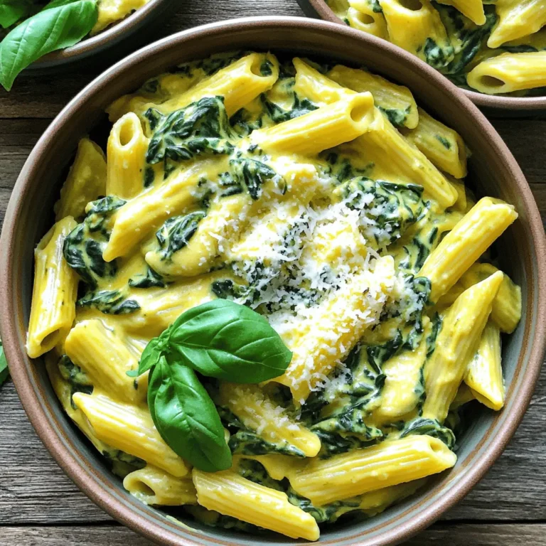 - 12 oz pasta (such as penne or fusilli) - 2 cups fresh spinach, roughly chopped - 1 cup ricotta cheese - 1/2 cup heavy cream - 1 cup vegetable broth - 1/2 cup grated Parmesan cheese - 2 cloves garlic, minced - 1 tablespoon olive oil - 1 teaspoon Italian seasoning - Salt and pepper to taste - Fresh basil leaves for garnish (optional) This dish is all about fresh and simple ingredients. First, choose your pasta. I love using penne or fusilli because they hold the sauce well. Next comes the spinach, which adds both color and nutrients. The ricotta cheese gives it a creamy texture, while heavy cream makes it rich. Vegetable broth adds depth, and Parmesan cheese gives it that savory kick. Garlic provides a lovely aroma and flavor. Olive oil helps to sauté the garlic, making it fragrant. Italian seasoning brings in a mix of herbs. Finally, salt and pepper tie everything together. For a pop of color, fresh basil leaves make a great garnish. You can also mix in some herbs or spices based on your taste. Each ingredient plays a role in making this dish delicious and creamy. You can feel good about using fresh items, making this meal both tasty and wholesome. - In a large pot, add 1 tablespoon of olive oil and 2 minced garlic cloves. - Sauté the garlic over medium heat for 1 minute. It should smell nice but not brown. - Next, add 12 oz of your favorite pasta and 1 cup of vegetable broth. - Stir everything well and add a pinch of salt. - Bring the pot to a boil. Then, lower the heat to a simmer. - Cook the pasta for 10-12 minutes. Stir it often until it is al dente, and most of the broth is gone. - Once the pasta is ready, lower the heat to low. - Stir in 2 cups of roughly chopped spinach, 1 cup of ricotta cheese, and 1/2 cup of heavy cream. - Add 1 teaspoon of Italian seasoning and 1/2 cup of grated Parmesan cheese. - Mix everything until it is creamy and well blended. - Season the dish with salt and pepper to taste. - Cook for another 2-3 minutes until the spinach wilts. - Remove the pot from heat and let it cool a bit before serving. How to prevent pasta from sticking: To stop pasta from sticking, stir it often while cooking. Adding a drop of olive oil to the water can also help. Make sure you use enough water to give the pasta room to move. This keeps it from clumping together. Perfecting sauce consistency: For a creamy sauce, add heavy cream slowly. Stir in the ricotta until it melts into the pasta. If the sauce is too thick, add a splash of vegetable broth. This gives you a smooth, rich texture that coats every bite. Presentation ideas with garnishes: Serve your pasta in shallow bowls for a pretty look. Top it with fresh basil leaves and a sprinkle of Parmesan cheese. This adds color and makes the dish feel special. Pairing recommendations with sides: This pasta pairs well with a crisp green salad or garlic bread. A light white wine, like Pinot Grigio, can also enhance the meal. Each bite will feel even more delightful with these sides. Gluten-free pasta options: For gluten-free diets, choose pasta made from rice or chickpeas. These options work well and taste great in this recipe. Just cook them according to package instructions for the best results. Dairy substitutes for ricotta: If you need a dairy-free option, try cashew cheese or tofu. Blending silken tofu with a bit of lemon juice can mimic the texture of ricotta. This keeps the dish creamy while meeting dietary needs. {{image_2}} You can easily switch some ingredients to make this dish unique. Here are a few ideas: - Different Greens: Instead of spinach, try using kale or arugula. Both can add a nice twist. Kale offers a hearty texture, while arugula brings a peppery flavor. - Alternative Cheeses: If you want a different cheese, use feta or goat cheese. Feta adds a salty bite, and goat cheese gives a creamy tang. These swaps can change the taste and texture of your pasta dish. Enhancing the flavor of your pasta is simple. Here are some suggestions: - Adding Protein: You can add cooked chicken or shrimp. They will make your meal heartier and more filling. Just toss them in when you mix the creamy sauce. - Experimenting with Spices: Try adding red pepper flakes for a kick. This spice can elevate the dish and add depth to the flavor. These additions make the pasta more exciting and flavorful. You can adapt this recipe to fit your cooking style. Here are two methods to consider: - Instant Pot Adaptation: You can make this dish in an Instant Pot. Just combine all the ingredients, set it to pressure cook for a few minutes, and you’re done. This method saves time and makes cleanup easy. - Skillet Version: If you need a quicker meal, use a skillet. Cook the pasta in a large skillet, adding broth and ingredients as you go. This method speeds up the process and still delivers great taste. These cooking methods help you enjoy this dish in different ways, based on your needs. To store your leftovers, let the pasta cool down first. Place it in an airtight container. This helps keep it fresh. Glass or plastic containers are good choices. Make sure to seal them tightly to avoid air exposure. You can freeze the pasta for later use. First, let it cool completely. Then, scoop it into freezer-safe bags. Squeeze out as much air as you can before sealing. For reheating, thaw the pasta overnight in the fridge. Heat it on low in a pan, adding a splash of broth or cream to keep it creamy. This dish lasts about 3 to 4 days in the fridge. Look for any signs of spoilage like an off smell or mold. If it smells strange or has changed color, throw it away. Enjoy your creamy pasta while it’s fresh for the best taste! Can I make this recipe dairy-free? Yes, you can swap ricotta and heavy cream for dairy-free alternatives. Use cashew cream or almond milk. Look for a dairy-free ricotta made from nuts or tofu. These swaps will keep the creamy texture while making it dairy-free. What are the best pasta choices for this dish? Penne and fusilli work well, but you can use any pasta. Try shells or farfalle for fun shapes. Whole grain or gluten-free pasta are great options too. They add flavor and nutrition to your meal. How can I add more vegetables to the recipe? You can mix in diced bell peppers, zucchini, or mushrooms. Broccoli or peas also add color and nutrients. Just sauté them with the garlic to soften them before adding pasta. This way, you boost the dish's flavor and health. What if I don’t have vegetable broth? You can use water if you have no broth. Just add extra seasoning to enhance flavor. Chicken broth is a good substitute too if you're not vegetarian. This keeps your pasta tasty and rich. Can I use dried spinach instead of fresh? Yes, but dried spinach needs rehydration. Use about 1/3 cup of dried spinach for this recipe. Soak it in warm water for 15 minutes, then drain. Add it as you would fresh spinach to keep it full of flavor. How to reheat leftovers without overcooking Reheat the pasta on low heat. Add a splash of water or broth to keep it creamy. Stir gently until warmed through. This helps avoid overcooking the pasta and keeps the sauce nice. Best ways to serve One-Pot Creamy Spinach Ricotta Pasta Serve in shallow bowls for a beautiful display. Garnish with fresh basil and an extra sprinkle of Parmesan. This adds color and extra flavor. Pair it with a side salad for a complete meal. This blog shared a simple recipe for One-Pot Creamy Spinach Ricotta Pasta. You learned about key ingredients, cooking steps, and helpful tips. Mixing spinach and ricotta in a single pot makes dinner easy and tasty. Try variations for new flavors and make it your own. Remember, storing leftovers properly keeps them fresh. Enjoy your cooking journey and the delicious results!