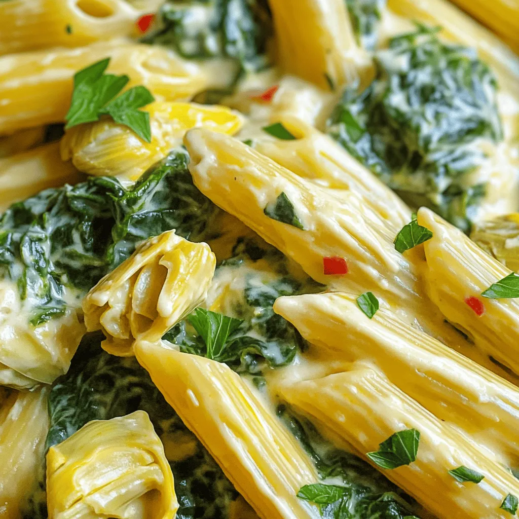 To make Creamy Spinach and Artichoke Dip Pasta, gather these ingredients: - 8 oz. pasta (penne or rotini works well) - 1 cup fresh spinach, roughly chopped - 1 cup canned artichoke hearts, drained and chopped - 1 cup cream cheese, softened - 1/2 cup Greek yogurt - 1/2 cup grated Parmesan cheese - 1/2 cup shredded mozzarella cheese - 2 cloves garlic, minced - 1 tablespoon olive oil - 1/2 teaspoon red pepper flakes (optional) - Salt and pepper to taste - Fresh parsley for garnish (optional) When preparing your ingredients, keep a few things in mind: - Chop the spinach and artichokes into small pieces for even cooking. - Soften the cream cheese by leaving it out before you start. This makes mixing easier. - Mince the garlic finely so it blends well with other flavors. You can swap some ingredients if needed: - Use any pasta type you like, such as spaghetti or fusilli. - Replace cream cheese with ricotta for a lighter dip. - Greek yogurt can be switched with sour cream if you prefer. - For a vegan option, use plant-based cream cheese and yogurt. - If you're out of Parmesan, try using Pecorino or nutritional yeast for a cheesy flavor. Start by bringing a large pot of salted water to a boil. This adds flavor to the pasta. Once it boils, add 8 oz. of your choice of pasta, like penne or rotini. Cook according to the package instructions until it is al dente. This usually takes about 8-10 minutes. After it cooks, drain the pasta, but keep 1/2 cup of the pasta water for later. This water will help the sauce mix in well. Next, grab a large skillet and heat 1 tablespoon of olive oil over medium heat. Once the oil is hot, add 2 minced cloves of garlic. Sauté the garlic for 1-2 minutes until it smells great. Then, add 1 cup of chopped fresh spinach and 1 cup of drained, chopped artichoke hearts. Cook these for about 3-4 minutes. You want the spinach to wilt down nicely and mix with the artichokes. After the veggies are ready, lower the heat. Now, it’s time to add the creamy goodness. Stir in 1 cup of softened cream cheese, 1/2 cup of Greek yogurt, and 1/2 cup of grated Parmesan cheese. Mix everything until it is smooth and creamy. If it feels too thick, pour in a splash of the reserved pasta water. This will help make it easier to mix. Now, take the cooked pasta and add it to the skillet with the creamy dip. Toss everything together until the pasta is well coated in that delicious sauce. If you find the mixture still seems too thick, you can add more reserved pasta water to help loosen it up to your liking. For the last step, stir in 1/2 cup of shredded mozzarella cheese and, if you like some heat, 1/2 teaspoon of red pepper flakes. Season with salt and pepper to taste. Let everything cook for about 2-3 minutes. You want the cheese to melt and the dish to heat through. Now, you’re ready to enjoy your creamy spinach and artichoke dip pasta! To make this dish super creamy, start with soft cream cheese. Blend it with Greek yogurt and Parmesan cheese. These add a rich, smooth texture. If your mixture feels too thick, use the reserved pasta water. Just a splash will help it become silky and easy to mix. Always stir until everything is well combined. This way, you avoid lumps. If you like heat, add red pepper flakes. Start with a little. You can always add more later. If you want less spice, leave them out. For a milder flavor, try adding more cheese instead. Mozzarella also offers a nice, creamy taste without the spice. Always taste your sauce as you go. Adjust salt and pepper to your liking for the best flavor. You can prep this dish ahead of time. Cook the pasta and make the creamy mixture in advance. Store each part in the fridge. When you're ready to eat, combine them in a skillet. Heat it gently over medium heat. If it seems thick, add a bit of reserved pasta water. This makes for a quick dinner on busy nights. Enjoy the ease of meal prep with this delicious recipe! {{image_2}} You can easily make this dish vegetarian. The base is already meat-free. Just focus on the vegetables. You can add more greens, like kale or arugula. You could also toss in some sun-dried tomatoes for a burst of flavor. These add a nice touch and keep it fresh. If you want to add protein, there are many choices. Grilled chicken or shrimp work well. Just cook them before adding to the pasta. For a meatless option, consider chickpeas. They add protein and fiber. You can also use tofu for a plant-based choice. Just sauté it with the vegetables for extra taste. For gluten-free pasta, use rice or corn-based options. They cook well and taste great. You can also try zucchini noodles for a low-carb version. Just spiralize the zucchini and lightly sauté it. This keeps the dish light and healthy while still being tasty. Store your creamy spinach and artichoke dip pasta in an airtight container. Let it cool to room temperature before sealing. This helps keep it fresh. Place it in the fridge. It will stay good for about 3 to 4 days. If you have more than you can eat, consider freezing some. Reheat the pasta on the stove for the best results. Add a splash of water or milk to prevent it from drying out. Stir it often over medium heat until warm. You can also use the microwave. Heat in short bursts, stirring in between. This helps warm it evenly. To freeze this dish, let it cool completely. Then, place it in a freezer-safe container. You can also use a freezer bag. Squeeze out the air to avoid freezer burn. It will stay good for up to 3 months. When ready to eat, thaw it in the fridge overnight before reheating. Yes, you can swap cheeses in this recipe. Cream cheese adds great texture, but you can try ricotta or goat cheese for a twist. For a sharper taste, use aged cheddar or Gruyère. Adjust the amounts to keep the creamy texture. To make this dish vegan, replace the cream cheese with cashew cream or a vegan cream cheese. Use coconut yogurt instead of Greek yogurt. For cheese, try nutritional yeast or a store-bought vegan cheese. Make sure to check labels for dairy-free options. This pasta pairs well with a fresh salad or garlic bread. A light arugula salad with lemon dressing complements the creamy pasta. You can also serve it with roasted vegetables or a simple steamed veggie mix for a balanced meal. This blog post covered essential steps to make a creamy pasta dip. You learned about key ingredients, preparation tips, and how to get the perfect creaminess. Exploring variations keeps the recipe fun, whether you prefer vegetarian or gluten-free options. The storage tips ensure leftovers last. Keep these ideas in mind to enjoy a delicious dish every time. Try the recipe, share it with friends, and make it your own. Happy cooking!