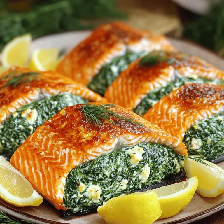 - 4 salmon fillets (6 oz each) - 1 cup fresh spinach, chopped - 1/2 cup feta cheese, crumbled - 1/4 cup cream cheese, softened - 2 cloves garlic, minced - 1 tablespoon lemon juice - 1 teaspoon dried dill - Salt and pepper, to taste - 2 tablespoons olive oil - Lemon wedges, for serving The salmon fillets are the star of this dish. They provide healthy fats and protein. Fresh spinach adds a bright color and nutrients. Feta cheese gives a tangy flavor and creamy texture. Cream cheese helps bind the filling. Garlic adds a warm, savory touch. Lemon juice brightens the dish. Dried dill offers a hint of freshness, while salt and pepper enhance all the flavors. If you can’t find fresh spinach, use frozen spinach. Just thaw and drain it well. For feta cheese, try goat cheese for a different taste. If you need a dairy-free option, use a plant-based cream cheese. You can swap the olive oil for butter if you want a richer flavor. For lemon juice, lime juice works in a pinch. Start by gathering all your ingredients. You will need: - 4 salmon fillets (6 oz each) - 1 cup fresh spinach, chopped - 1/2 cup feta cheese, crumbled - 1/4 cup cream cheese, softened - 2 cloves garlic, minced - 1 tablespoon lemon juice - 1 teaspoon dried dill - Salt and pepper, to taste - 2 tablespoons olive oil - Lemon wedges, for serving In a bowl, mix the spinach, feta, cream cheese, garlic, lemon juice, dill, salt, and pepper. Stir well until everything is combined. This mixture is the heart of the dish, so make sure it is tasty. Next, take each salmon fillet. Use a sharp knife to slice a pocket into the side of each fillet. Be careful not to cut all the way through. This pocket will hold your stuffing. Once you have made the pockets, stuff each one with the spinach and feta mix. If needed, use toothpicks to keep the stuffing inside. Heat olive oil in a large oven-safe skillet over medium-high heat. Wait until the oil is hot. Then, place the stuffed salmon fillets in the skillet, skin side down. Cook them for about 3-4 minutes. You want the skin to be nice and crispy. After that, carefully flip the fillets over. Once flipped, transfer the skillet to your preheated oven at 375°F (190°C). Bake the salmon for 12-15 minutes. The fish should be cooked through and flake easily with a fork. This step ensures that the flavors meld perfectly. Once done, take the salmon out of the oven. Let it rest for 2-3 minutes. This allows the juices to settle, making each bite moist and flavorful. When serving, place the stuffed salmon on a plate. Pair it with steamed veggies or a fresh salad for a complete meal. Add lemon wedges on the side for extra zing. A sprinkle of fresh dill makes the dish look even better. Enjoy your delicious creation! To stuff your salmon perfectly, first, make a pocket. Use a sharp knife to slice each fillet. Cut it horizontally, but do not cut all the way through. This keeps the filling inside. Next, take your spinach and cheese mixture. Fill each pocket with this mix. Use a toothpick to close the opening if needed. This helps keep the stuffing from leaking out while cooking. The best way to cook salmon is at the right temperature. Start by preheating your oven to 375°F (190°C). This helps cook the fish evenly. When you sear the salmon in a skillet, use medium-high heat. Cook the skin side down for 3-4 minutes until it’s crispy. Then, flip it over and transfer the skillet to the oven. Bake for 12-15 minutes. The salmon is done when it flakes easily with a fork. For a stunning plate, serve your stuffed salmon on a clean dish. Pair it with steamed vegetables or a fresh salad. This adds color and nutrition. To elevate the look, garnish your dish with lemon wedges. A sprinkle of fresh dill on top adds a nice touch too. These small details make your dish pop and impress your guests. {{image_2}} You can mix up the stuffing in many ways. Try adding cooked quinoa for texture. You can also use goat cheese instead of feta for a different taste. For a spicy kick, add diced jalapeños or red pepper flakes. You might like artichoke hearts or sun-dried tomatoes for extra flavor. Feel free to toss in fresh herbs like basil or parsley to brighten the dish. Just remember to keep the balance of flavors in mind. Baking is a classic way to cook stuffed salmon. It keeps the fish tender and moist. However, grilling gives your salmon a smoky flavor. If you grill, make sure to use a grill pan to prevent sticking. Cook over medium heat, turning carefully. Both methods work well, so choose what fits your taste and tools. Each method adds its own charm to the dish. When serving spinach feta stuffed salmon, sides make a big difference. I love pairing it with steamed veggies like asparagus or broccoli. A fresh salad with lemon vinaigrette complements the flavors nicely. You could also serve it with fluffy rice or creamy mashed potatoes. For a touch of elegance, add lemon wedges and a sprinkle of fresh dill on top. These sides enhance the meal and make your plate look great. To store leftover spinach feta stuffed salmon, let it cool first. Wrap each fillet in plastic wrap or aluminum foil. Place the wrapped salmon in an airtight container. This keeps it fresh and prevents any odors from mixing. Store it in the fridge for up to three days. When you're ready to enjoy your leftovers, preheat the oven to 350°F (175°C). Place the salmon in a baking dish, and cover it with foil. This helps keep moisture in. Heat for about 15 minutes, or until warmed through. You can also use a microwave, but be careful. Heat it in short bursts to avoid drying out the fish. Yes, you can freeze spinach feta stuffed salmon. Wrap each piece tightly in plastic wrap, then place it in a freezer bag. Make sure to remove as much air as possible. This helps prevent freezer burn. You can freeze it for up to three months. When ready to eat, thaw it overnight in the fridge before reheating. The best way to check salmon is by using a fork. Gently poke the fish. If it flakes easily, it’s done. You can also use a meat thermometer. The thickest part should reach 145°F (63°C). This ensures the salmon is safe to eat and full of flavor. Yes, you can use frozen salmon. Just make sure to thaw it first. To thaw, place it in the fridge overnight or use cold water for quicker results. Once thawed, you can follow the recipe as normal. This will not change the taste of your dish. If you can’t find feta cheese, try using goat cheese or ricotta. These cheeses have similar textures and flavors. Cream cheese can work too, but it will change the taste a bit. Choose what you like best for a tasty stuffed salmon. You can prepare the stuffing a day before. Keep it in the fridge until you are ready to cook. You can also stuff the salmon fillets and store them in the fridge for up to 24 hours. Just be sure to cook them fresh for the best taste. In this post, I covered how to make spinach feta stuffed salmon. I shared the key ingredients, prep steps, cooking tips, and serving ideas. You learned good substitutes, storage methods, and how to reheat properly. Whether you grill or bake, there are many ways to enjoy this dish. Don't forget to explore the variations for your own twist. Cooking can be fun and simple. Enjoy your delicious meal!