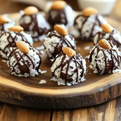 - 1 cup rolled oats - 1/2 cup almond flour - 1/4 cup unsweetened cocoa powder - 1/3 cup almond butter - 1/4 cup honey or maple syrup - 1/2 cup shredded unsweetened coconut - 1/4 teaspoon vanilla extract - 1/4 teaspoon salt - 24 whole almonds (for topping) - 1/2 cup dark chocolate chips (for melting) - Large mixing bowls - Parchment-lined baking sheet - Microwave-safe bowl Gather these ingredients before you start. The rolled oats give a great texture. The almond flour adds a nutty flavor. Cocoa powder brings that rich chocolate taste. Almond butter binds it all together and adds creaminess. Honey or maple syrup sweetens the bites perfectly. For extra flavor, use shredded coconut. Vanilla extract enhances the taste. Salt balances the sweetness. Whole almonds make a crunchy topping. Dark chocolate chips will melt for a sweet finish. You'll need large mixing bowls to combine the ingredients. A parchment-lined baking sheet helps keep the bites from sticking. A microwave-safe bowl is necessary for melting the chocolate. Having everything ready will make your cooking smooth and fun! - First, gather a large mixing bowl. - Add 1 cup of rolled oats, 1/2 cup of almond flour, 1/4 cup of cocoa powder, and 1/4 teaspoon of salt. - Mix these dry ingredients well. - In another bowl, combine 1/3 cup of almond butter, 1/4 cup of honey, or maple syrup, and 1/4 teaspoon of vanilla extract. - Stir until you have a smooth blend. - Now, pour the wet ingredients into the dry mix. - Add 1/2 cup of shredded coconut. - Mix everything well until it’s fully combined. - Take a small amount of the mixture in your hands. - Roll it into a bite-sized ball. - Repeat this process until all the mixture is shaped into balls. - Place each ball on a parchment-lined baking sheet. - Press one whole almond on top of each ball. - To melt the chocolate, take 1/2 cup of dark chocolate chips. - Use a microwave-safe bowl and heat the chocolate in 30-second intervals. - Stir between intervals until it’s smooth. - You can now drizzle or dip each bite into the melted chocolate. - Once coated, place the baking sheet in the refrigerator. - Let the bites chill for about 30 minutes. - Store in an airtight container in the fridge. - Best consumed within a week. I recommend keeping your No-Bake Chocolate Almond Joy Bites in the fridge. This keeps them fresh and tasty. An airtight container works best. I find they taste best within a week. After that, they may lose some of their charm. - Arrange bites on a serving platter. - Garnish with extra shredded coconut or cocoa powder. When serving, arrange the bites on a pretty platter. It makes them look fancy. You can add some extra shredded coconut on top or a light dusting of cocoa powder for a special touch. This small step makes your treats pop! - Use different nut butters for variety. - Experiment with sweeteners like agave or molasses. Feel free to mix things up! You can try different nut butters. Peanut butter or cashew butter can change the flavor. Also, experiment with sweeteners. Agave or molasses can add a unique twist. Your creativity makes these bites even more fun! {{image_2}} You can easily switch up the flavors in these bites. A pinch of cinnamon adds warmth and depth. It gives a nice twist to the classic taste. You can also mix in other nuts like pecans or walnuts. This adds crunch and a new flavor profile. If you want a gluten-free treat, use gluten-free oats. This simple swap keeps the taste great. You can also switch almond flour for coconut flour, if that’s what you have. Both options work well, so feel free to experiment. For chocolate lovers, there are plenty of choices. You could try using white chocolate or milk chocolate instead of dark chocolate. This will change the taste but keep it sweet. If you want a fresh taste, blend in some mint extract. It gives a mint chocolate twist that is delightful. Keep your chocolate almond joy bites in the refrigerator. This helps them stay fresh. An airtight container works best. You can freeze the bites for longer storage. They freeze well and still taste great. To serve, just thaw them in the refrigerator. Enjoy these bites within a week. Always check for freshness before eating. If they smell off or look strange, it’s best to discard them. Yes, you can make these bites vegan. Just swap honey for maple syrup. Also, use a dairy-free chocolate option. This way, everyone can enjoy these tasty treats. To make these bites gluten-free, use gluten-free rolled oats. Always check the labels of other ingredients. This ensures that you don’t add any gluten by mistake. The best way to melt chocolate is to use a microwave. Heat the chocolate in short bursts of 30 seconds. Stir in between to keep it smooth. This method helps avoid burning the chocolate. Yes, you can substitute almond butter with other nut or seed butters. Peanut butter, cashew butter, or sunflower seed butter all work well. This gives you a chance to play with different flavors. These bites are simple to make and tasty. You mix ingredients, shape them into balls, then coat them in chocolate. Follow the steps and tips for great results. You can customize them based on your taste or dietary needs. Try different flavors and storage methods for extra fun. Enjoy these healthy treats with friends and family. They are a delicious way to satisfy your sweet cravings!