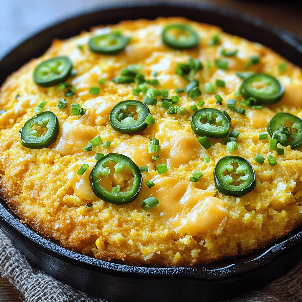 To make Jalapeño Cheddar Cornbread, you need simple ingredients. Here is the list: - 1 cup cornmeal - 1 cup all-purpose flour - 1 tablespoon sugar - 1 tablespoon baking powder - 1/2 teaspoon salt - 1 cup buttermilk (or milk with vinegar) - 2 large eggs - 1/4 cup vegetable oil - 1 cup shredded sharp cheddar cheese - 2 jalapeños, finely chopped - 1/4 cup green onions (optional) Each ingredient plays a key role. The cornmeal gives that classic cornbread taste. All-purpose flour adds structure. Sugar balances the heat and adds a hint of sweetness. Baking powder helps it rise. Salt brings out flavors. Buttermilk keeps the bread moist and tender. Eggs bind the mix and add richness. Vegetable oil ensures a soft texture. Sharp cheddar cheese gives a delicious, tangy flavor. Jalapeños add warmth and spice. Feel free to adjust the jalapeño amount for your taste. If you want more heat, leave some seeds in! The green onions can brighten the flavor, but they are optional. Enjoy gathering these ingredients and getting ready to bake! - Preheat the oven to 400°F (200°C). - Grease a 9-inch square baking pan or a cast-iron skillet. - Whisk together: - 1 cup cornmeal - 1 cup all-purpose flour - 1 tablespoon sugar - 1 tablespoon baking powder - 1/2 teaspoon salt Mix these dry items well. This mix gives the cornbread its great texture. - In a separate bowl, mix: - 1 cup buttermilk (or milk with 1 tablespoon vinegar added) - 2 large eggs - 1/4 cup vegetable oil Ensure this mix is smooth. - Now, combine the wet and dry ingredients. Stir just enough to mix. Do not overmix. This keeps the cornbread light. - Gently fold in: - 1 cup shredded sharp cheddar cheese - 2 jalapeños, finely chopped (seeds removed for less heat) Make sure the cheese and jalapeños are even throughout the batter. - Pour the batter into your prepared dish. Spread it out evenly. - Bake for 20-25 minutes. Check for doneness with a toothpick. If it comes out clean, it’s done. Enjoy the aroma while it bakes! The top will turn golden brown. - Use sharp cheddar for richer taste. - Adjust jalapeño quantity for desired heat level. Using sharp cheddar makes your cornbread really stand out. It adds a deep flavor that pairs well with the cornmeal. If you want more heat, add more jalapeños. If you prefer it milder, remove the seeds before chopping. - Avoid overmixing the batter. - Letting the mixture sit briefly can enhance texture. Mixing too much can make your cornbread tough. Stir just until the wet and dry ingredients blend. Letting the batter rest for a few minutes helps it rise better. This brief pause allows the cornmeal to absorb the liquids fully. - Garnish with green onions before serving. - Serve warm for best flavor. Chop some green onions and sprinkle them on top. They add a nice pop of color and flavor. Always serve your cornbread warm. This makes it taste its best and brings out all the flavors. {{image_2}} You can boost the flavor by adding more cheese. Use a mix of cheeses for depth. Consider using Monterey Jack or pepper jack for a fun twist. The more cheese, the creamier the cornbread will be. This adds great taste and keeps the bread moist. If you enjoy a hint of sweetness, add more sugar to the mix. Just a couple of extra tablespoons can change the flavor. This sweet twist pairs well with spicy dishes. You’ll find it a delightful balance of flavors in each bite. Want a healthier version? Replace all-purpose flour with whole wheat flour. This swap adds more fiber and nutrients to your cornbread. You can also use Greek yogurt instead of buttermilk. This change keeps it creamy while cutting down on fat. After you enjoy your cornbread, store any extras in an airtight container. This keeps the cornbread fresh at room temperature. If you want it to last longer, put it in the fridge. This way, it stays good for several days. If you want to save some for later, wrap the cornbread tightly. Use plastic wrap or foil to wrap it well. This helps to keep out air and moisture. When you are ready to eat it again, thaw it out. You can warm it in the oven or microwave before serving. Enjoying your cornbread later is just as tasty! Yes, but fresh jalapeños yield better flavor. Fresh ones have a bright taste and a crisp bite. They also add a nice pop of color to your cornbread. If you only have frozen, they will work, but expect a milder taste. It pairs well with chili, soups, or grilled meats. The cornbread adds great texture and flavor to these dishes. You can also enjoy it with a simple salad for a light meal. A toothpick inserted in the center should come out clean. If it has wet batter on it, bake a few minutes longer. The top should be golden brown and slightly firm to the touch. Yes, use a plant-based milk substitute and dairy-free cheese. Almond, soy, or oat milk are good choices. They will keep your cornbread moist and tasty without any dairy. For detailed instructions, refer to the Full Recipe for Jalapeño Cheddar Cornbread. This blog post covered how to make delicious Jalapeño Cheddar Cornbread. We explored the ingredients, preparation steps, and tips for great flavor and texture. Remember to adjust the heat from jalapeños to match your taste. You can also create variations based on your preferences. With simple storage tips, you can keep leftovers fresh. Enjoy this tasty dish, whether at a family meal or a casual gathering. You’ll impress everyone with your cooking skills!