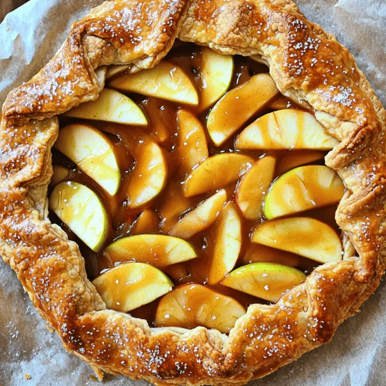 To make a delicious caramel apple galette, you'll need fresh and simple ingredients. Here’s what you should gather: - 2 large apples (such as Granny Smith or Honeycrisp), peeled, cored, and thinly sliced - 1 tablespoon lemon juice - 1/2 cup granulated sugar - 1/4 cup unsalted butter - 1 teaspoon ground cinnamon - 1/4 teaspoon nutmeg - 1 pre-made pie crust (store-bought or homemade) - 1 egg (for egg wash) - 1 tablespoon milk (for egg wash) - Sea salt for garnish (optional) Using the right apples is key. I love Granny Smith for their tartness, which balances the sweet caramel. Honeycrisp adds a nice crisp texture. The lemon juice helps keep the apples bright and fresh. The butter and sugar combine for a rich caramel that coats the apples perfectly. Cinnamon and nutmeg bring warmth and depth to the flavor. You can use a store-bought crust to save time or make your own if you feel adventurous. The egg wash gives the crust a lovely golden color. A sprinkle of sea salt at the end enhances the flavors beautifully. Each ingredient plays a role in creating a cozy dessert that celebrates fall. Start with two large apples. I like to use Granny Smith or Honeycrisp. - Peeling, Coring, and Slicing Apples: First, peel the apples. Then, core them and slice them thinly. Aim for even pieces for uniform cooking. - Mixing with Lemon Juice and Spices: In a bowl, add the apple slices. Pour in one tablespoon of lemon juice. Add half a cup of granulated sugar, one teaspoon of ground cinnamon, and a quarter teaspoon of nutmeg. Toss everything well. Ensure all slices are coated. Now, let’s make the caramel. This step adds a rich flavor. - Melting the Butter: In a medium saucepan, place a quarter cup of unsalted butter. Heat on medium until it melts. - Adding Sugar and Monitoring Color: Next, add half a cup of granulated sugar. Stir slowly until it bubbles. Watch closely. After 3-4 minutes, it should turn a light caramel color. Remove from heat right away. It's time to bring everything together. - Rolling Out the Pie Crust: Take your pre-made pie crust. Roll it out on a floured surface until it’s about 12 inches wide. - Arranging Apples and Folding Edges: Place the caramel-coated apples in the center, leaving a 2-inch border. Carefully fold the crust edges over the apples. Crimp or pleat them for a nice look. - Brushing with Egg Wash: In a bowl, whisk one egg with one tablespoon of milk. Use this mixture to brush the crust. This gives it a lovely golden color. Finally, it’s time to bake! - Preheating the Oven: Preheat your oven to 375°F (190°C). Line a baking sheet with parchment paper. - Timing and Temperature for Perfect Baking: Bake the galette for 35-40 minutes. You want the crust to be golden brown and the apples tender. Check it halfway through to make sure it’s baking evenly. When making a caramel apple galette, the type of apple matters. You can choose sweet or tart apples. Sweet apples, like Honeycrisp, add natural sweetness. Tart apples, like Granny Smith, give a nice balance. I often mix both for depth of flavor. Best Varieties for Baking: - Honeycrisp - Granny Smith - Fuji - Jonagold These apples hold their shape and add great taste when baked. Caramel can be tricky, but with some tips, you can master it. First, watch the heat. You want a nice bubble without burning. Stir often to help it cook evenly. Avoiding Common Mistakes: - Don’t rush the process. - Keep an eye on the color. - Use a heavy pan for even heating. Tips for Flavor Enhancement: - Add a pinch of sea salt for balance. - A splash of vanilla can deepen the flavor. A warm galette is great on its own, but you can elevate it. Serve it with a scoop of vanilla ice cream or a dollop of whipped cream. Both options add creaminess and sweetness. Presentation Ideas: - Drizzle extra caramel on top. - Sprinkle with chopped nuts for crunch. - Dust with powdered sugar for a pretty touch. These ideas will make your galette look as good as it tastes! {{image_2}} - Adding Vanilla Extract A splash of vanilla makes the galette even better. It adds warmth and depth. You can mix in a teaspoon when you combine the apples. This small tweak can change the whole taste. - Incorporating Nuts (pecans, walnuts) Nuts give a nice crunch. Try adding chopped pecans or walnuts to the apple mix. About half a cup works well. The nuts add texture and flavor. - Pear-Caramel Galette Swap apples for pears for a new twist. Use ripe pears and follow the same steps. This will give you a sweet and juicy dessert. - Mixed Berry Apple Galette Combine apples with mixed berries. Use blueberries, raspberries, or strawberries. This mix adds a fresh and tart flavor. Just use one cup of berries with your apples. - Gluten-Free Options You can use a gluten-free pie crust. Many stores sell this. It lets everyone enjoy the galette. - Vegan Substitutes for Ingredients To make it vegan, swap the butter for coconut oil. For the egg wash, use almond milk instead of egg and milk. This keeps it just as tasty while fitting vegan diets. To keep your caramel apple galette fresh, store it in the fridge. Place it in an airtight container. This keeps the crust from getting soggy. You can also cover it with plastic wrap. It will stay fresh for about 3 to 4 days. If you want to save your galette for later, freezing is a great option. To freeze an unbaked galette, wrap it well in plastic wrap. Then, put it in a freezer bag. It can last up to 2 months in the freezer. When you're ready to bake, remove the galette from the freezer. Let it thaw in the fridge overnight. Bake it straight from the fridge without thawing. This helps keep the crust crisp. Enjoy your delicious galette at any time! A galette is a type of free-form pie. It has a crust that wraps around the filling. You can make it with sweet or savory ingredients. It is simpler than a regular pie. The rustic look makes it charming. The galette is perfect for casual gatherings. Yes, you can prepare the galette in advance. You can make the apple filling the day before. Store it in the fridge to keep it fresh. You can also roll out the crust ahead of time. Just wrap it and chill until you are ready to bake. To keep the crust flaky, use cold butter. Cold butter creates steam when baking. This steam helps make the crust light and airy. Do not overwork the dough. Mix just until combined. Chill the dough before rolling it out for best results. I love serving caramel apple galette with vanilla ice cream. The warm galette and cold ice cream make a great pair. You can also serve it with whipped cream. A drizzle of extra caramel adds a nice touch. For a twist, try serving it with a scoop of cinnamon gelato. Yes, you can use a different crust if you like. A puff pastry can give a light, flaky texture. A whole wheat crust adds a nutty flavor. You can even try a gluten-free crust. Just make sure to adjust baking time if needed. In this post, we explored how to make a delicious caramel apple galette. We covered the key ingredients, from apples and spices to how to create your caramel. You learned step-by-step instructions, helpful tips, and fun variations to make it your own. In the end, this simple dessert brings joy to any meal. Experiment with flavors and enjoy your own galette masterpiece!