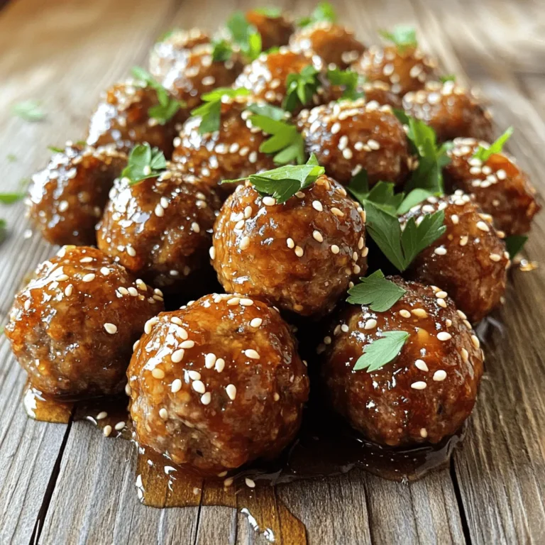 - 1 lb ground beef or turkey - 1/2 cup breadcrumbs - 1/4 cup finely chopped onion - 2 cloves garlic, minced - 1 large egg - 2 tablespoons fresh parsley, chopped - 1 teaspoon salt - 1/2 teaspoon black pepper - 1/2 cup honey - 1/4 cup soy sauce (or tamari for gluten-free) - 1 tablespoon rice vinegar - 1 tablespoon cornstarch mixed with 1 tablespoon water (to thicken sauce) - Sesame seeds for garnish To make honey garlic meatballs, you need fresh and simple ingredients. Ground beef or turkey is the main protein. You can choose what you like best. Breadcrumbs add texture, while onion and garlic give great flavor. The egg holds everything together. Fresh parsley adds a nice touch. Salt and black pepper enhance the taste. Honey is the star of the sauce, providing sweetness. Soy sauce or tamari brings umami. Rice vinegar adds a bit of tang. Cornstarch thickens the sauce, making it sticky and delicious. Finally, sesame seeds give a nice crunch on top. These ingredients work together to create a dish that is loved by many. Each bite is a mix of sweet, savory, and a hint of spice. When you gather these items, you are ready to make a meal that everyone will enjoy. To start, grab a large mixing bowl. In it, combine the ground beef or turkey, breadcrumbs, chopped onion, minced garlic, egg, parsley, salt, and pepper. Use your hands to mix everything well. Make sure all the ingredients are blended together. This step is key for tasty meatballs. Next, shape the mixture into small meatballs, about 1 inch wide. You can use your hands for this. Keep them uniform for even cooking. Place the meatballs on a lined baking sheet, leaving some space between them. Now, let’s get the oven ready. Preheat it to 400°F (200°C). This temperature helps the meatballs brown nicely. Once the oven is hot, place your baking sheet inside. Bake the meatballs for 15 to 20 minutes. They should be cooked through and golden brown. Check them halfway through to ensure they cook evenly. The smell will be amazing as they bake. While the meatballs are baking, it’s time for the sauce. In a saucepan, add honey, soy sauce, and rice vinegar. Heat it over medium heat and stir to mix. Bring it to a gentle simmer. Now, mix cornstarch with water in a small bowl. Whisk it into the sauce. This will help thicken it. Cook the sauce for 2 to 3 more minutes. It should become thick and glossy. Once the meatballs are done, take them out of the oven. Move them to the saucepan and toss them gently in the sauce. This makes every meatball deliciously sticky. Serve them warm, and sprinkle some sesame seeds on top for a nice touch. Using fresh ingredients is key. Fresh herbs and spices boost the taste of your meatballs. I love using fresh parsley and garlic. They add bright flavors that dried herbs can't match. When seasoning, start with a light hand. You can always add more salt and pepper later. Taste the mixture before forming meatballs to ensure it’s perfect. Choosing the right meat is important. Ground beef gives a rich flavor, while turkey is lean and lighter. Think about what you prefer. For texture, breadcrumbs help keep meatballs from being too dense. If your mixture feels too wet, add more breadcrumbs. If it feels dry, a bit of milk or broth can help. Garnishing adds a nice touch. I like to sprinkle sesame seeds on top. They give a nice crunch and look great on the plate. Fresh parsley also brightens the dish. Pair the meatballs with rice or noodles for a filling meal. You can also serve them as appetizers with toothpicks. Everyone loves finger foods! {{image_2}} You can change up the main meat in these meatballs. Ground chicken works great. It is lighter but still tasty. You can also try meat substitutes. They are a good option for veggie lovers. Customizing with herbs adds a nice touch. You can use basil, oregano, or thyme. These herbs bring fresh flavors to the dish. Mix them into the meatball mixture for a unique taste. Want some heat? Add sriracha to the honey garlic sauce. It will give your dish a spicy kick. Start with a small amount and taste as you go. You can also switch sweeteners. Instead of honey, try maple syrup or agave. Each sweetener has its own flavor. This gives you different tastes in your meatballs. Meatballs are great on their own, but you can make them a meal. Try meatball subs. Just place the meatballs in a bun with sauce and cheese. Skewers make for fun appetizers. Thread the meatballs onto sticks. You can grill or bake them for a tasty bite-sized snack. To keep your honey garlic meatballs fresh, place them in an airtight container. Store them in the fridge for up to three days. This will help retain their flavor and moisture. If you notice any off smells, it's best to toss them out. You can freeze cooked meatballs for later use. First, let them cool completely. Then, place them in a single layer on a baking sheet. Freeze them for about two hours. After that, transfer the meatballs to a freezer-safe bag or container. They will stay good for up to three months. When you’re ready to eat, just thaw them in the fridge overnight. To reheat the meatballs, the oven or stovetop works best. For the oven, set it to 350°F (175°C). Place the meatballs on a baking sheet and heat for about 15 minutes. If using the stovetop, add a bit of sauce to a pan. Heat the meatballs over medium heat until warmed through. Avoid the microwave, as it can make the meatballs tough. Honey garlic meatballs can last about 3 to 4 days in the fridge. To keep them safe, store them in an airtight container. Make sure the meatballs cool down before sealing them. If they are still warm, moisture can build up and spoil the meatballs faster. Yes, you can make honey garlic meatballs ahead of time. Prepare the meatballs and cook them. Let them cool, and then place them in a container. You can freeze them for up to three months. When ready to serve, thaw them in the fridge overnight. Reheat in the oven or on the stove with some sauce for best results. Honey garlic meatballs pair well with many sides. Here are some great options: - Steamed rice - Mashed potatoes - Noodles - Salad - Veggies like broccoli or green beans You can also serve them as appetizers with toothpicks. Enjoy finding the best combo for your meal! You learned how to make delicious honey garlic meatballs using fresh ingredients. Mixing the right meats, seasonings, and sauces creates amazing flavors. You now have tips for better texture and serving ideas. Remember, you can also customize proteins and sauces to suit your taste. These meatballs are great for parties or quick meals. Enjoy the process and impress others with your new skills in the kitchen!
