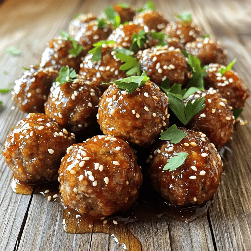 - 1 lb ground beef or turkey - 1/2 cup breadcrumbs - 1/4 cup finely chopped onion - 2 cloves garlic, minced - 1 large egg - 2 tablespoons fresh parsley, chopped - 1 teaspoon salt - 1/2 teaspoon black pepper - 1/2 cup honey - 1/4 cup soy sauce (or tamari for gluten-free) - 1 tablespoon rice vinegar - 1 tablespoon cornstarch mixed with 1 tablespoon water (to thicken sauce) - Sesame seeds for garnish To make honey garlic meatballs, you need fresh and simple ingredients. Ground beef or turkey is the main protein. You can choose what you like best. Breadcrumbs add texture, while onion and garlic give great flavor. The egg holds everything together. Fresh parsley adds a nice touch. Salt and black pepper enhance the taste. Honey is the star of the sauce, providing sweetness. Soy sauce or tamari brings umami. Rice vinegar adds a bit of tang. Cornstarch thickens the sauce, making it sticky and delicious. Finally, sesame seeds give a nice crunch on top. These ingredients work together to create a dish that is loved by many. Each bite is a mix of sweet, savory, and a hint of spice. When you gather these items, you are ready to make a meal that everyone will enjoy. To start, grab a large mixing bowl. In it, combine the ground beef or turkey, breadcrumbs, chopped onion, minced garlic, egg, parsley, salt, and pepper. Use your hands to mix everything well. Make sure all the ingredients are blended together. This step is key for tasty meatballs. Next, shape the mixture into small meatballs, about 1 inch wide. You can use your hands for this. Keep them uniform for even cooking. Place the meatballs on a lined baking sheet, leaving some space between them. Now, let’s get the oven ready. Preheat it to 400°F (200°C). This temperature helps the meatballs brown nicely. Once the oven is hot, place your baking sheet inside. Bake the meatballs for 15 to 20 minutes. They should be cooked through and golden brown. Check them halfway through to ensure they cook evenly. The smell will be amazing as they bake. While the meatballs are baking, it’s time for the sauce. In a saucepan, add honey, soy sauce, and rice vinegar. Heat it over medium heat and stir to mix. Bring it to a gentle simmer. Now, mix cornstarch with water in a small bowl. Whisk it into the sauce. This will help thicken it. Cook the sauce for 2 to 3 more minutes. It should become thick and glossy. Once the meatballs are done, take them out of the oven. Move them to the saucepan and toss them gently in the sauce. This makes every meatball deliciously sticky. Serve them warm, and sprinkle some sesame seeds on top for a nice touch. Using fresh ingredients is key. Fresh herbs and spices boost the taste of your meatballs. I love using fresh parsley and garlic. They add bright flavors that dried herbs can't match. When seasoning, start with a light hand. You can always add more salt and pepper later. Taste the mixture before forming meatballs to ensure it’s perfect. Choosing the right meat is important. Ground beef gives a rich flavor, while turkey is lean and lighter. Think about what you prefer. For texture, breadcrumbs help keep meatballs from being too dense. If your mixture feels too wet, add more breadcrumbs. If it feels dry, a bit of milk or broth can help. Garnishing adds a nice touch. I like to sprinkle sesame seeds on top. They give a nice crunch and look great on the plate. Fresh parsley also brightens the dish. Pair the meatballs with rice or noodles for a filling meal. You can also serve them as appetizers with toothpicks. Everyone loves finger foods! {{image_2}} You can change up the main meat in these meatballs. Ground chicken works great. It is lighter but still tasty. You can also try meat substitutes. They are a good option for veggie lovers. Customizing with herbs adds a nice touch. You can use basil, oregano, or thyme. These herbs bring fresh flavors to the dish. Mix them into the meatball mixture for a unique taste. Want some heat? Add sriracha to the honey garlic sauce. It will give your dish a spicy kick. Start with a small amount and taste as you go. You can also switch sweeteners. Instead of honey, try maple syrup or agave. Each sweetener has its own flavor. This gives you different tastes in your meatballs. Meatballs are great on their own, but you can make them a meal. Try meatball subs. Just place the meatballs in a bun with sauce and cheese. Skewers make for fun appetizers. Thread the meatballs onto sticks. You can grill or bake them for a tasty bite-sized snack. To keep your honey garlic meatballs fresh, place them in an airtight container. Store them in the fridge for up to three days. This will help retain their flavor and moisture. If you notice any off smells, it's best to toss them out. You can freeze cooked meatballs for later use. First, let them cool completely. Then, place them in a single layer on a baking sheet. Freeze them for about two hours. After that, transfer the meatballs to a freezer-safe bag or container. They will stay good for up to three months. When you’re ready to eat, just thaw them in the fridge overnight. To reheat the meatballs, the oven or stovetop works best. For the oven, set it to 350°F (175°C). Place the meatballs on a baking sheet and heat for about 15 minutes. If using the stovetop, add a bit of sauce to a pan. Heat the meatballs over medium heat until warmed through. Avoid the microwave, as it can make the meatballs tough. Honey garlic meatballs can last about 3 to 4 days in the fridge. To keep them safe, store them in an airtight container. Make sure the meatballs cool down before sealing them. If they are still warm, moisture can build up and spoil the meatballs faster. Yes, you can make honey garlic meatballs ahead of time. Prepare the meatballs and cook them. Let them cool, and then place them in a container. You can freeze them for up to three months. When ready to serve, thaw them in the fridge overnight. Reheat in the oven or on the stove with some sauce for best results. Honey garlic meatballs pair well with many sides. Here are some great options: - Steamed rice - Mashed potatoes - Noodles - Salad - Veggies like broccoli or green beans You can also serve them as appetizers with toothpicks. Enjoy finding the best combo for your meal! You learned how to make delicious honey garlic meatballs using fresh ingredients. Mixing the right meats, seasonings, and sauces creates amazing flavors. You now have tips for better texture and serving ideas. Remember, you can also customize proteins and sauces to suit your taste. These meatballs are great for parties or quick meals. Enjoy the process and impress others with your new skills in the kitchen!