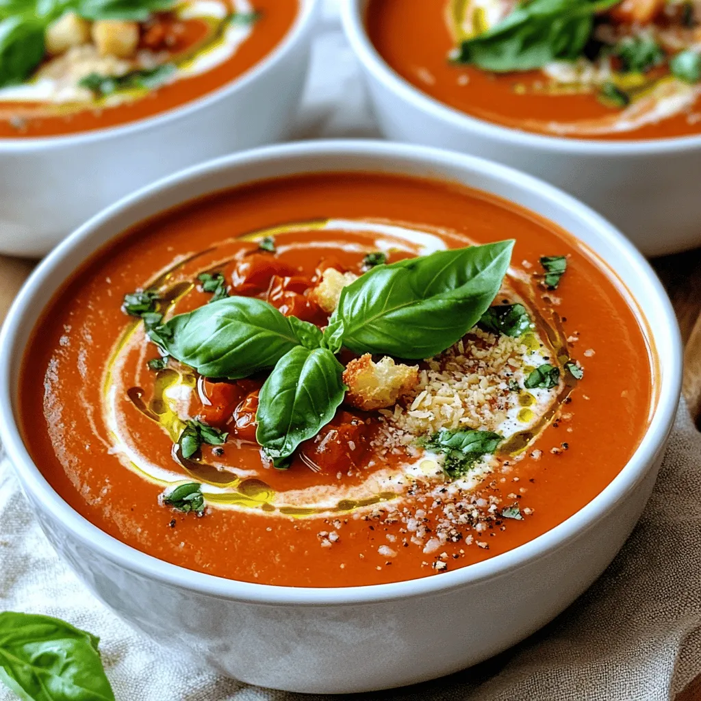 - 2 tablespoons olive oil - 1 medium onion, chopped - 3 cloves garlic, minced - 2 (14-ounce) cans diced tomatoes (preferably fire-roasted) - 2 cups vegetable broth - 1 cup heavy cream - 1/4 cup fresh basil leaves, chopped (plus extra for garnish) - 1 teaspoon sugar - Salt and pepper to taste These key ingredients make the base of our creamy tomato basil soup. The olive oil gives a rich flavor. Chopped onion and minced garlic create a savory aroma. Fire-roasted tomatoes add a smoky taste to the mix. Vegetable broth ensures the soup stays hearty while being meat-free. - 1/2 teaspoon red pepper flakes (optional, for added spice) - Freshly grated Parmesan cheese for serving (optional) - Croutons You can spice up your soup with red pepper flakes. They add a nice kick. If you like cheese, freshly grated Parmesan gives a savory finish. Croutons add crunch and texture, making each bite fun. This soup is vegetarian and can easily be gluten-free. Just check your broth label to ensure it meets your needs. You can also make it vegan by swapping heavy cream for a dairy-free alternative. This way, everyone can enjoy the deliciousness of creamy tomato basil soup! 1. Sautéing onion and garlic Start by heating 2 tablespoons of olive oil in a large pot over medium heat. Add the chopped onion and cook it for about 5 minutes. The onion should turn soft and become translucent. Next, stir in 3 minced garlic cloves. Cook for 1 more minute. The smell should be wonderful! Watch out not to burn the garlic. 2. Simmering tomatoes and broth Now, add 2 cans of diced tomatoes (14 ounces each) with their juices and 2 cups of vegetable broth. Bring this mix to a simmer. Let it cook for about 15 minutes. Stir it now and then. This will help the flavors come together. 1. Blending techniques for creamy texture After simmering, it's time to blend. You can use an immersion blender right in the pot. Blend until the soup is smooth and creamy. If you don’t have one, carefully pour the soup into a countertop blender in batches. Blend until smooth and then pour it back into the pot. 2. Incorporating creamy elements and spices Next, stir in 1 cup of heavy cream and 1/4 cup of chopped fresh basil. Add 1 teaspoon of sugar, salt, and pepper to taste. If you like some heat, toss in 1/2 teaspoon of red pepper flakes. Heat the soup for about 5 minutes but avoid boiling after adding the cream. 1. Adjusting seasoning and serving suggestions Taste your soup! If it needs more flavor, adjust it with more salt, pepper, or sugar. This will help balance the acidity from the tomatoes. When ready to serve, ladle the soup into bowls. Garnish with extra basil and a sprinkle of freshly grated Parmesan cheese if you want. Enjoy your creamy tomato basil soup warm! To make your creamy tomato basil soup even better, focus on spices and herbs. I suggest adding a pinch of dried oregano or thyme for depth. These herbs work well with tomatoes and enhance the overall taste. Fresh basil is key, but you can also add a bit of parsley for freshness. Another trick is balancing the soup's acidity. The sugar helps tone down the sharpness of the tomatoes. Start with a teaspoon, then taste. If it still seems too tangy, add a little more sugar. This small step makes a big difference! When it comes to blending, you have two great options: an immersion blender or a countertop blender. An immersion blender is easy and quick. You can blend the soup right in the pot. This saves time and cuts down on dishes. If you use a countertop blender, be careful! Blend in small batches to avoid spills. Always let the soup cool a bit before blending. This keeps you safe and helps prevent splashes. Presentation can make your soup look even more appealing. Serve it in deep bowls for a cozy feel. Drizzle a touch of olive oil on top. This adds shine and flavor. You can also sprinkle extra basil leaves for color. For added texture, top the soup with croutons. They bring a nice crunch that contrasts with the creamy soup. If you're feeling fancy, add freshly grated Parmesan cheese on top. It not only looks great but also adds a savory kick! {{image_2}} If you want a dairy-free soup, use coconut cream or cashew cream instead of heavy cream. These options add creaminess without the dairy. You can also use almond milk for a lighter choice. Want to add more veggies? Toss in chopped carrots, celery, or bell peppers. These veggies boost flavor and nutrition. For protein, add cooked lentils or shredded chicken. They make the soup heartier and more filling. You can change the taste of your soup by trying different herbs or spices. Basil gives the soup its classic flavor, but you can add thyme or oregano for a twist. For a kick, add cumin or smoked paprika. A dash of lemon juice can brighten the overall flavor. Using seasonal produce can make your soup unique. In spring, try adding fresh asparagus or peas. In summer, use ripe tomatoes from your garden or local market. They will enhance the soup's taste. In fall, consider adding roasted butternut squash or pumpkin for warmth. Winter calls for hearty greens like kale or spinach. These seasonal changes keep your creamy tomato basil soup fresh and exciting. To store leftover creamy tomato basil soup, let it cool first. Pour the soup into an airtight container. Seal it tightly and place it in the fridge. It stays fresh for about three to four days. When you’re ready to eat, reheat only the portion you need. This keeps the rest safe and tasty. You can freeze creamy tomato basil soup for later use. First, let it cool completely. Then, pour the soup into freezer-safe bags or containers. Leave some space at the top for expansion. Seal them tightly and label with the date. It’s best to use the soup within three months. When you want to eat it, thaw it in the fridge overnight. Reheat it gently on the stove. Stir well to make sure it’s smooth and creamy again. The creamy tomato basil soup stays fresh in the fridge for three to four days. If you freeze it, it can last for up to three months. Always check for changes in color or smell before eating. If it looks or smells off, it’s best to toss it out. Enjoy your soup while it’s fresh for the best flavor! You can pair creamy tomato basil soup with many delicious sides. Here are some great options: - Grilled cheese sandwiches: The crispy bread and melted cheese balance the soup's creaminess. - Crusty bread: A slice of fresh bread is perfect for dipping. - Salad: A light salad with greens adds freshness and crunch. - Pasta: A small serving of pasta makes it a filling meal. These pairings create a complete meal and enhance the soup's rich flavors. Enjoy experimenting with different sides! Yes, you can make creamy tomato basil soup vegan! Here are some simple swaps: - Substitute heavy cream with coconut milk or cashew cream for a creamy texture. - Use vegetable broth instead of any chicken broth. - Skip the Parmesan cheese or use a vegan cheese alternative for garnish. These changes keep the soup flavorful while making it plant-based. You can enjoy the same rich taste without dairy! To adjust the spice level, follow these tips: - Start with no red pepper flakes if you prefer mild soup. - Add a pinch of red pepper flakes for a bit of heat. Taste and add more if needed. - For extra spice, mix in a few dashes of hot sauce before serving. This way, you can customize the soup to suit your taste buds. Enjoy your perfectly spiced creamy tomato basil soup! This blog post covered all you need for creamy tomato basil soup. We discussed key ingredients, preparation methods, and tips for great flavor. You learned about dietary options, storage, and creative variations to try. To sum up, making this soup is simple and fun. Feel free to customize it based on your tastes and needs. Enjoy exploring this dish in your kitchen!