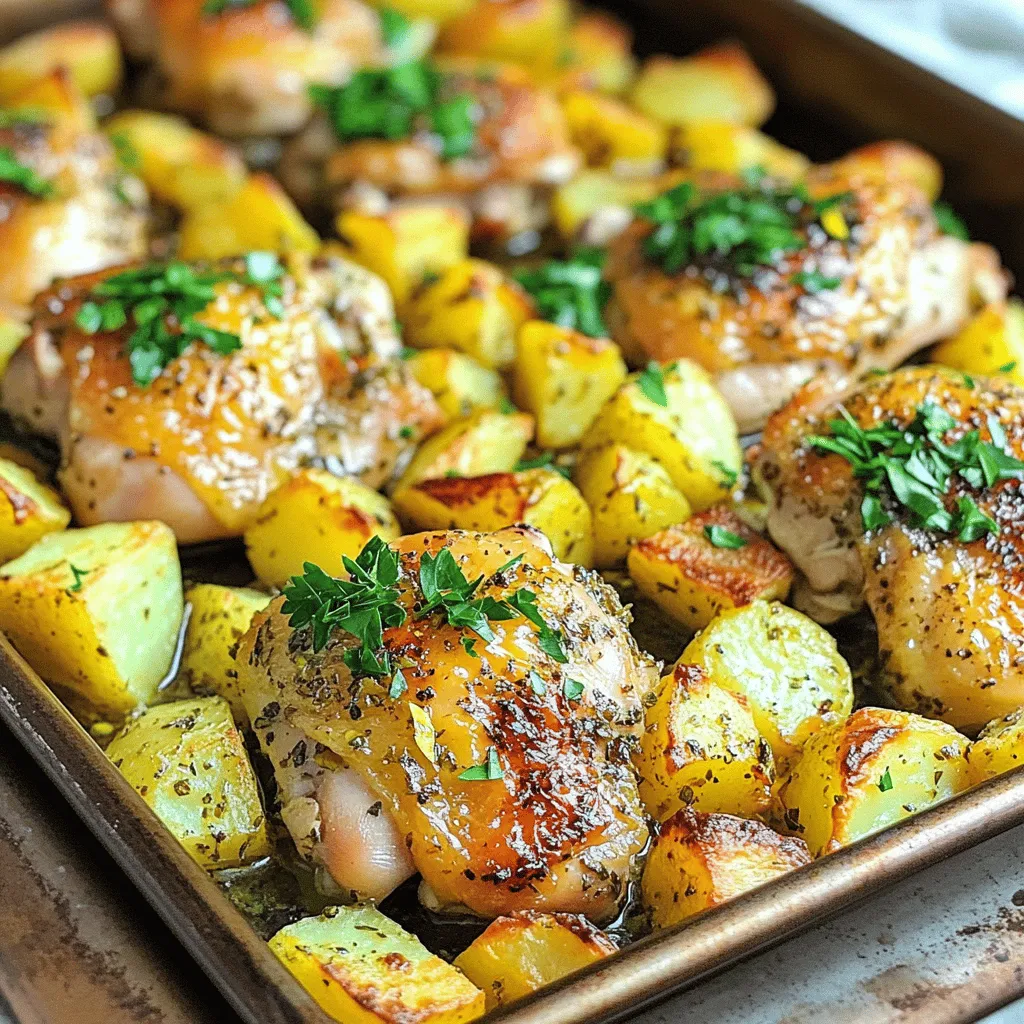 - 4 boneless, skinless chicken thighs - 4 medium potatoes, diced into cubes - 1 lemon (zest and juice) - 4 cloves garlic, minced - 1 teaspoon dried oregano - 1 teaspoon dried thyme - 1 teaspoon paprika - 3 tablespoons olive oil - Salt and pepper to taste - Fresh parsley, chopped (for garnish) To make this dish, I like to keep things simple yet flavorful. The chicken thighs are juicy and tender, while the potatoes get crispy. The lemon adds a bright taste, making everything sing. To start, gather fresh boneless chicken thighs. They cook evenly and soak up the marinade well. Then, take four medium potatoes. Dice them into cubes for even cooking. You want them to be tender inside and crispy outside. The magic comes from the lemon. Use both the zest and juice to pack in the flavor. The zest gives a nice, fragrant note, while the juice adds tang. For seasoning, I love using garlic. Four cloves of minced garlic add depth. Then, grab dried oregano and thyme for an earthy taste. A teaspoon of paprika brings a warm color and subtle spice. Olive oil is key in this recipe. It helps the chicken and potatoes brown nicely. Use three tablespoons for a rich taste. Don’t forget salt and pepper to season everything just right. Lastly, fresh parsley is your garnish. It adds color and a fresh finish. Now you have all the ingredients you need for a delightful one-pan meal! - Preheat your oven to 400°F (200°C). - In a large bowl, combine the lemon juice, lemon zest, minced garlic, dried oregano, dried thyme, paprika, olive oil, salt, and pepper. Mix well to create a flavorful marinade. - Coat the chicken thighs with the marinade. - Let the chicken sit for 15 minutes. This allows it to soak up those bright, zesty flavors. - In another bowl, toss the diced potatoes with olive oil, salt, pepper, oregano, and thyme. Ensure they are evenly coated. - Arrange the marinated chicken thighs on a baking sheet, and scatter the seasoned potatoes around them. This layout helps everything cook evenly. - Pour any remaining marinade over the chicken and potatoes. This extra flavor makes a big difference. - Bake in the preheated oven for 35-40 minutes. Check that the chicken reaches an internal temperature of 165°F (75°C) and that the potatoes are tender. - For a crispy finish, broil for the last 2-3 minutes. Watch closely to avoid burning. To get deep flavors, marinate the chicken for at least 15 minutes. This time allows the chicken to soak in the lemon, garlic, and herbs. For more flavor, consider marinating for a few hours or overnight. Just remember to keep it in the fridge. Make sure to coat the chicken evenly with the marinade. Use your hands or a spoon to spread it all over. This step helps every bite taste great. Likewise, toss the potatoes thoroughly in olive oil and spices to ensure they absorb the flavor too. To check if the chicken is cooked, use a meat thermometer. The chicken should reach an internal temperature of 165°F (75°C). This ensures it is safe to eat and juicy. For golden-brown potatoes, spread them out on the baking sheet. If they're too close, they may steam instead of roast. Broiling for the last few minutes gives them a nice crisp. Just watch carefully to avoid burning. This dish pairs well with a fresh salad or steamed veggies. A simple Greek salad with cucumbers, tomatoes, and feta adds a nice crunch. You can also serve it with rice or quinoa for a filling meal. For garnishing, sprinkle fresh parsley on top before serving. It brightens the dish and adds a pop of color. A few lemon wedges on the side look nice and add extra zing! {{image_2}} If you want to switch up the main protein, use chicken breasts instead of thighs. They are leaner but still tasty. You can also try turkey thighs for a different flavor. For vegetables, swap in carrots or green beans. They roast well and add a nice crunch. To add some heat, sprinkle in red pepper flakes or cayenne pepper. This gives the dish a nice kick. For a fresh touch, use fresh herbs like basil or dill instead of dried ones. They brighten the dish and add depth. If you're short on time, use an Instant Pot. Cook on high for 10 minutes, then quick-release the steam. This method saves time and keeps the chicken juicy. In summer, grilling adds a smoky flavor. Marinate the chicken as usual and grill over medium heat for 6-8 minutes per side. This gives you a lovely char while keeping the lemony taste. Store leftovers in airtight containers. This keeps the chicken and potatoes fresh. I suggest using glass containers. They are durable and do not absorb smells. Let the dish cool before sealing it. This helps prevent moisture buildup. You can freeze the leftover chicken and potatoes. Place them in freezer-safe bags. Remove as much air as you can before sealing. This helps prevent freezer burn. The dish stays fresh for up to three months. To reheat, thaw in the fridge overnight. Then, bake in the oven until hot. Leftovers last about three to four days in the fridge. Reheat only the portion you want. You can enjoy them as is or make a wrap. Add fresh veggies or a dollop of yogurt for a quick meal. Another idea is to chop the chicken and toss it in a salad. This adds a tasty twist! You can serve many sides with this dish. Here are some great options: - Greek salad with cucumbers and tomatoes - Steamed green beans or broccoli - Rice pilaf for added texture - Tzatziki sauce for a cool dip These sides enhance the lemon flavor and balance the meal. Yes, you can use different potatoes. Here are some choices: - Yukon Gold potatoes for a creamy taste - Red potatoes for a firmer texture - Sweet potatoes for a hint of sweetness Each type gives a unique flavor and texture. Feel free to experiment! This dish is perfect for meal prep! Here are some tips: - Cook it ahead of time and store in the fridge for 3 to 4 days. - Use airtight containers to keep it fresh. - You can also freeze it for up to 3 months. Just reheat it in the oven or microwave before serving. This blog post covered a tasty recipe for One-Pan Greek Lemon Chicken and Potatoes. You learned about key ingredients, step-by-step cooking instructions, and tips for enhancing flavor. I shared variations to keep the meal exciting and how to store leftovers properly. As you try this dish, remember that small changes can make a big difference. Enjoy cooking and sharing this meal with others. It’s simple, delicious, and perfect for any occasion.