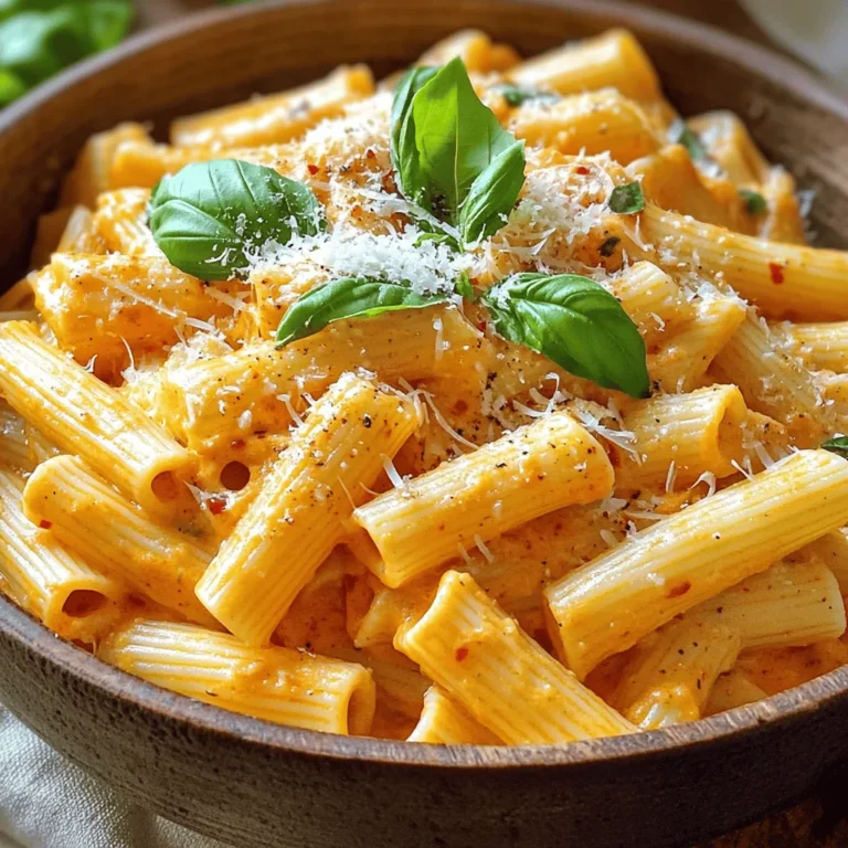 - 12 oz penne pasta - 1 can (14 oz) crushed tomatoes - 1 cup heavy cream - 1 small onion, finely chopped - 2 cloves garlic, minced - 1 teaspoon red pepper flakes (adjust to taste) - 1 teaspoon Italian seasoning - 2 cups vegetable broth - 1 tablespoon olive oil - Salt and pepper to taste - Fresh basil leaves, for garnish - Grated Parmesan cheese, for serving These main ingredients create a rich and creamy dish. The penne pasta holds onto the sauce well. Crushed tomatoes bring a bright flavor, and heavy cream adds smoothness. - Cooked chicken or shrimp - Spinach or kale - Sun-dried tomatoes - Mushrooms Adding these optional ingredients can enhance the dish. Chicken or shrimp adds protein. Spinach or kale gives freshness. Sun-dried tomatoes add a sweet-tart taste. Mushrooms bring an earthy note. - Penne pasta can be swapped for fusilli or rigatoni. - Heavy cream can be replaced with half-and-half or coconut cream for a lighter sauce. - Vegetable broth can be replaced with chicken broth for extra depth. - Fresh basil can be substituted with parsley or arugula. These substitutions keep the dish tasty. They also allow you to adapt based on what you have at home. Don't hesitate to play around with flavors! First, grab a large pot and heat the olive oil over medium heat. This step is key for flavor. Add the finely chopped onion. Sauté it for about 3 to 4 minutes. You want it to turn translucent. Next, add the minced garlic and red pepper flakes. Cook this mix for one more minute. The garlic should smell great by now. Now, it’s time to create a rich sauce. Pour in the crushed tomatoes and sprinkle the Italian seasoning. Stir everything well to mix it up. Let the sauce simmer for about 5 minutes. This helps the flavors blend together beautifully. Next, pour in the vegetable broth and bring the pot to a gentle boil. Once boiling, add the penne pasta. Make sure the pasta is fully submerged in the liquid. Lower the heat, cover the pot, and cook for about 10 to 12 minutes. Stir it occasionally to avoid sticking. When the pasta is al dente, reduce the heat. Stir in the heavy cream and let it warm for 2 to 3 minutes. Don’t forget to season with salt and pepper to taste. Now, your creamy tomato vodka pasta is ready to be served! Garnish with fresh basil and grated Parmesan cheese for a lovely finish. To make the sauce rich and creamy, start with heavy cream. It gives the sauce a smooth texture. You can also add a splash of vodka for extra depth. Cook the sauce slowly. This allows the flavors to blend well. Adjust seasoning as needed. Taste the sauce often to get it just right. Fresh herbs like basil add bright notes. Use them at the end for the best flavor. For perfect pasta, use a large pot with plenty of water. This helps the pasta cook evenly. Add salt to the water before boiling. It enhances the pasta's taste. Stir the pasta often while cooking. This prevents it from sticking together. Check the pasta a minute or two before the time is up. It should be firm but not hard. This is the secret to al dente pasta. Serving is just as important as cooking. Use big bowls for a nice look. After plating, add fresh basil leaves on top. They add color and flavor. Sprinkle grated Parmesan cheese generously. This makes the dish feel gourmet. You can also drizzle a bit of olive oil for shine. A slice of crusty bread on the side completes the meal. Enjoy your beautiful dish! {{image_2}} You can boost the protein in your creamy tomato vodka pasta easily. Chicken is a great choice. Dice it and cook it in the pot before adding the onion. Shrimp also works well. Just add it in during the last few minutes of cooking. If you prefer a plant-based option, tofu is perfect. Use firm tofu, cube it, and sauté it with the onion for a tasty twist. To make this dish vegan, you can swap the heavy cream. Use coconut cream or a nut-based cream. They give a nice creaminess without dairy. You can also skip the cheese on top or use a vegan cheese. This keeps the dish rich and fulfilling while being kind to your diet. Adding vegetables makes this dish even better. In spring, try peas or asparagus for a fresh bite. In summer, zucchini or bell peppers add color and flavor. In fall, add spinach or kale for some greens. Winter calls for hearty veggies like butternut squash or broccoli. Just chop them, add them in with the sauce, and let them cook until tender. Each season brings new flavors to your creamy pasta dish! Store your creamy tomato vodka pasta in an airtight container. Make sure to let it cool down before sealing. This helps keep the flavors fresh. You can store it in the fridge for up to three days. If you want to enjoy it later, freezing is a great option. To reheat your pasta, use a skillet over medium heat. Add a splash of water or broth to keep it moist. Stir gently until it’s heated through. You can also use the microwave, but be careful not to overcook it. Heat in short bursts and stir in between. Freezing creamy tomato vodka pasta is easy. First, let the pasta cool completely. Then, place it in a freezer-safe bag or container. Be sure to remove as much air as possible. It can last up to three months in the freezer. When you're ready to eat, thaw it in the fridge overnight before reheating. Yes, you can use other pasta shapes. Bowtie, fusilli, or spaghetti work well. Just remember to adjust the cooking time based on the pasta you choose. Each type brings its own fun texture and taste to the dish. So, feel free to experiment! Absolutely! You can use gluten-free pasta. Many brands offer great options that taste good. Just check the cooking time because gluten-free pasta might cook faster or slower than regular pasta. Always read the package instructions for the best results. Yes, you can make the sauce ahead of time. Just store it in the fridge for up to three days. When you're ready to eat, gently heat it and cook the pasta. This way, you save time on busy days and still enjoy this creamy delight! This blog post covered the basics of creamy tomato vodka pasta. We explored key ingredients and variations to suit taste and dietary needs. You learned how to prepare the dish step-by-step, and picked up tips for perfect results. In my view, this recipe is fun and easy for anyone. You can impress friends or enjoy a cozy meal alone. Whether you add protein or keep it vegan, it’s versatile. Enjoy making this dish, and let your cooking shine!