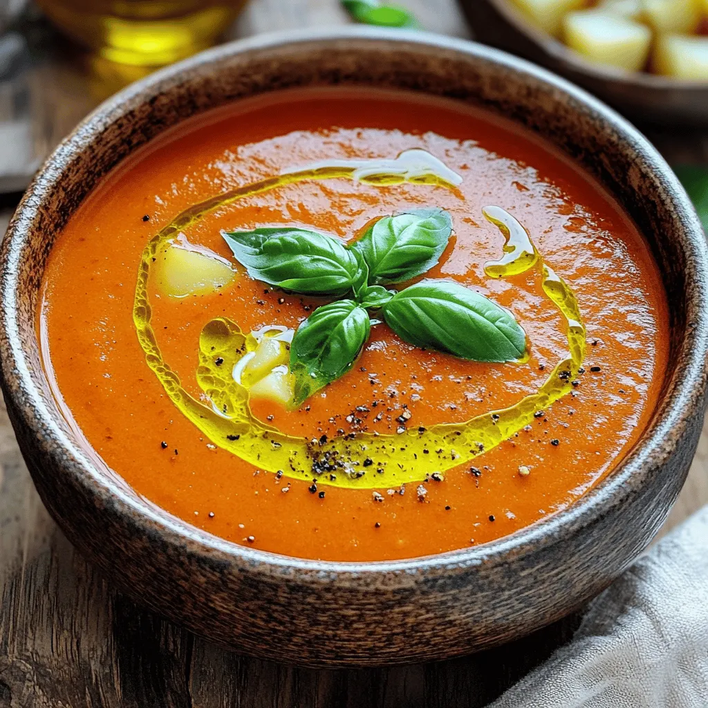 To make creamy roasted red pepper soup, gather these items: - 4 large red bell peppers, roasted and peeled - 1 medium onion, chopped - 3 cloves garlic, minced - 2 medium potatoes, peeled and diced - 4 cups vegetable broth - 1 cup heavy cream (or coconut cream for a dairy-free option) - 2 tablespoons olive oil - Salt and pepper to taste - 1 teaspoon smoked paprika - Fresh basil for garnish Not all ingredients may be on hand. Here are some easy swaps: - Red bell peppers: Use jarred roasted red peppers for convenience. - Heavy cream: Coconut cream works well for a dairy-free option. - Vegetable broth: Chicken broth can replace vegetable broth for added flavor. - Potatoes: Cauliflower can be used for a lower-carb version. - Smoked paprika: Regular paprika can substitute, but it lacks the smoky flavor. This soup is not just tasty; it's also nutritious! Here’s a rough breakdown per serving: - Calories: About 250 - Protein: 4g - Fat: 18g - Carbohydrates: 24g - Fiber: 4g - Sugar: 3g These values may change based on ingredient choices. Adjust based on your dietary needs and preferences. Enjoy the creamy richness while knowing it's good for you! First, you need to roast the red bell peppers. Preheat your oven to 400°F (200°C). Place the whole peppers on a baking sheet. Roast them for about 25-30 minutes. Look for charred and blistered skins. This step adds great flavor! After roasting, cover the peppers with foil. Let them steam for 10 minutes. This makes peeling easier. Once they cool, peel off the skins and remove the seeds. Set them aside for later. Now, let’s cook the base of the soup. In a large pot, heat 2 tablespoons of olive oil over medium heat. Add the chopped onion and sauté it for about 5 minutes. You want it to become soft and translucent. Next, stir in 3 minced garlic cloves and 2 diced potatoes. Cook them for another 5 minutes. This step helps to build deep flavors. After that, add your roasted red peppers to the pot. Pour in 4 cups of vegetable broth. Bring this mix to a boil, then reduce the heat. Let it simmer for about 20 minutes until the potatoes are tender. Once your soup has simmered, it’s time to blend! Remove the pot from the heat. Use an immersion blender to puree the soup until it's smooth. If you don’t have one, carefully transfer the soup to a blender in batches. After blending, return the soup to the pot. Stir in 1 cup of heavy cream or coconut cream for a dairy-free option. Add 1 teaspoon of smoked paprika for an extra kick. Heat everything through but don’t let it boil. Season with salt and pepper to taste. Serve your soup hot, garnished with fresh basil leaves for a lovely touch. Enjoy! To make your soup truly creamy, you need to blend it well. Use an immersion blender for a smooth texture. If you prefer, you can pour the soup into a regular blender. Just be careful with hot liquids. I suggest blending in batches. Adding heavy cream makes it rich, but coconut cream works too for a dairy-free option. Adding herbs and spices can elevate your soup. I love using fresh basil as a garnish. It adds a bright taste. You can also try thyme or oregano for a savory touch. Smoked paprika gives a warm, smoky flavor that pairs well with the roasted red peppers. Adjust the salt and pepper to your liking as you taste. One big mistake is not roasting the peppers long enough. You want them charred for the best flavor. Another common error is overcooking the potatoes. They should be tender but not mushy. Lastly, avoid boiling the soup after adding cream. This can cause it to curdle and ruin the creaminess. {{image_2}} You can make this soup dairy-free by using coconut cream instead of heavy cream. Coconut cream gives a rich flavor and smooth texture. It also adds a hint of sweetness that pairs well with roasted red peppers. If you want a lighter version, try using unsweetened almond milk or oat milk. Just add it after blending the soup to keep it creamy. To make this soup more filling, add protein sources like cooked chickpeas or lentils. You can mix them in after blending the soup. If you want to boost nutrition, add vegetables like spinach or kale. Stir them in just before blending. They will cook down quickly and add great color. This soup is tasty on its own, but you can jazz it up. Serve it with crusty bread or a fresh salad. For a fun twist, top with croutons or a drizzle of olive oil. Fresh basil adds flavor and looks beautiful on top. You can also pair it with a sandwich for a complete meal. You can easily store leftover creamy roasted red pepper soup. Let the soup cool down first. Then, pour it into an airtight container. Seal it well to keep out air. Store it in the fridge for up to three days. This soup tastes great even after a day or two! If you want to keep the soup longer, freezing is a good option. Use freezer-safe containers or bags. Leave some space at the top, as the soup will expand. You can freeze it for up to three months. When you're ready to eat, just thaw in the fridge overnight. To reheat the soup, you have a few choices. You can use the stove or microwave. If you use the stove, heat it gently in a pot over low heat. Stir often to prevent sticking. For the microwave, heat in short bursts, stirring in between. Make sure it's hot all the way through before serving. Creamy roasted red pepper soup stays fresh for about 3 to 4 days in the fridge. Store it in an airtight container. Make sure it cools down before you put it in the fridge. You can also check for any changes in smell or color before eating it again. Yes, you can make this soup ahead of time. It tastes great when made a day in advance. Just let it cool and store it in the fridge. When you are ready to eat, warm it on the stove until hot. This helps the flavors blend even more. You can serve this soup with many tasty sides. Here are some ideas: - Grilled cheese sandwiches for a classic pairing - Crusty bread for dipping - A fresh salad to add crunch - Cheese crackers for extra flavor These options make the meal fun and filling. Enjoy your soup with whatever you like! This blog post covered the key ingredients and steps to make creamy roasted red pepper soup. You learned about ingredient substitutes and nutritional value. I shared helpful tips to enhance flavor and avoid common mistakes. You also discovered tasty variations and proper storage methods. In conclusion, making this soup is simple and fun. Use fresh ingredients for great taste. Experiment to find your favorite flavors. Enjoy the process and savor each bowl!