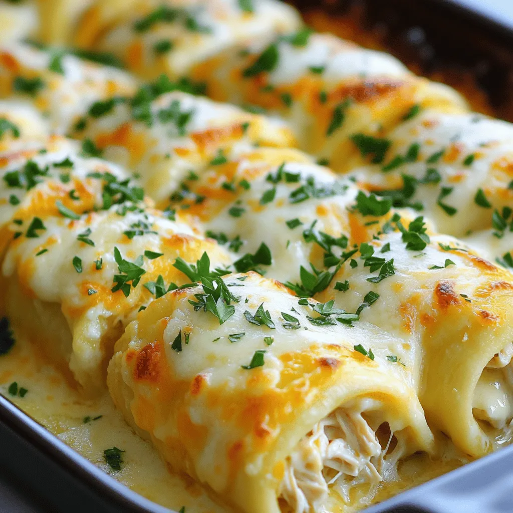To create tasty Chicken Alfredo Roll Ups, gather these main ingredients: - 2 cups cooked chicken, shredded - 1 cup ricotta cheese - 1 cup mozzarella cheese, shredded - 1/2 cup grated Parmesan cheese - 2 cups Alfredo sauce - 8 large tortillas (your choice: flour or whole wheat) - 1/2 teaspoon garlic powder - 1/2 teaspoon Italian seasoning - Salt and pepper to taste - Chopped parsley for garnish Each component brings flavor and texture to the dish. The shredded chicken adds protein and heartiness. The ricotta cheese creates a creamy base. Mozzarella and Parmesan provide that cheesy goodness we all love. If you want to switch things up, consider these cheese options: - Cream Cheese: This gives a rich, creamy texture. - Goat Cheese: It provides a tangy flavor. - Cheddar: For a sharper taste, use sharp cheddar cheese. Each cheese brings a unique taste. Feel free to mix and match to find your favorite combo. For the best roll-ups, choose tortillas based on your taste: - Flour Tortillas: These are soft and flexible. They hold the filling well. - Whole Wheat Tortillas: These add more fiber and a nutty flavor. - Spinach Tortillas: They add color and a fresh taste. Select your tortilla type based on your dietary needs or flavor preferences. Each option helps create a delightful roll-up experience. Start by preheating your oven to 350°F (175°C). This warm-up gets the oven ready for your roll-ups. Next, grab a mixing bowl. Combine these ingredients: - 2 cups cooked chicken, shredded - 1 cup ricotta cheese - 1/2 cup grated Parmesan cheese - 1/2 teaspoon garlic powder - 1/2 teaspoon Italian seasoning - Salt and pepper to taste Mix everything until it looks nice and even. Then, take out a tortilla. Spread a small amount of Alfredo sauce on it. This helps keep the filling moist. Place a big scoop of your chicken mixture in the center of the tortilla. Don’t be shy; you want it packed! Now, roll the tortilla tightly around the filling. Make sure it's snug, so nothing falls out. Place the roll-up seam-side down in a greased baking dish. Repeat this with the rest of your tortillas until they are all filled and rolled. Once all your roll-ups are in the dish, pour the leftover Alfredo sauce over them. Cover every roll-up with sauce for a creamy finish. Sprinkle the remaining mozzarella cheese and Parmesan cheese on top. Now, pop it in the oven and bake for 25-30 minutes. You want the cheese to melt and get bubbly. After baking, let them cool for a few minutes. Then, garnish with some chopped parsley for color. These roll-ups are now ready to serve and enjoy! To make the best Chicken Alfredo Roll Ups, follow these tips: - Use fresh ingredients for great flavor. - Shred your cooked chicken into small pieces. This helps with even spreading. - Mix the cheeses well. This ensures every bite is creamy and cheesy. - Don’t overfill the tortillas. A generous scoop is good, but too much can make rolling hard. - Roll tightly but gently. This keeps the filling inside and helps them cook evenly. Here are common mistakes to avoid: - Don’t skip the seasoning. Garlic powder and Italian seasoning add great taste. - Avoid dry roll ups. Make sure to cover them with enough Alfredo sauce before baking. - Don’t bake too long. Keep an eye on the cheese. It should be bubbly and golden, not burnt. - Let them cool a bit before serving. This helps the flavors settle and also avoids burns. For serving these roll ups, pair them with: - A fresh salad for crunch. Try mixed greens or Caesar salad. - Garlic bread on the side. It’s great for dipping in extra Alfredo sauce. - A light wine, like Pinot Grigio, can enhance the meal. - For a fun twist, serve with marinara sauce for dipping. This adds a nice contrast to the creamy Alfredo. {{image_2}} You can swap the chicken for veggies. Try using spinach, mushrooms, and bell peppers. Cook the veggies first to soften them. This adds great flavor and texture. Mix the cooked veggies with ricotta and mozzarella. Follow the same steps to roll and bake. The creamy sauce pairs well with these veggies. You will love this meatless version! If you like heat, add some spice! Mix in diced jalapeños or crushed red pepper flakes. You can also use spicy chicken sausage instead of regular chicken. This gives the roll ups a great kick. Adjust the amount of spice to your taste. Pair it with a cool side salad to balance the heat. These spicy roll ups are sure to impress! For a gluten-free meal, choose corn or gluten-free tortillas. These options work well in this recipe. The filling stays the same, so you can enjoy the flavors. Make sure to check the labels on sauces and cheeses. Some brands offer gluten-free options too. With these swaps, everyone can enjoy Chicken Alfredo Roll Ups! To keep your Chicken Alfredo Roll Ups fresh, you must store them properly. First, let the roll-ups cool down completely. Then, place them in an airtight container. You can also wrap them tightly in plastic wrap. Store them in the fridge for up to three days. This way, you maintain their creamy texture and tasty flavor. When you're ready to enjoy the leftovers, you can reheat them easily. Preheat your oven to 350°F (175°C). Place the roll-ups in a baking dish. Pour a bit of Alfredo sauce over them to keep them moist. Cover the dish with aluminum foil to prevent drying. Heat for about 15-20 minutes or until warm. You can also use a microwave for quicker reheating. Just heat in short bursts, checking often to avoid overheating. Freezing Chicken Alfredo Roll Ups is a great idea for quick meals. After they cool, wrap each roll-up in plastic wrap. Then, place them in a freezer bag. Remove as much air as possible to prevent freezer burn. These can last for up to three months in the freezer. When you’re ready to eat, thaw them overnight in the fridge before reheating. Yes, you can use store-bought Alfredo sauce. It saves time and effort. Many brands offer creamy options that taste great. Just pour it over the roll-ups before baking. This makes the dish quicker and simpler. You can substitute cottage cheese for ricotta cheese. Blend it until smooth for a similar texture. Cream cheese is another option. It adds a rich flavor, but be careful with the amount. Sour cream also works well and adds a nice tang. You can make Chicken Alfredo Roll Ups ahead of time. Prepare the roll-ups and place them in a baking dish. Cover with plastic wrap and refrigerate. You can bake them the next day. Just add a few extra minutes to the bake time. This way, you enjoy a tasty meal without much fuss! Chicken Alfredo Roll Ups are easy and fun to make. We covered the main ingredients, cheese choices, and tortilla types. I gave you step-by-step instructions to prepare, assemble, and bake. Tips and tricks help make perfect roll ups every time. You now know fun variations for different diets and how to store leftovers safely. With these details, you can enjoy this dish any time, impress friends and family, and even simplify meal prep. Enjoy the cooking!