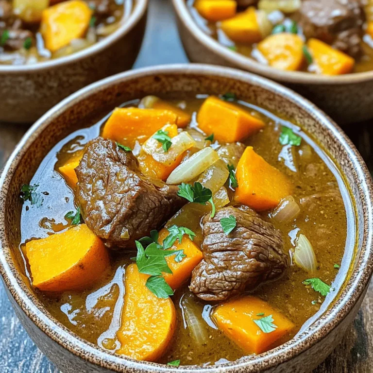 - 2 lbs lean beef chuck - 2 large sweet potatoes - 3 carrots - 1 large onion - 3 cloves garlic - 4 cups beef broth - 1 tablespoon Worcestershire sauce - 1 teaspoon dried thyme - 1 teaspoon smoked paprika - 1 teaspoon cumin - 2 bay leaves - Salt and pepper - Olive oil for searing - Fresh parsley for garnish The heart of this stew lies in its ingredients. First, I choose lean beef chuck. It gives the stew a rich flavor and tender texture. I cut it into 1-inch cubes. This size allows the beef to cook evenly. Next, sweet potatoes bring sweetness and nutrients. I peel and dice two large ones. Carrots add color and crunch. Three sliced carrots work well in this dish. Onions and garlic create a strong base. I chop one large onion and mince three cloves of garlic. They offer depth to the flavor. The liquid base is essential. I use four cups of beef broth for richness. One tablespoon of Worcestershire sauce adds a savory kick. For herbs, I mix in one teaspoon of dried thyme and smoked paprika. They enhance the taste with warm notes. One teaspoon of cumin adds an earthy flavor. I also toss in two bay leaves for aroma. A pinch of salt and pepper rounds out the seasoning. For cooking, I like to sear the beef in two tablespoons of olive oil. This step adds extra flavor. Finally, I garnish with fresh parsley. It brightens the dish and makes it look appealing. Each ingredient plays a key role in making this stew hearty and satisfying. First, heat 2 tablespoons of olive oil in a large skillet over medium-high heat. Once hot, add 2 lbs of lean beef chuck, cut into 1-inch cubes. Sear the beef until it turns brown on all sides, which takes about 5-7 minutes. This step adds great flavor to the stew. After searing, transfer the beef into your slow cooker. In the same skillet, add 1 large chopped onion and 3 cloves of minced garlic. Sauté these for about 2-3 minutes until they smell great and soften a bit. Next, add 3 sliced carrots and 2 large diced sweet potatoes. Cook these for another 3-4 minutes to bring out their sweetness. Now, transfer all the veggies to the slow cooker with the beef. Pour in 4 cups of beef broth and 1 tablespoon of Worcestershire sauce into the slow cooker. This broth is key for a rich taste. Next, sprinkle in 1 teaspoon of dried thyme, 1 teaspoon of smoked paprika, and 1 teaspoon of cumin. Don’t forget to add salt and pepper to taste. Finally, toss in 2 bay leaves for extra flavor. Stir everything together well. Set your slow cooker to low for 7-8 hours or high for 4-5 hours. The beef should be tender, and the sweet potatoes should be cooked through when done. The longer you cook, the better the flavors will blend. Once cooking is complete, taste the stew and adjust the seasoning if needed. Make sure to remove the bay leaves before serving. Ladle the hearty beef and sweet potato stew into bowls. Garnish with fresh parsley for a pop of color. Enjoy your meal! To get the best stew, start by browning the beef. Heat olive oil in a skillet. Add the beef cubes and let them sear without moving them too much. This gives a nice crust. Aim for 5-7 minutes until brown on all sides. This step adds great flavor. Seasoning is key. Sprinkle salt and pepper on the beef before browning. This helps it absorb flavor right from the start. Once seared, move the beef to your slow cooker. Want to spice things up? Consider adding more spices. A pinch of chili powder can add heat. If you like a smoky taste, add a bit more smoked paprika. A dash of cinnamon can also add warmth and depth. Fresh herbs elevate the taste. I like using fresh thyme or rosemary. Add them during the last hour of cooking. This keeps their flavor bright and fresh. Pair your stew with crusty bread. It soaks up all the rich broth. A simple green salad on the side adds crunch. For presentation, serve the stew in rustic bowls. Garnish with fresh parsley. This adds color and a fresh taste. A sprinkle of black pepper on top looks nice too. {{image_2}} You can mix up the veggies in this stew. Try using parsnips or butternut squash. Both add a nice touch. For the beef, you can use brisket or round steak. Each cut brings a different flavor and texture. If you need a gluten-free meal, check your Worcestershire sauce. Some brands add gluten. You can also add beans for more protein. Chickpeas or black beans work great in this stew. Want some heat? Add diced chili peppers to the mix. They will give your stew a spicy kick. For a sweeter or smoky taste, use more sweet potatoes or add smoked paprika. Both options will change the stew's vibe while keeping it delicious. You can keep the stew in the fridge for up to four days. Store it in an airtight container. This helps keep it fresh and tasty. Make sure it cools down before sealing. You can freeze the stew both before or after cooking. If you freeze it before, let it cool first. Use a freezer-safe container. For after cooking, chill the stew. Then, divide it into portions. When you want to eat it, thaw it overnight in the fridge. To reheat, heat it on the stove or in the microwave until hot. The best way to reheat is on the stove. Use low heat for even warming. Stir often to prevent sticking. If using a microwave, cover the bowl. Heat it in short bursts, stirring in between. This keeps the stew from overcooking. Yes, you can prepare this stew a day or two ahead. Just let it cool, then store it in the fridge. When ready to eat, reheat in a pot over low heat. This stew actually tastes better the next day as the flavors blend more. If you need a substitute, try vegetable broth or chicken broth. You can also use water with added seasonings like soy sauce for flavor. Keep in mind, the taste may differ slightly, but it will still be tasty. Check the beef after the cooking time. It should break apart easily with a fork. If it is tough, let it cook longer. The slow cooker does wonders in making beef tender, so patience is key. Yes, you can use sweet potatoes with skin. Just scrub them well to remove dirt. The skin adds extra fiber and nutrients. However, peeling them gives a smoother texture in the stew. To thicken your stew, you can mash some sweet potatoes against the side of the pot. Another option is to mix a tablespoon of cornstarch with cold water and stir it in. Let it cook for a few more minutes until thickened. This blog post covered everything you need for a hearty beef stew. We discussed key ingredients like beef, sweet potatoes, and spices. I shared how to prepare and cook them step-by-step. You learned tips to enhance flavor and make substitutions based on your needs. Stew storage and reheating tips ensure delicious leftovers. Try this recipe to warm your home and satisfy your taste buds. Enjoy!