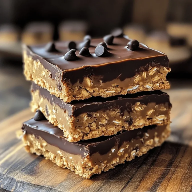 To make Chocolate Peanut Butter Oat Bars, you need: - 1 cup rolled oats - 1/2 cup creamy peanut butter - 1/2 cup honey or maple syrup - 1/2 cup chocolate chips (dark or semi-sweet) - 1/4 cup chopped nuts (almonds or walnuts) - 1/4 teaspoon salt - 1 teaspoon vanilla extract You can change some ingredients based on your taste. Here are a few ideas: - Use quick oats if you prefer a softer texture. - Choose almond butter instead of peanut butter for a nutty twist. - Try agave syrup instead of honey for a vegan option. - For a nut-free version, skip the nuts or use seeds like sunflower seeds. Choosing good ingredients makes your bars taste better. Here’s how to select them: - For oats, look for whole rolled oats. They provide the best texture. - Pick natural peanut butter without added sugar or oils. This keeps it healthy. - Use raw honey or pure maple syrup for the best flavor. - Select dark chocolate chips for rich taste and less sugar. - When choosing nuts, pick ones that are fresh and crunchy. This adds great texture. These small changes and quality choices can boost the taste of your Chocolate Peanut Butter Oat Bars. Enjoy! - Preheating the Oven Start by preheating your oven to 350°F (175°C). This step is important for even baking. - Preparing the Baking Dish Line an 8x8 inch baking dish with parchment paper. Leave some paper over the edges. This helps with easy removal later. - Combining Dry Ingredients In a large mixing bowl, add 1 cup of rolled oats, 1/4 cup of chopped nuts, and 1/4 teaspoon of salt. Stir to mix them well. - Preparing the Peanut Butter Mixture In a small bowl, warm 1/2 cup of peanut butter and 1/2 cup of honey (or maple syrup) in the microwave for 30 seconds. Stir in 1 teaspoon of vanilla extract until smooth. - Pouring and Pressing the Mixture Pour the peanut butter mixture over the dry oat mix. Stir until all oats are coated. Transfer this mix into the prepared baking dish. Press it down firmly using a spatula or your hands. - Baking Time and Temperature Bake in the preheated oven for 15-20 minutes. Watch for edges that turn golden brown. Remove from the oven and let it cool in the pan for 10-15 minutes. Achieving the Right Consistency To make your Chocolate Peanut Butter Oat Bars chewy and firm, the mixture needs balance. Use rolled oats for the right texture. If the mixture seems too dry, add a bit more peanut butter or honey. Mixing well helps the oats absorb moisture, giving you a great bar. Press the mixture down firmly in the baking dish. This helps hold them together after baking. Adjusting Sweetness to Preference Taste is personal, so adjust the sweetness to fit your needs. If you prefer less sugar, start with 1/3 cup of honey or maple syrup. You can always add a little more if needed. Dark chocolate chips are less sweet than semi-sweet ones. Choose what you like best to make these bars perfect for you. Presentation Ideas Make your bars look special by stacking them neatly on a wooden board. A drizzle of melted chocolate on top adds flair. You can also sprinkle some nuts or a pinch of sea salt for extra visual appeal. Cut them into fun shapes for kids or special occasions. Pairing with Beverages These bars go great with many drinks. Try pairing them with cold milk or a warm cup of tea. For a fun treat, serve them with a smoothie or a coffee. The rich taste of chocolate and peanut butter matches well with creamy or fruity drinks. Enjoy experimenting to find your favorite combination! {{image_2}} - Using Natural Sweeteners You can swap honey or maple syrup with natural sweeteners like agave or date syrup. These options can lower the glycemic index. They also add unique flavors and keep your bars moist. - Incorporating Protein Powders Want an extra protein boost? Mix in your favorite protein powder. Just 1/4 cup will do. This addition makes the bars heartier and perfect for a post-workout snack. - Adding Dried Fruits or Seeds Toss in some dried fruits like cranberries, raisins, or apricots. About 1/3 cup is a good amount. You could also add seeds like chia or flax for a nutritional punch and extra crunch. - Experimenting with Different Nuts Feel free to change the nuts! Almonds, walnuts, or pecans work great. Use the same 1/4 cup measurement. Each nut brings its own flavor and texture, making your bars more exciting. - Airtight Containers vs. Bags I recommend using airtight containers for these bars. They keep the bars fresh and moist. Bags can let air in, which makes them stale faster. - Room Temperature vs. Refrigeration You can store these bars at room temperature for a week. Just keep them in a cool, dry place. If you want them to last longer, put them in the fridge. They can stay fresh for up to two weeks there. - How Long Do They Last? If stored correctly, these bars last about one week at room temperature. In the fridge, they can last up to two weeks. It’s best to eat them within this time for the best taste. - Signs of Spoilage Look for changes in color or texture. If the bars become hard or dry, it's time to toss them. A strange smell or mold means they are no longer safe to eat. Always trust your senses to keep it safe! To make these bars gluten-free, use certified gluten-free rolled oats. Regular oats may contain gluten due to cross-contamination. Check the label to ensure they are safe. You can also add gluten-free nuts for added texture. Your bars will still taste great while being safe for those with gluten allergies. Yes, you can use crunchy peanut butter! It adds a delightful texture to the bars. The chunks of nuts in crunchy peanut butter create a nice contrast with the smooth oats. Just keep in mind that the bars may be a bit chunkier. This can be a fun way to mix things up! If you want a vegan option, maple syrup works well. It has a nice sweetness and complements the peanut butter flavor. Agave syrup is another great choice. It is sweeter than honey, so you might want to use a bit less. Both alternatives will keep your bars tasty and vegan-friendly! This post covered key ingredients, step-by-step instructions, and storage tips for your bars. I shared ways to pick good ingredients and help perfect the texture. You now know how to store your bars and keep them fresh. Remember, experimenting with flavors and making substitutes can enhance your treats. By using the right tips, you can create delicious bars tailored to your taste. Enjoy making your own tasty creations!