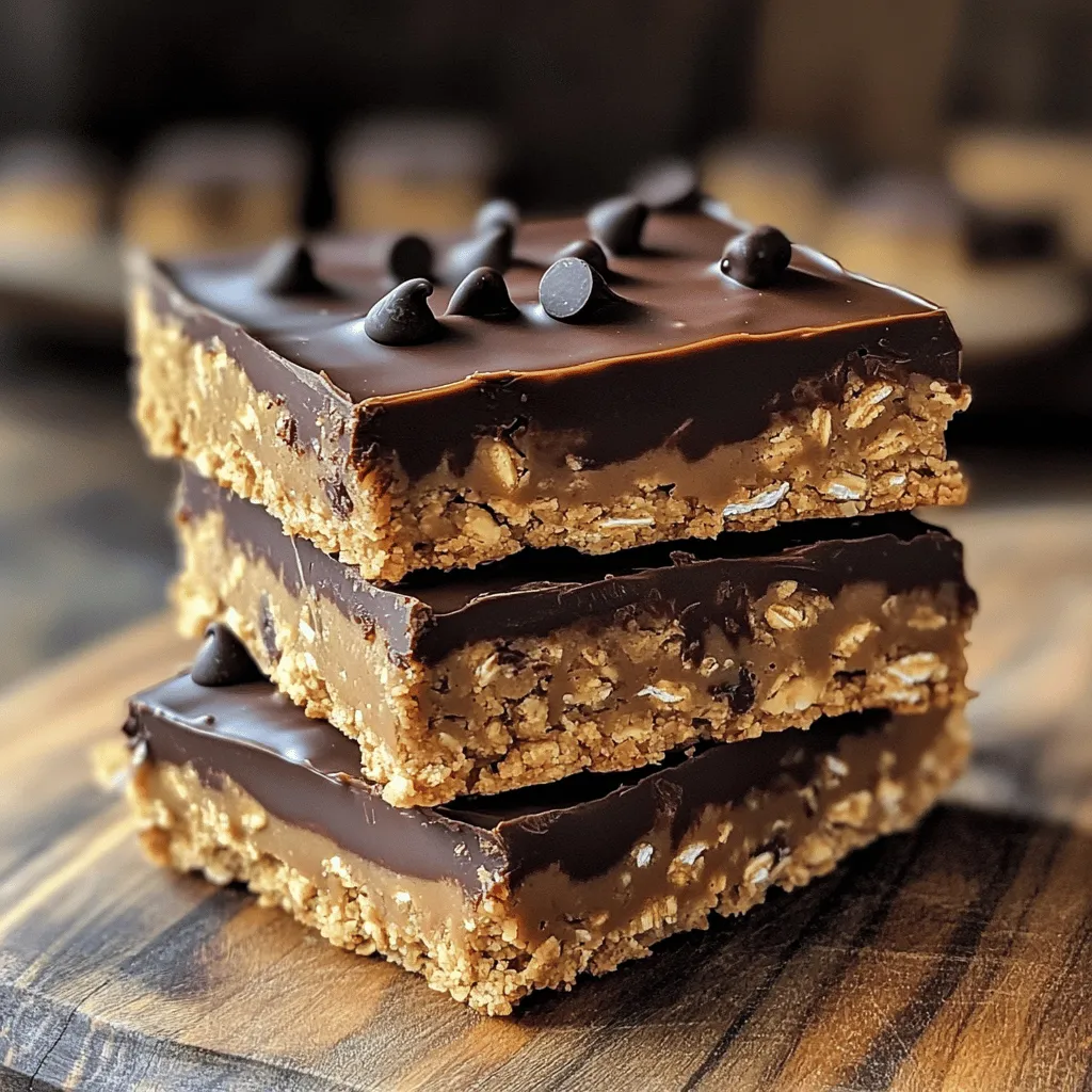 To make Chocolate Peanut Butter Oat Bars, you need: - 1 cup rolled oats - 1/2 cup creamy peanut butter - 1/2 cup honey or maple syrup - 1/2 cup chocolate chips (dark or semi-sweet) - 1/4 cup chopped nuts (almonds or walnuts) - 1/4 teaspoon salt - 1 teaspoon vanilla extract You can change some ingredients based on your taste. Here are a few ideas: - Use quick oats if you prefer a softer texture. - Choose almond butter instead of peanut butter for a nutty twist. - Try agave syrup instead of honey for a vegan option. - For a nut-free version, skip the nuts or use seeds like sunflower seeds. Choosing good ingredients makes your bars taste better. Here’s how to select them: - For oats, look for whole rolled oats. They provide the best texture. - Pick natural peanut butter without added sugar or oils. This keeps it healthy. - Use raw honey or pure maple syrup for the best flavor. - Select dark chocolate chips for rich taste and less sugar. - When choosing nuts, pick ones that are fresh and crunchy. This adds great texture. These small changes and quality choices can boost the taste of your Chocolate Peanut Butter Oat Bars. Enjoy! - Preheating the Oven Start by preheating your oven to 350°F (175°C). This step is important for even baking. - Preparing the Baking Dish Line an 8x8 inch baking dish with parchment paper. Leave some paper over the edges. This helps with easy removal later. - Combining Dry Ingredients In a large mixing bowl, add 1 cup of rolled oats, 1/4 cup of chopped nuts, and 1/4 teaspoon of salt. Stir to mix them well. - Preparing the Peanut Butter Mixture In a small bowl, warm 1/2 cup of peanut butter and 1/2 cup of honey (or maple syrup) in the microwave for 30 seconds. Stir in 1 teaspoon of vanilla extract until smooth. - Pouring and Pressing the Mixture Pour the peanut butter mixture over the dry oat mix. Stir until all oats are coated. Transfer this mix into the prepared baking dish. Press it down firmly using a spatula or your hands. - Baking Time and Temperature Bake in the preheated oven for 15-20 minutes. Watch for edges that turn golden brown. Remove from the oven and let it cool in the pan for 10-15 minutes. Achieving the Right Consistency To make your Chocolate Peanut Butter Oat Bars chewy and firm, the mixture needs balance. Use rolled oats for the right texture. If the mixture seems too dry, add a bit more peanut butter or honey. Mixing well helps the oats absorb moisture, giving you a great bar. Press the mixture down firmly in the baking dish. This helps hold them together after baking. Adjusting Sweetness to Preference Taste is personal, so adjust the sweetness to fit your needs. If you prefer less sugar, start with 1/3 cup of honey or maple syrup. You can always add a little more if needed. Dark chocolate chips are less sweet than semi-sweet ones. Choose what you like best to make these bars perfect for you. Presentation Ideas Make your bars look special by stacking them neatly on a wooden board. A drizzle of melted chocolate on top adds flair. You can also sprinkle some nuts or a pinch of sea salt for extra visual appeal. Cut them into fun shapes for kids or special occasions. Pairing with Beverages These bars go great with many drinks. Try pairing them with cold milk or a warm cup of tea. For a fun treat, serve them with a smoothie or a coffee. The rich taste of chocolate and peanut butter matches well with creamy or fruity drinks. Enjoy experimenting to find your favorite combination! {{image_2}} - Using Natural Sweeteners You can swap honey or maple syrup with natural sweeteners like agave or date syrup. These options can lower the glycemic index. They also add unique flavors and keep your bars moist. - Incorporating Protein Powders Want an extra protein boost? Mix in your favorite protein powder. Just 1/4 cup will do. This addition makes the bars heartier and perfect for a post-workout snack. - Adding Dried Fruits or Seeds Toss in some dried fruits like cranberries, raisins, or apricots. About 1/3 cup is a good amount. You could also add seeds like chia or flax for a nutritional punch and extra crunch. - Experimenting with Different Nuts Feel free to change the nuts! Almonds, walnuts, or pecans work great. Use the same 1/4 cup measurement. Each nut brings its own flavor and texture, making your bars more exciting. - Airtight Containers vs. Bags I recommend using airtight containers for these bars. They keep the bars fresh and moist. Bags can let air in, which makes them stale faster. - Room Temperature vs. Refrigeration You can store these bars at room temperature for a week. Just keep them in a cool, dry place. If you want them to last longer, put them in the fridge. They can stay fresh for up to two weeks there. - How Long Do They Last? If stored correctly, these bars last about one week at room temperature. In the fridge, they can last up to two weeks. It’s best to eat them within this time for the best taste. - Signs of Spoilage Look for changes in color or texture. If the bars become hard or dry, it's time to toss them. A strange smell or mold means they are no longer safe to eat. Always trust your senses to keep it safe! To make these bars gluten-free, use certified gluten-free rolled oats. Regular oats may contain gluten due to cross-contamination. Check the label to ensure they are safe. You can also add gluten-free nuts for added texture. Your bars will still taste great while being safe for those with gluten allergies. Yes, you can use crunchy peanut butter! It adds a delightful texture to the bars. The chunks of nuts in crunchy peanut butter create a nice contrast with the smooth oats. Just keep in mind that the bars may be a bit chunkier. This can be a fun way to mix things up! If you want a vegan option, maple syrup works well. It has a nice sweetness and complements the peanut butter flavor. Agave syrup is another great choice. It is sweeter than honey, so you might want to use a bit less. Both alternatives will keep your bars tasty and vegan-friendly! This post covered key ingredients, step-by-step instructions, and storage tips for your bars. I shared ways to pick good ingredients and help perfect the texture. You now know how to store your bars and keep them fresh. Remember, experimenting with flavors and making substitutes can enhance your treats. By using the right tips, you can create delicious bars tailored to your taste. Enjoy making your own tasty creations!