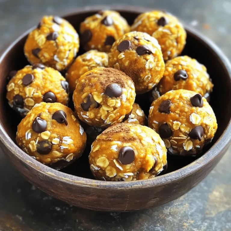 - 1 cup rolled oats - 1/2 cup pumpkin puree - 1/2 cup natural peanut butter - 1/4 cup honey or maple syrup - 1/4 cup ground flaxseed - 1 teaspoon cinnamon - 1/2 teaspoon vanilla extract - 1/4 cup mini chocolate chips (optional) - A pinch of salt These ingredients work together to create tasty energy bites. The oats give a nice texture. Pumpkin adds moisture and flavor. Peanut butter brings creaminess and protein. Honey or maple syrup sweetens the mix. Ground flaxseed adds fiber and nutrients. Cinnamon gives warmth and spice. Vanilla adds depth. Mini chocolate chips are optional but yummy. You can add fun extras to boost flavor. Try: - Chopped nuts like walnuts or almonds for crunch. - Dried fruits like raisins or cranberries for sweetness. - Coconut flakes for a tropical twist. - Protein powder if you want more protein. These add-ins make each bite unique. Feel free to mix and match! Gather these tools to make your energy bites: - A large mixing bowl for combining the ingredients. - A spatula or spoon for mixing. - Measuring cups for accuracy. - Parchment paper to line your baking sheet. - A refrigerator to chill the bites. Having the right tools makes the process easy and fun! Start by getting a large bowl. Add the rolled oats, pumpkin puree, and peanut butter. Then, pour in the honey or maple syrup. Next, sprinkle in the ground flaxseed and cinnamon. Add the vanilla extract for flavor. Use a spatula or your hands to mix everything well. The goal is a thick and sticky mixture. If you like, fold in mini chocolate chips for extra sweetness. This step is fun and lets you feel the texture! Once mixed, it’s time to shape the bites. Take a small amount of the mixture. Roll it into a ball, about one inch wide. You can make them bigger or smaller based on your taste. Place each ball on a baking sheet lined with parchment paper. This keeps them from sticking. Keep rolling until you shape all the mixture. It’s a great way to get kids involved in the kitchen! After shaping, it’s time to chill. Place the baking sheet in the fridge. Let the energy bites firm up for about 30 minutes. This makes them easier to eat later. Once they are set, transfer them to an airtight container. Store them in the fridge for up to a week. If you want to keep them longer, freeze them. They make a quick snack anytime! When mixing your energy bites, use a large bowl. This gives you space to stir well. I like to use my hands. It helps me feel the texture. Make sure everything combines into a thick and sticky mix. If it's too dry, add a bit more pumpkin puree or peanut butter. When shaping, aim for about one inch balls. This size is easy to pop in your mouth. Wet your hands slightly. This keeps the mix from sticking to your palms. Place each ball on parchment paper. It makes for easy cleanup later. If you want a sweeter bite, use more honey or maple syrup. Start with a tablespoon at a time. Taste the mix after each addition. You can also add vanilla extract for more flavor. Don't forget the pinch of salt. It brings out all the sweet flavors. For a spice kick, try adding more cinnamon. You can even mix in a dash of nutmeg. This gives a warm, cozy feel. To make your energy bites look nice, use a decorative bowl. A jar also works well. You can sprinkle extra cinnamon on top. Crushed nuts add a nice touch too. These bites make a great snack for any time. They look good on a plate at parties too. Serve them with fresh fruit for a healthy treat. Enjoy your delicious creation! {{image_2}} You can switch the peanut butter for other nut butters. Almond butter works well. Cashew butter adds a rich flavor. Sunflower seed butter is a great option for nut-free diets. Each nut butter brings a unique taste and texture. Feel free to experiment and find your favorite! For a tasty twist, add seeds or dried fruits. Chia seeds give a nice crunch. Pumpkin seeds add a fun texture and nutty taste. You can also mix in dried cranberries or raisins for sweetness. These additions make your energy bites even more nutritious. Change the flavor to match the season. In fall, add nutmeg or ginger for warmth. In winter, try adding cocoa powder for a chocolatey bite. For spring, mix in lemon zest for a fresh twist. Each tweak keeps the recipe exciting and fun to enjoy all year! To keep your Pumpkin Peanut Butter Energy Bites fresh, store them in an airtight container. This helps keep moisture out and prevents them from getting stale. Place the container in the fridge. You can also layer parchment paper between the bites to keep them from sticking together. These energy bites stay fresh for about one week in the fridge. After that, they may lose some flavor and texture. If you notice any smell or change in color, it’s best to toss them out. Always check before you snack! You can freeze these bites for longer storage. To do this, first, place them on a baking sheet. Freeze them for about an hour until firm. Then, transfer the bites to a freezer-safe bag or container. They can last up to three months in the freezer. When ready to eat, just thaw them in the fridge overnight. Enjoy your tasty, healthy snack anytime! Yes, you can use different sweeteners. Honey and maple syrup work well. You can also try agave nectar or brown rice syrup. Just keep the amount the same as in the recipe. Each sweetener adds its own flavor, so think about what you like best. These energy bites are great for up to a week in the fridge. Store them in an airtight container. If you want them to last longer, you can freeze them. They will stay good in the freezer for about three months. Yes, you can make these without oats. If you want to skip oats, try using ground nuts or seeds. You could also try protein powder or crushed cereal. Just remember, the texture will change a bit. This blog post covered how to make delicious energy bites. You learned about the ingredients, optional add-ins, and needed equipment. The step-by-step guide showed you how to mix, shape, and chill the bites. We shared tips for mixing, adjusting sweetness, and presenting them nicely. You also discovered fun variations and easy storage methods. With these simple steps, you can create tasty, healthy snacks that are easy to enjoy. Experiment with flavors and share them with friends. Enjoy making these energy bites your own!