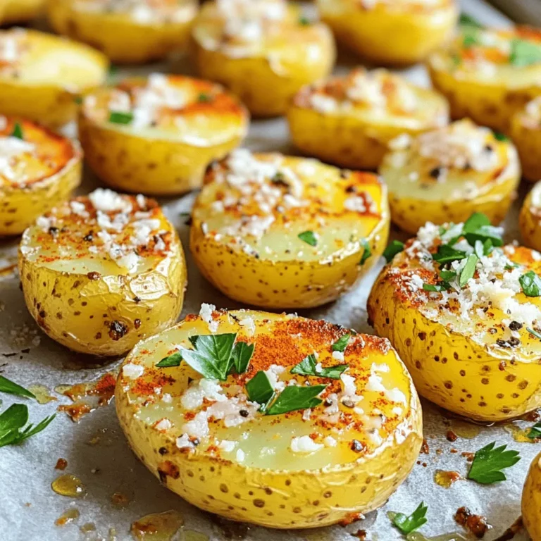 - 1.5 pounds baby potatoes - 3 tablespoons olive oil - 3 cloves garlic, minced - 1 teaspoon paprika - 1 teaspoon onion powder - 1 teaspoon dried oregano - ½ cup grated Parmesan cheese - Salt and pepper to taste - Fresh parsley, chopped for garnish Using fresh, simple ingredients makes this dish shine. Baby potatoes have a creamy inside and a crisp skin. They hold up well in the air fryer. Olive oil adds a rich flavor and helps achieve that golden crisp. Minced garlic gives a punchy taste that blends with the other spices. For seasoning, paprika adds a mild smokiness. Onion powder gives depth to the flavor. Dried oregano adds an earthy note that balances the dish. Parmesan cheese brings a nutty flavor and a delightful crunch. Salt and pepper enhance all the flavors, so adjust them to your taste. Finally, fresh parsley adds a pop of color and freshness. This mix of ingredients creates a tasty side that pairs well with many main dishes. You can easily make it for family dinners, barbecues, or casual get-togethers. First, preheat your air fryer to 400°F (200°C). This step is key to getting crispy potatoes. It only takes about 5 minutes. Next, grab a large mixing bowl. In this bowl, combine 1.5 pounds of halved baby potatoes with 3 tablespoons of olive oil. Add in 3 cloves of minced garlic, 1 teaspoon of paprika, 1 teaspoon of onion powder, and 1 teaspoon of dried oregano. Sprinkle in salt and pepper to taste. Toss everything well. You want every potato to be coated evenly. Now, it's time to add the star ingredient: Parmesan cheese. Sprinkle ½ cup of grated Parmesan over the seasoned potatoes. Toss gently again, ensuring the cheese mixes well. Next, arrange the potatoes in the air fryer basket. Keep them in a single layer to help them crisp up. If your basket is small, you might need to fry in batches. Air fry the potatoes for 15-18 minutes. Be sure to shake the basket halfway through. This helps cook them evenly and gives that perfect golden color. Once the cooking time is up, carefully remove the potatoes from the air fryer. Let them cool for a couple of minutes. This small wait makes them easier to handle. Finally, garnish your crispy potatoes with freshly chopped parsley. This adds a nice touch of color and flavor. Enjoy your crispy Parmesan garlic potatoes! To get your potatoes perfectly crispy, start by preheating the air fryer. Set it to 400°F (200°C) and let it warm up for about 5 minutes. This step helps the potatoes cook evenly and become crispy. Next, shake the basket during cooking. I recommend shaking it halfway through the air frying time. This ensures all sides get that golden brown finish. Cooking time can vary based on potato size. For smaller baby potatoes, 15-18 minutes works well. If your potatoes are larger, you may need to adjust the time slightly. Always check for doneness by piercing a potato with a fork. It should slide in easily when they are cooked just right. Customizing flavors with herbs and spices can take your dish to the next level. Try adding fresh rosemary or thyme for a twist. For salt, I suggest starting with about half a teaspoon. You can always add more to taste later. The key is to find a balance that enhances the natural flavor of the potatoes without overpowering them. {{image_2}} You can make these crispy Parmesan garlic potatoes even more tasty. Try adding different cheeses, like cheddar or gouda. Both add a unique flavor. Cheddar brings a sharp taste, while gouda offers a creamy touch. You can also spice things up with red pepper flakes. Just sprinkle a little on top for a kick. If you want a vegan dish, swap the Parmesan for a vegan cheese. There are many brands that melt well. You can also use nutritional yeast for a cheesy flavor without dairy. For those on a low-carb diet, try using other veggies. Cauliflower or zucchini work great in place of potatoes. If you don't have an air fryer, you can bake these potatoes. Preheat your oven to 425°F (220°C). Spread the seasoned potatoes on a baking sheet in a single layer. Bake for about 25-30 minutes, stirring halfway through. This method will still give you crispy and golden potatoes. You can enjoy the same great taste without an air fryer. To store leftovers, let the crispy potatoes cool down first. This step prevents moisture buildup. Once cool, place them in an airtight container. Glass or plastic containers work well. You can keep them in the fridge for up to three days. To reheat, use the air fryer to keep the potatoes crispy. Preheat your air fryer to 350°F (175°C). Place the leftover potatoes in the basket. Heat for about 5-7 minutes. This will help them regain their crunch. You can also use an oven at the same temperature for about 10 minutes. You can freeze crispy potatoes, but they may lose some texture. To freeze, let them cool completely. Spread them on a baking sheet and freeze until solid. Then, transfer them to a freezer bag. They can last for up to three months. To thaw, place them in the fridge overnight before reheating. Yes, you can use other kinds of potatoes! While baby potatoes work great, you can try Yukon Gold or red potatoes. These types also cook well in an air fryer. Just cut them into similar sizes for even cooking. Larger potatoes may need more time. You can also peel them if you prefer a different texture. Experimenting with different types can lead to fun new flavors! To make these potatoes spicier, add some red pepper flakes or cayenne pepper. Start with a pinch and taste. You can also use spicy seasoning blends. If you want a kick, try adding jalapeños or hot sauce to your mix. Just be careful not to overpower the garlic and Parmesan. A little spice goes a long way! These potatoes pair well with many dishes! Try them with grilled chicken or steak for a hearty meal. They also go great with a fresh salad. For a light option, serve them with fish or shrimp. Don't forget a tasty dipping sauce, like ranch or garlic aioli. The options are endless, so get creative! This blog post covered how to make crispy Parmesan garlic potatoes. We discussed the main ingredients, step-by-step cooking instructions, and tips for the best texture. I also shared variations to suit different tastes and dietary needs, along with storage and reheating methods. In my opinion, this dish is fun and easy to make. With a few simple steps, you can enjoy crispy, tasty potatoes that impress. Don't hesitate to try new flavors and share your results!