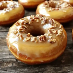 - 1 ½ cups all-purpose flour - 1 teaspoon baking powder - ½ teaspoon baking soda - ½ teaspoon salt - ½ teaspoon ground cinnamon - ¼ teaspoon ground nutmeg For the dry ingredients, I use all-purpose flour as the base. It gives the donuts a light and fluffy texture. Baking powder and baking soda help them rise. Salt enhances the flavor, while ground cinnamon and nutmeg add warmth and spice. These spices create a cozy taste that pairs well with maple. - ½ cup granulated sugar - ½ cup buttermilk - 2 large eggs - ¼ cup unsalted butter, melted - 2 teaspoons vanilla extract The wet ingredients bring everything together. Granulated sugar gives sweetness. Buttermilk adds moisture and tang. Eggs help bind the mixture and add richness. Melted unsalted butter contributes a lovely flavor, while vanilla extract adds depth. Together, they create a smooth and creamy batter. - ½ cup finely chopped pecans - ½ cup maple syrup (for glaze) - 1 cup powdered sugar (for glaze) - 1 tablespoon milk (for glaze) For toppings, I finely chop pecans. They add a nice crunch and nutty flavor. The glaze is made with maple syrup, powdered sugar, and milk. This sweet topping gives the donuts a beautiful shine and a burst of maple flavor. 1. Preheat your oven to 375°F (190°C). This step is key for getting the right texture. 2. Grease your donut pan with non-stick spray. This ensures the donuts come out easily. 3. In a large mixing bowl, whisk together the dry ingredients. Use 1 ½ cups of all-purpose flour, 1 teaspoon of baking powder, ½ teaspoon of baking soda, ½ teaspoon of salt, ½ teaspoon of ground cinnamon, and ¼ teaspoon of ground nutmeg. Mixing well gives your donuts great flavor. 1. In another bowl, mix the wet ingredients. Use ½ cup of granulated sugar, ½ cup of buttermilk, 2 large eggs, ¼ cup of melted unsalted butter, and 2 teaspoons of vanilla extract. Blend until smooth. 2. Slowly pour the wet mix into the dry mix, stirring gently. This keeps the donuts soft. 3. Fold in ½ cup of finely chopped pecans. This adds crunch and flavor to each bite. 1. Fill each cavity of your donut pan about ¾ full with batter. Use a piping bag or a ziplock bag with a snipped corner to make this easy. 2. Bake the donuts for 10-12 minutes. They should be golden brown. A toothpick should come out clean when inserted. 3. Let the donuts cool in the pan for 5 minutes. Then, transfer them to a wire rack to cool completely. 4. For the glaze, combine ½ cup of maple syrup, 1 cup of powdered sugar, and 1 tablespoon of milk in a bowl. Whisk until smooth. 5. Dip the top of each cooled donut into the glaze. Let the excess drip off before placing them back on the wire rack. This creates a nice, even coat of glaze. To get the right texture for your donuts, avoid overmixing the batter. When you mix the wet and dry ingredients, stir just until they come together. This keeps your donuts light and fluffy. Overmixing can make them dense and tough. Cooling is also key for perfect donuts. After baking, let them sit in the pan for about 5 minutes. Then, move them to a wire rack. This helps them cool evenly and keeps them from getting soggy. For a smooth glaze, pay attention to the consistency. The glaze should be thick enough to coat the donuts but not so thick that it doesn't drip. If it's too thick, add a little more milk. If it's too thin, add more powdered sugar. You can try different toppings too! Instead of just glaze, think about adding chopped nuts, sprinkles, or a dusting of cocoa powder. These can add fun flavors and textures to your donuts. Using the right tools makes a big difference. Here are some must-have items: - Donut pan: This helps shape your donuts perfectly. - Piping bag: It makes filling the donut pan easy and mess-free. - Mixing bowls: You’ll need a few sizes for mixing dry and wet ingredients. With these tips and tools, you'll be on your way to making the best bakery-style maple pecan donuts at home! {{image_2}} You can make these donuts even better! Add chocolate chips for a sweet twist. You can also try mixing in spices like ginger or cardamom. If you want a fruity taste, add chopped apples or bananas. Different nuts work too! Pecans are great, but walnuts or almonds can add a new flavor. Each option brings a fun change to the classic taste. If you need a gluten-free option, use almond flour or a gluten-free flour blend. Both work well in this recipe. For vegan donuts, swap eggs with flax eggs. Use plant-based milk instead of buttermilk for a creamy texture. These adjustments keep the donuts tasty while meeting your dietary needs. The glaze can also be fun! Try a chocolate glaze for a richer taste. Caramel glaze adds a sweet, sticky finish. Don’t forget sprinkles or nuts on top for a fun look! You can also use shredded coconut or crushed candy to dress them up. Get creative with the toppings to make each donut unique! To keep your donuts fresh, store them in an airtight container. This helps prevent them from drying out. They can sit at room temperature for about two days. If you want them to last longer, put them in the fridge. In the fridge, they stay good for about a week. Just remember that chilling them might change their texture a bit. For glazed donuts, you should store them in a single layer. Place parchment paper between layers if you stack them. This keeps the glaze intact. If you want to freeze them, wrap each donut tightly in plastic wrap. Put them in a freezer bag, and they will stay fresh for up to three months. When you're ready to eat them, just thaw them at room temperature. To reheat your donuts, use the oven or microwave. For the oven, set it to 350°F (175°C) and warm them for about 5 minutes. This keeps the outside crisp. If you use the microwave, heat them for 10-15 seconds. This method makes them soft again, but the texture may not be the same. Enjoy your fresh-tasting donuts! Your donuts are done when they turn golden brown. Check them with a toothpick. Insert it into the donut. If it comes out clean, they are ready. The tops should feel firm, not wet. This usually takes about 10 to 12 minutes at 375°F (190°C). Yes, you can make the batter ahead of time! Mix the dry and wet ingredients separately. Store the dry mix in a sealed bag. Keep the wet mix in the fridge. When you are ready to bake, just combine them. This way, you save time and enjoy fresh donuts. These donuts taste great on their own. Serve them warm for the best flavor. You can pair them with coffee or hot chocolate. They also go well with fresh fruit or whipped cream. Try sprinkling extra chopped pecans on top for crunch! Yes, you can make these donuts without a donut pan! Use a muffin tin instead. Simply fill the muffin cups about halfway. Bake them as you would the donuts. They will still taste amazing, just in a different shape. Enjoy your baked treats! In this blog post, we covered how to make delicious maple pecan donuts. We discussed the essential ingredients, including dry and wet elements, and toppings. I walked you through each step, from preparation to baking and glazing. Tips helped you achieve the best texture and perfect glaze. We explored tasty variations and storage options to keep your donuts fresh. Remember, making these treats can be fun and rewarding. Enjoy sharing them with family and friends for a sweet experience!