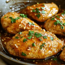 To make this tasty One-Pan Honey Garlic Chicken Breasts, you need: - 4 boneless, skinless chicken breasts - 1/4 cup honey - 1/4 cup soy sauce - 4 cloves garlic, minced - 1 tablespoon olive oil - 1 tablespoon apple cider vinegar - 1 teaspoon ground ginger - 1/2 teaspoon black pepper - 1/4 teaspoon red pepper flakes (optional) - Fresh parsley, chopped (for garnish) - Salt to taste You can swap some ingredients if needed. Use maple syrup instead of honey for a vegan option. Tamari works well if you need a gluten-free soy sauce. If you don't have apple cider vinegar, rice vinegar or white vinegar can work too. For a spice kick, use sriracha instead of red pepper flakes. Look for fresh chicken breasts at your local butcher or grocery store. Choose organic, free-range poultry for better flavor. Check the honey label for pure, local options. For soy sauce, opt for low-sodium versions to keep the dish lighter. Fresh garlic is best, but you can use jarred minced garlic in a pinch. Herbs like parsley should be vibrant and fresh for the best taste. 1. First, preheat your oven to 375°F (190°C). This step ensures even cooking. 2. Next, grab a medium bowl. Whisk together the honey, soy sauce, minced garlic, olive oil, apple cider vinegar, ground ginger, black pepper, and red pepper flakes if you like spice. Mix until smooth. 3. Lightly season the chicken breasts with salt on both sides. This adds flavor. 4. Get a large oven-safe skillet and add a drizzle of olive oil. Heat it over medium heat. 1. Once the skillet is hot, add the chicken breasts. Sear each side for about 2-3 minutes. Look for a golden brown color. This step locks in juices and adds flavor. 2. Pour the honey garlic sauce over the chicken. Make sure each piece gets coated well. This sauce is the star of the dish! 3. Now, transfer the skillet to your preheated oven. Bake for 20-25 minutes. The chicken should reach an internal temperature of 165°F (75°C). Basting halfway through helps keep it moist. - Oven temperature: 375°F (190°C) - Baking time: 20-25 minutes - Use a meat thermometer to check doneness. Rest the chicken for 5 minutes after baking. This helps the juices settle. - For serving, slice the chicken and drizzle the sauce from the skillet on top. Garnish with chopped parsley for a fresh touch. To get the best flavor in your One-Pan Honey Garlic Chicken Breasts, follow these tips: - Sear the Chicken: Searing adds a nice crust. This locks in juices and flavor. Cook each side for 2-3 minutes until golden brown. - Use Fresh Garlic: Fresh garlic gives a stronger taste than powdered. Mince it finely to spread the flavor well. - Adjust the Sauce: If you like a sweeter taste, add more honey. For a saltier kick, increase the soy sauce. - Baste the Chicken: Halfway through baking, spoon the sauce over the chicken. This keeps it moist and flavorful. Avoid these common mistakes for the best results: - Skipping the Salt: A little salt helps bring out the flavors. Be sure to season both sides of the chicken. - Overcrowding the Pan: If you put too many chicken breasts at once, they won’t sear well. Cook in batches if needed. - Not Checking Temperature: Always check the chicken's internal temperature with a meat thermometer. It should reach 165°F (75°C) for safety. - Not Letting It Rest: Let the chicken rest for 5 minutes after baking. This helps keep it juicy. Here are some great ideas for serving your dish: - Over Rice: Serve the chicken on a bed of fluffy rice. The sauce soaks in and adds flavor. - With Veggies: Pair with steamed broccoli or green beans for a healthy side. - On a Salad: Slice the chicken and add it to a fresh salad. Drizzle with extra sauce for a tasty dressing. - With Crusty Bread: Serve with crusty bread to soak up every drop of that delicious sauce. {{image_2}} You can easily change the spice level of your honey garlic chicken. For a mild dish, skip the red pepper flakes. If you want more heat, add more red pepper flakes. You can also use hot sauce or crushed chili peppers. These changes let you control the flavor to fit your taste. Adding extra ingredients can take your chicken to the next level. You can mix in sesame oil for a nutty taste. Fresh ginger can add brightness. Try adding chopped green onions or bell peppers for crunch. A splash of lime juice can brighten the sauce. Each of these options brings a unique twist that makes the dish even better. Choosing the right side dishes can make your meal complete. Steamed rice is a great base to soak up the sauce. Roasted vegetables add color and nutrition. A simple salad with mixed greens offers freshness. Garlic bread can also be a tasty choice. These sides balance the sweet and savory flavors of the chicken, creating a satisfying meal. After cooking, let the chicken cool down. Place the chicken in an airtight container. It will stay fresh in the fridge for up to three days. For the best taste, eat it within two days. Keep the sauce separate to maintain its flavor. You can freeze the chicken if you have leftovers. First, let it cool completely. Wrap each piece in plastic wrap. Then, place the wrapped chicken in a freezer bag. This keeps it safe from freezer burn. The chicken can last up to three months in the freezer. When ready to eat, thaw it overnight in the fridge. To reheat, you have a few options. You can use the oven, microwave, or stovetop. For the oven, preheat it to 350°F (175°C). Place the chicken in a baking dish and cover it with foil. Heat for about 15-20 minutes. If using the microwave, place the chicken on a plate. Heat it in 30-second intervals until warm. For the stovetop, add a splash of water to a skillet. Heat over low until warmed through, about 5-7 minutes. Always check that the chicken reaches 165°F (75°C) before serving. You should marinate the chicken for at least 30 minutes. This time allows the flavors to soak in. If you have more time, marinating for 1 to 2 hours gives even better taste. Be sure to keep it in the fridge while it marinates. You can even prepare it the night before for a quick meal the next day. Yes, you can use bone-in chicken. However, bone-in pieces will require a longer cooking time. Make sure the internal temperature reaches 165°F (75°C). Adjust your cooking time to ensure it cooks through. The flavor will still be delicious, but the texture may differ slightly. This dish pairs well with various sides. You might try steamed rice, roasted vegetables, or a fresh salad. Mashed potatoes also complement the sweet sauce nicely. For a lighter option, serve it with quinoa or couscous. These sides will balance the flavors and make your meal even better. This blog post covered key steps to make One-Pan Honey Garlic Chicken Breasts. You learned about essential ingredients, useful substitutes, and where to find them. We explored easy cooking steps and important baking tips. I shared helpful tricks to enhance flavor and avoid common mistakes. Plus, we discussed tasty variations and storage tips. Now you can confidently make a delicious meal. Enjoy the process and share this recipe with friends!