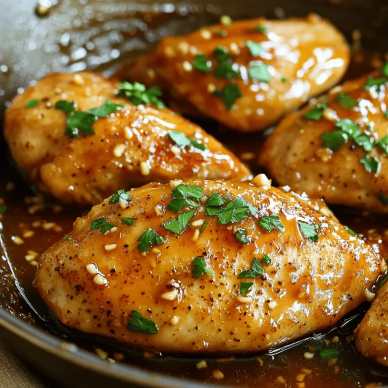 To make this tasty One-Pan Honey Garlic Chicken Breasts, you need: - 4 boneless, skinless chicken breasts - 1/4 cup honey - 1/4 cup soy sauce - 4 cloves garlic, minced - 1 tablespoon olive oil - 1 tablespoon apple cider vinegar - 1 teaspoon ground ginger - 1/2 teaspoon black pepper - 1/4 teaspoon red pepper flakes (optional) - Fresh parsley, chopped (for garnish) - Salt to taste You can swap some ingredients if needed. Use maple syrup instead of honey for a vegan option. Tamari works well if you need a gluten-free soy sauce. If you don't have apple cider vinegar, rice vinegar or white vinegar can work too. For a spice kick, use sriracha instead of red pepper flakes. Look for fresh chicken breasts at your local butcher or grocery store. Choose organic, free-range poultry for better flavor. Check the honey label for pure, local options. For soy sauce, opt for low-sodium versions to keep the dish lighter. Fresh garlic is best, but you can use jarred minced garlic in a pinch. Herbs like parsley should be vibrant and fresh for the best taste. 1. First, preheat your oven to 375°F (190°C). This step ensures even cooking. 2. Next, grab a medium bowl. Whisk together the honey, soy sauce, minced garlic, olive oil, apple cider vinegar, ground ginger, black pepper, and red pepper flakes if you like spice. Mix until smooth. 3. Lightly season the chicken breasts with salt on both sides. This adds flavor. 4. Get a large oven-safe skillet and add a drizzle of olive oil. Heat it over medium heat. 1. Once the skillet is hot, add the chicken breasts. Sear each side for about 2-3 minutes. Look for a golden brown color. This step locks in juices and adds flavor. 2. Pour the honey garlic sauce over the chicken. Make sure each piece gets coated well. This sauce is the star of the dish! 3. Now, transfer the skillet to your preheated oven. Bake for 20-25 minutes. The chicken should reach an internal temperature of 165°F (75°C). Basting halfway through helps keep it moist. - Oven temperature: 375°F (190°C) - Baking time: 20-25 minutes - Use a meat thermometer to check doneness. Rest the chicken for 5 minutes after baking. This helps the juices settle. - For serving, slice the chicken and drizzle the sauce from the skillet on top. Garnish with chopped parsley for a fresh touch. To get the best flavor in your One-Pan Honey Garlic Chicken Breasts, follow these tips: - Sear the Chicken: Searing adds a nice crust. This locks in juices and flavor. Cook each side for 2-3 minutes until golden brown. - Use Fresh Garlic: Fresh garlic gives a stronger taste than powdered. Mince it finely to spread the flavor well. - Adjust the Sauce: If you like a sweeter taste, add more honey. For a saltier kick, increase the soy sauce. - Baste the Chicken: Halfway through baking, spoon the sauce over the chicken. This keeps it moist and flavorful. Avoid these common mistakes for the best results: - Skipping the Salt: A little salt helps bring out the flavors. Be sure to season both sides of the chicken. - Overcrowding the Pan: If you put too many chicken breasts at once, they won’t sear well. Cook in batches if needed. - Not Checking Temperature: Always check the chicken's internal temperature with a meat thermometer. It should reach 165°F (75°C) for safety. - Not Letting It Rest: Let the chicken rest for 5 minutes after baking. This helps keep it juicy. Here are some great ideas for serving your dish: - Over Rice: Serve the chicken on a bed of fluffy rice. The sauce soaks in and adds flavor. - With Veggies: Pair with steamed broccoli or green beans for a healthy side. - On a Salad: Slice the chicken and add it to a fresh salad. Drizzle with extra sauce for a tasty dressing. - With Crusty Bread: Serve with crusty bread to soak up every drop of that delicious sauce. {{image_2}} You can easily change the spice level of your honey garlic chicken. For a mild dish, skip the red pepper flakes. If you want more heat, add more red pepper flakes. You can also use hot sauce or crushed chili peppers. These changes let you control the flavor to fit your taste. Adding extra ingredients can take your chicken to the next level. You can mix in sesame oil for a nutty taste. Fresh ginger can add brightness. Try adding chopped green onions or bell peppers for crunch. A splash of lime juice can brighten the sauce. Each of these options brings a unique twist that makes the dish even better. Choosing the right side dishes can make your meal complete. Steamed rice is a great base to soak up the sauce. Roasted vegetables add color and nutrition. A simple salad with mixed greens offers freshness. Garlic bread can also be a tasty choice. These sides balance the sweet and savory flavors of the chicken, creating a satisfying meal. After cooking, let the chicken cool down. Place the chicken in an airtight container. It will stay fresh in the fridge for up to three days. For the best taste, eat it within two days. Keep the sauce separate to maintain its flavor. You can freeze the chicken if you have leftovers. First, let it cool completely. Wrap each piece in plastic wrap. Then, place the wrapped chicken in a freezer bag. This keeps it safe from freezer burn. The chicken can last up to three months in the freezer. When ready to eat, thaw it overnight in the fridge. To reheat, you have a few options. You can use the oven, microwave, or stovetop. For the oven, preheat it to 350°F (175°C). Place the chicken in a baking dish and cover it with foil. Heat for about 15-20 minutes. If using the microwave, place the chicken on a plate. Heat it in 30-second intervals until warm. For the stovetop, add a splash of water to a skillet. Heat over low until warmed through, about 5-7 minutes. Always check that the chicken reaches 165°F (75°C) before serving. You should marinate the chicken for at least 30 minutes. This time allows the flavors to soak in. If you have more time, marinating for 1 to 2 hours gives even better taste. Be sure to keep it in the fridge while it marinates. You can even prepare it the night before for a quick meal the next day. Yes, you can use bone-in chicken. However, bone-in pieces will require a longer cooking time. Make sure the internal temperature reaches 165°F (75°C). Adjust your cooking time to ensure it cooks through. The flavor will still be delicious, but the texture may differ slightly. This dish pairs well with various sides. You might try steamed rice, roasted vegetables, or a fresh salad. Mashed potatoes also complement the sweet sauce nicely. For a lighter option, serve it with quinoa or couscous. These sides will balance the flavors and make your meal even better. This blog post covered key steps to make One-Pan Honey Garlic Chicken Breasts. You learned about essential ingredients, useful substitutes, and where to find them. We explored easy cooking steps and important baking tips. I shared helpful tricks to enhance flavor and avoid common mistakes. Plus, we discussed tasty variations and storage tips. Now you can confidently make a delicious meal. Enjoy the process and share this recipe with friends!