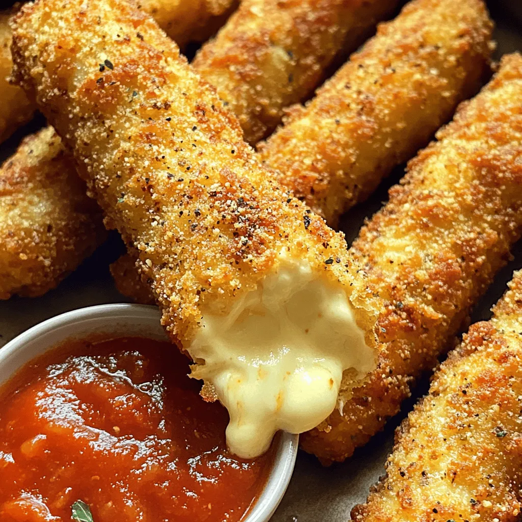 - 12 string cheese sticks - 1 cup all-purpose flour - 2 large eggs, beaten - 1 cup breadcrumbs (preferably panko for extra crunch) - 1 teaspoon garlic powder - 1 teaspoon Italian seasoning - 1/2 teaspoon paprika - Salt and pepper to taste - Cooking spray - Marinara sauce (for dipping) - String Cheese Sticks: These are the heart of the dish. They melt well and taste great. - All-Purpose Flour: This helps the egg and breadcrumbs stick. Use regular flour for best results. - Eggs: Beaten eggs coat the sticks and help the breadcrumbs stick firmly. - Breadcrumbs: I prefer panko for a crispy finish. They add a nice crunch! - Garlic Powder: This gives the mozzarella sticks a savory kick. - Italian Seasoning: A mix of herbs that adds flavor and depth. - Paprika: Adds color and a hint of smokiness. - Salt and Pepper: Essential for seasoning. Adjust to your taste. - Cooking Spray: This helps achieve that golden, crispy crust in the air fryer. - Marinara Sauce: A classic dip that pairs perfectly with these cheesy sticks. - You can use low-fat string cheese if you want a lighter snack. - Substitute whole wheat flour for all-purpose flour for a healthier twist. - For a gluten-free option, use gluten-free breadcrumbs and flour. - If you don’t have panko, regular breadcrumbs work too, but they might be less crunchy. - You can add other spices like cayenne pepper for some heat if you like! To start, cut each string cheese stick in half. You will have 24 pieces. Next, place the cheese pieces on a parchment-lined baking sheet. Freeze them for about 30 minutes. This step helps the cheese stay firm during cooking. Set up your breading station while the cheese is freezing. Use three bowls for this. In the first bowl, add 1 cup of all-purpose flour. Season the flour with salt and pepper. In the second bowl, beat 2 large eggs. In the third bowl, mix 1 cup of breadcrumbs with 1 teaspoon of garlic powder, 1 teaspoon of Italian seasoning, and 1/2 teaspoon of paprika. Once the cheese is firm, take it out of the freezer. Dip each cheese stick into the flour first. Make sure to cover it well and shake off any extra flour. Next, dip the stick into the beaten eggs. Ensure it is completely coated. Finally, roll the stick in the breadcrumb mix. Press gently so the breadcrumbs stick well. Place the breaded sticks back onto the baking sheet and repeat with all the cheese pieces. Preheat your air fryer to 390°F (200°C) for about 5 minutes. While it heats, spray the basket with cooking spray. Place a batch of mozzarella sticks in the basket, but do not overcrowd them. Air fry the sticks for 6 to 8 minutes. They should turn golden brown and crispy. Halfway through, gently shake the basket or flip the sticks to cook evenly. Once done, take the sticks out and let them cool slightly. Serve with marinara sauce for dipping. Enjoy your tasty snack! To get that perfect crunchy outer layer, use panko breadcrumbs. They give a great crunch. Make sure to freeze the cheese sticks before breading. This helps keep them firm. Dip them well in the flour and egg. This ensures the breadcrumbs stick well. One common mistake is overcrowding the air fryer. If you add too many sticks at once, they won’t cook evenly. Always leave space between them. Another mistake is skipping the freeze step. If you don’t freeze, the cheese can ooze out while cooking. Preventing the cheese from exploding is easy. First, keep the cheese sticks frozen before cooking. Second, don’t cook them for too long. Check for doneness around the 6-minute mark. Lastly, shake the basket gently during cooking. This helps them cook evenly and reduces the chance of mess. {{image_2}} You can switch up the cheese for fun. Try cheddar or pepper jack cheese sticks. Provolone adds a nice twist too. Each cheese gives a new flavor. You can even blend cheeses for a tasty mix. Just remember, use cheese that melts well for the best results. Adding flavors to the breading makes these sticks even better. Mix in some herbs like oregano or basil. You can also add a pinch of cayenne for heat. Try using Parmesan cheese in the breadcrumb mix for a savory touch. Get creative with spices to match your taste! Marinara sauce is classic, but you have options. Try ranch dressing for a creamy dip. A spicy aioli adds a nice kick. You can also use honey mustard for a sweet twist. Experiment with different sauces to find your favorite pairing. To store leftover mozzarella sticks, let them cool first. Place them in an airtight container. You can keep them in the fridge for up to three days. If you want them to last longer, consider freezing instead. Reheat leftover mozzarella sticks in the air fryer for the best results. Preheat the air fryer to 350°F (175°C). Place the sticks in the basket. Heat them for about 3-5 minutes. This method keeps them crispy. You can also use an oven if you prefer. Just heat at 350°F (175°C) for about 10 minutes. Freezing mozzarella sticks is easy and great for meal prep. After you bread the sticks, place them on a baking sheet in a single layer. Freeze them for about an hour. Once they are firm, transfer them to a freezer bag. They can stay frozen for up to three months. When you want to cook them, you can air fry them straight from the freezer. Just add a couple of extra minutes to the cooking time. Yes, you can use frozen mozzarella sticks. They will cook faster than fresh ones. Just remember to adjust the cooking time. Check them after 6 minutes to see if they are golden and crispy. Air fryer mozzarella sticks last about 3 days in the fridge. Store them in an airtight container. You can also freeze them for up to 2 months. Just reheat them in the air fryer for a quick snack. Absolutely! To make baked mozzarella sticks, follow the same steps. Instead of air frying, place them in a preheated oven at 400°F (200°C). Bake for about 10-12 minutes or until golden brown. In this blog post, I shared how to make delicious air fryer mozzarella sticks. We covered the key ingredients, step-by-step cooking instructions, and helpful tips for success. Exploring different variations revealed fresh cheese and sauce options to try. Remember, proper storage and reheating can keep your mozzarella sticks tasty for longer. With these insights, you'll enjoy perfect snacks every time. Dive into your cooking with confidence and have fun experimenting!