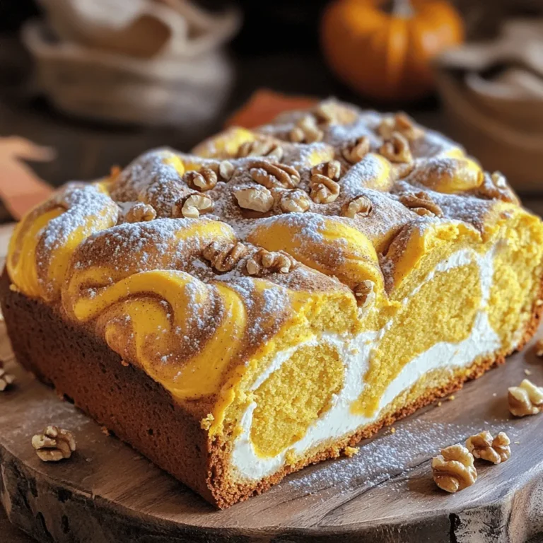 To make a tasty pumpkin cream cheese loaf, you need the following main ingredients: - 1 ½ cups all-purpose flour - 1 teaspoon baking soda - ½ teaspoon baking powder - ½ teaspoon salt - 1 teaspoon ground cinnamon - ½ teaspoon ground nutmeg - ½ teaspoon ground ginger - ½ cup unsalted butter, softened - 1 cup granulated sugar - ½ cup brown sugar, packed - 2 large eggs - 1 cup pumpkin puree - 1 teaspoon vanilla extract - 8 oz cream cheese, softened - ¼ cup powdered sugar - 1 tablespoon milk These ingredients create a moist loaf with a rich pumpkin flavor. You can add some fun extras to your loaf. Here are a few optional add-ins: - ½ cup chopped walnuts or pecans - Chocolate chips - Dried cranberries These add-ins can enhance the taste and texture of your loaf. If you lack an ingredient, you can swap it out. Here are some easy substitutions: - Use whole wheat flour instead of all-purpose flour for a healthier loaf. - Replace eggs with applesauce for a vegan option. - Use maple syrup in place of granulated sugar. These swaps can fit your diet and still deliver a delicious loaf. First, set your oven to 350°F (175°C). This step warms up the oven for even baking. Next, take a 9x5-inch loaf pan. You can grease it with butter or use parchment paper. This will help the loaf come out easily. In a medium bowl, combine the dry ingredients. Whisk together 1 ½ cups of flour, 1 teaspoon of baking soda, ½ teaspoon of baking powder, and ½ teaspoon of salt. Add in the spices: 1 teaspoon of ground cinnamon, ½ teaspoon of ground nutmeg, and ½ teaspoon of ground ginger. Mix these well. This blend adds wonderful flavor to your loaf. Now, grab a large bowl. Beat ½ cup of softened unsalted butter with 1 cup of granulated sugar and ½ cup of brown sugar. Use an electric mixer to make it creamy. Add 2 large eggs one at a time, mixing well after each. Stir in 1 cup of pumpkin puree and 1 teaspoon of vanilla extract. Mix until smooth. This step makes your loaf moist and flavorful. In a separate bowl, beat 8 oz of softened cream cheese with ¼ cup of powdered sugar and 1 tablespoon of milk. Mix until it is smooth. This will create a delightful cream cheese swirl. Pour half of the pumpkin batter into the loaf pan. Spoon half of the cream cheese mixture over it. Use a knife to swirl it gently. Then, add the rest of the pumpkin batter and top with the remaining cream cheese mixture. Swirl again if you like. If you want, sprinkle ½ cup of chopped walnuts or pecans on top. Bake for about 60-70 minutes. Check with a toothpick; it should come out clean. Once done, let the loaf cool in the pan for about 10 minutes. Then, transfer it to a wire rack to cool completely. To create a lovely cream cheese swirl, mix the cream cheese with powdered sugar and milk. Make sure this mixture is smooth. Use a knife to gently swirl it into the pumpkin batter. Don't overdo the swirling! You want to see ribbons, not a full mix. Take your time to spoon it in layers. This method gives you a beautiful look and taste. Mixing helps combine the ingredients, but too much can make the loaf tough. After adding the dry ingredients, mix just until you see no flour. It's okay if some lumps remain. The loaf will turn out moist and tender this way. Keep it simple; less is more when mixing! For even baking, preheat your oven well before putting in the loaf. Place the loaf in the center of the oven. Avoid opening the oven door while it bakes. This keeps the heat steady. Use a toothpick to check doneness. If it comes out clean, your loaf is ready! {{image_2}} You can change up your Pumpkin Cream Cheese Loaf by adding nuts. Chopped walnuts or pecans work great. They add crunch and flavor. If you want a twist, try adding chocolate chips. They melt and mix well with the cream cheese. For a fruity touch, consider dried cranberries or raisins. These optional ingredients can make your loaf unique and tasty. You have a choice between pumpkin spice and a classic flavor. Pumpkin spice is warm and cozy. It has cinnamon, nutmeg, and ginger. If you love that fall flavor, use pumpkin spice. The classic option is more subtle. It focuses on the pumpkin flavor itself. You can also mix both to create a balanced taste. Experiment and find the flavor combination you like best. If you need a gluten-free option, it’s easy to adapt this recipe. Just replace all-purpose flour with a gluten-free blend. Make sure the blend includes xanthan gum for texture. This swap keeps the loaf moist and fluffy. You may also want to check if your baking soda and baking powder are gluten-free. Enjoy your delicious gluten-free Pumpkin Cream Cheese Loaf without missing out! To keep your pumpkin cream cheese loaf fresh, let it cool completely. Wrap it tightly in plastic wrap or foil. This will keep it moist. Store it at room temperature for up to three days. If you need it to last longer, refrigerate it. In the fridge, the loaf stays good for about a week. You can freeze this loaf for later enjoyment. Once it's cool, slice it into portions. Wrap each slice in plastic wrap, then place them in a freezer bag. Label the bag with the date. The loaf can be frozen for up to three months. To thaw, take out a slice and leave it at room temperature for a few hours. You can also heat it in the microwave for about 20 seconds. Reheating your pumpkin cream cheese loaf is simple! For the best taste, use the oven. Preheat it to 350°F (175°C). Place the loaf or slices on a baking sheet. Heat for about 10-15 minutes. If you’re in a hurry, use the microwave. Just heat a slice for about 15-20 seconds. Enjoy it warm, and don’t forget to add a little butter if you like! Yes, you can use canned pumpkin puree. It saves time and still tastes great. Just make sure to pick pure pumpkin, not pumpkin pie filling. Canned pumpkin gives your loaf a smooth texture. It also has the same flavor as fresh pumpkin. This makes it a perfect choice for this recipe. To check if your loaf is done, use a toothpick. Insert it into the center of the loaf. If it comes out clean, your loaf is ready. If it has batter on it, bake a bit longer. Baking usually takes 60 to 70 minutes. Keep an eye on it towards the end to avoid overbaking. This loaf pairs well with many things. You can enjoy it with a hot cup of coffee or tea. A dollop of whipped cream cheese on top adds a nice touch. You could also serve it with a side of fresh fruit. Sliced apples or pears work well. Consider adding a sprinkle of cinnamon for extra flavor. This blog post covered everything you need for a tasty Pumpkin Cream Cheese Loaf. I shared the main ingredients, optional add-ins, and how to substitute common items. You learned the steps to mix, bake, and cool your loaf while perfecting the cream cheese swirl. Plus, I offered tips for storage and variations to suit your taste. Experimenting with new flavors makes baking fun. Trust these steps to make your loaf a delight. Enjoy every slice!