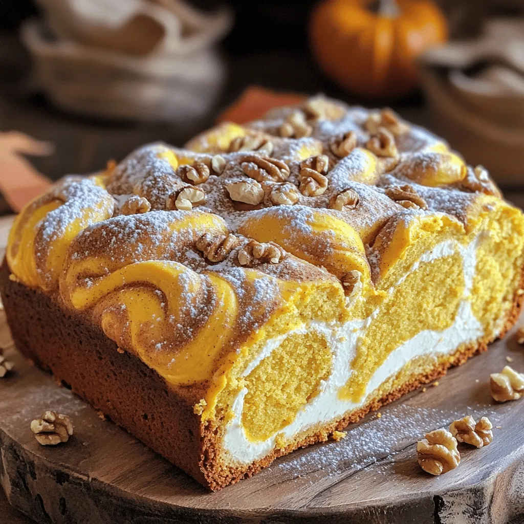 To make a tasty pumpkin cream cheese loaf, you need the following main ingredients: - 1 ½ cups all-purpose flour - 1 teaspoon baking soda - ½ teaspoon baking powder - ½ teaspoon salt - 1 teaspoon ground cinnamon - ½ teaspoon ground nutmeg - ½ teaspoon ground ginger - ½ cup unsalted butter, softened - 1 cup granulated sugar - ½ cup brown sugar, packed - 2 large eggs - 1 cup pumpkin puree - 1 teaspoon vanilla extract - 8 oz cream cheese, softened - ¼ cup powdered sugar - 1 tablespoon milk These ingredients create a moist loaf with a rich pumpkin flavor. You can add some fun extras to your loaf. Here are a few optional add-ins: - ½ cup chopped walnuts or pecans - Chocolate chips - Dried cranberries These add-ins can enhance the taste and texture of your loaf. If you lack an ingredient, you can swap it out. Here are some easy substitutions: - Use whole wheat flour instead of all-purpose flour for a healthier loaf. - Replace eggs with applesauce for a vegan option. - Use maple syrup in place of granulated sugar. These swaps can fit your diet and still deliver a delicious loaf. First, set your oven to 350°F (175°C). This step warms up the oven for even baking. Next, take a 9x5-inch loaf pan. You can grease it with butter or use parchment paper. This will help the loaf come out easily. In a medium bowl, combine the dry ingredients. Whisk together 1 ½ cups of flour, 1 teaspoon of baking soda, ½ teaspoon of baking powder, and ½ teaspoon of salt. Add in the spices: 1 teaspoon of ground cinnamon, ½ teaspoon of ground nutmeg, and ½ teaspoon of ground ginger. Mix these well. This blend adds wonderful flavor to your loaf. Now, grab a large bowl. Beat ½ cup of softened unsalted butter with 1 cup of granulated sugar and ½ cup of brown sugar. Use an electric mixer to make it creamy. Add 2 large eggs one at a time, mixing well after each. Stir in 1 cup of pumpkin puree and 1 teaspoon of vanilla extract. Mix until smooth. This step makes your loaf moist and flavorful. In a separate bowl, beat 8 oz of softened cream cheese with ¼ cup of powdered sugar and 1 tablespoon of milk. Mix until it is smooth. This will create a delightful cream cheese swirl. Pour half of the pumpkin batter into the loaf pan. Spoon half of the cream cheese mixture over it. Use a knife to swirl it gently. Then, add the rest of the pumpkin batter and top with the remaining cream cheese mixture. Swirl again if you like. If you want, sprinkle ½ cup of chopped walnuts or pecans on top. Bake for about 60-70 minutes. Check with a toothpick; it should come out clean. Once done, let the loaf cool in the pan for about 10 minutes. Then, transfer it to a wire rack to cool completely. To create a lovely cream cheese swirl, mix the cream cheese with powdered sugar and milk. Make sure this mixture is smooth. Use a knife to gently swirl it into the pumpkin batter. Don't overdo the swirling! You want to see ribbons, not a full mix. Take your time to spoon it in layers. This method gives you a beautiful look and taste. Mixing helps combine the ingredients, but too much can make the loaf tough. After adding the dry ingredients, mix just until you see no flour. It's okay if some lumps remain. The loaf will turn out moist and tender this way. Keep it simple; less is more when mixing! For even baking, preheat your oven well before putting in the loaf. Place the loaf in the center of the oven. Avoid opening the oven door while it bakes. This keeps the heat steady. Use a toothpick to check doneness. If it comes out clean, your loaf is ready! {{image_2}} You can change up your Pumpkin Cream Cheese Loaf by adding nuts. Chopped walnuts or pecans work great. They add crunch and flavor. If you want a twist, try adding chocolate chips. They melt and mix well with the cream cheese. For a fruity touch, consider dried cranberries or raisins. These optional ingredients can make your loaf unique and tasty. You have a choice between pumpkin spice and a classic flavor. Pumpkin spice is warm and cozy. It has cinnamon, nutmeg, and ginger. If you love that fall flavor, use pumpkin spice. The classic option is more subtle. It focuses on the pumpkin flavor itself. You can also mix both to create a balanced taste. Experiment and find the flavor combination you like best. If you need a gluten-free option, it’s easy to adapt this recipe. Just replace all-purpose flour with a gluten-free blend. Make sure the blend includes xanthan gum for texture. This swap keeps the loaf moist and fluffy. You may also want to check if your baking soda and baking powder are gluten-free. Enjoy your delicious gluten-free Pumpkin Cream Cheese Loaf without missing out! To keep your pumpkin cream cheese loaf fresh, let it cool completely. Wrap it tightly in plastic wrap or foil. This will keep it moist. Store it at room temperature for up to three days. If you need it to last longer, refrigerate it. In the fridge, the loaf stays good for about a week. You can freeze this loaf for later enjoyment. Once it's cool, slice it into portions. Wrap each slice in plastic wrap, then place them in a freezer bag. Label the bag with the date. The loaf can be frozen for up to three months. To thaw, take out a slice and leave it at room temperature for a few hours. You can also heat it in the microwave for about 20 seconds. Reheating your pumpkin cream cheese loaf is simple! For the best taste, use the oven. Preheat it to 350°F (175°C). Place the loaf or slices on a baking sheet. Heat for about 10-15 minutes. If you’re in a hurry, use the microwave. Just heat a slice for about 15-20 seconds. Enjoy it warm, and don’t forget to add a little butter if you like! Yes, you can use canned pumpkin puree. It saves time and still tastes great. Just make sure to pick pure pumpkin, not pumpkin pie filling. Canned pumpkin gives your loaf a smooth texture. It also has the same flavor as fresh pumpkin. This makes it a perfect choice for this recipe. To check if your loaf is done, use a toothpick. Insert it into the center of the loaf. If it comes out clean, your loaf is ready. If it has batter on it, bake a bit longer. Baking usually takes 60 to 70 minutes. Keep an eye on it towards the end to avoid overbaking. This loaf pairs well with many things. You can enjoy it with a hot cup of coffee or tea. A dollop of whipped cream cheese on top adds a nice touch. You could also serve it with a side of fresh fruit. Sliced apples or pears work well. Consider adding a sprinkle of cinnamon for extra flavor. This blog post covered everything you need for a tasty Pumpkin Cream Cheese Loaf. I shared the main ingredients, optional add-ins, and how to substitute common items. You learned the steps to mix, bake, and cool your loaf while perfecting the cream cheese swirl. Plus, I offered tips for storage and variations to suit your taste. Experimenting with new flavors makes baking fun. Trust these steps to make your loaf a delight. Enjoy every slice!