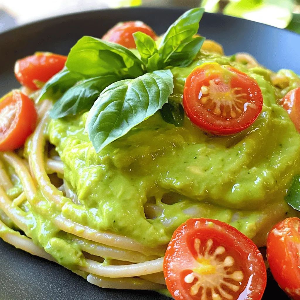 - 2 ripe avocados, pitted and peeled - 2 cloves garlic, minced - 1 tablespoon lemon juice - 1/4 cup fresh basil leaves - 1/4 cup grated Parmesan cheese (or vegan alternative) - Salt and pepper to taste - 8 ounces whole wheat pasta (or pasta of choice) - 1/4 cup olive oil - Cherry tomatoes, halved (for garnish) - Extra basil leaves (for garnish) Avocados are a superfood. They are rich in healthy fats. These fats help keep your heart strong. Avocados also have fiber, which aids digestion. They contain vitamins like K, E, and C. These vitamins support your skin and immune system. Eating avocados can even help lower bad cholesterol. They are low in sugar and high in nutrients. This makes them a great choice for a healthy diet. If you don't have ripe avocados, try using guacamole. It adds similar creaminess. Instead of garlic, use garlic powder for a mild flavor. You can replace Parmesan cheese with nutritional yeast for a vegan twist. For gluten-free options, choose gluten-free pasta. Fresh herbs like cilantro can replace basil for a different taste. To start, you will need to cook the pasta. Boil water in a large pot. Add a pinch of salt for flavor. Once boiling, add your pasta. Cook it according to the package instructions until it is al dente. This usually takes about 8 to 10 minutes. When done, save 1 cup of pasta water. Drain the pasta and set it aside. Next, grab your food processor. Add the ripe avocados, minced garlic, and lemon juice. Toss in the fresh basil leaves and grated Parmesan cheese. Blend these ingredients until smooth and creamy. While blending, slowly drizzle in the olive oil. This helps make the sauce silky. If the sauce is too thick, add some of the reserved pasta water. Blend again until it reaches your desired consistency. Season the sauce with salt and pepper to taste. Now it's time to mix everything. In a large bowl, add the drained pasta. Pour the creamy avocado sauce over the pasta. Toss it gently until every piece is coated. If the sauce seems too thick, add more reserved pasta water. This will help you achieve the perfect creaminess. Serve the pasta right away. Garnish with halved cherry tomatoes and extra basil leaves for a fresh look. Enjoy your delicious meal! Choose avocados that feel slightly soft when you press them. A ripe avocado should yield to gentle pressure. Look for dark green skin, but avoid any that have large dark spots. If you find hard avocados, leave them at room temperature for a few days. Once ripe, store them in the fridge to slow down ripening. Use a food processor for the best results. Start with the avocado, garlic, lemon juice, basil, and Parmesan cheese. Blend these ingredients until they are very smooth. If you want a creamier texture, slowly add olive oil while blending. This will help emulsify the sauce, making it silky and rich. If your sauce is too thick, add some of the reserved pasta water. Start with a small amount and blend again. You can keep adjusting until you reach your desired creaminess. Remember, the sauce should coat the pasta well but still be light. If you want more flavor, a pinch of salt or fresh herbs can enhance the taste. {{image_2}} You can boost your creamy avocado pasta with some protein. Here are a few ideas: - Grilled Chicken: Slice grilled chicken breast and mix it in. - Shrimp: Sauté shrimp in olive oil and add them for a seafood twist. - Tofu: Pan-fry cubed tofu for a plant-based protein option. These additions make the dish heartier and more filling. If you want a vegan twist, swap the Parmesan cheese for a vegan option. You can use: - Nutritional yeast: It adds a cheesy flavor without dairy. - Vegan cheese: Look for brands that melt well. - Cashew cream: Blend soaked cashews for a creamy texture. These alternatives keep the dish light and fresh, while still tasty. Enhance your creamy avocado pasta with extra flavors. Try: - Lemon Zest: Add zest for a bright, fresh taste. - Red Pepper Flakes: For some heat, sprinkle in red pepper flakes. - Sun-Dried Tomatoes: Chop them up for a tangy punch. These small tweaks can elevate your dish and excite your palate. To store leftover creamy avocado pasta, place it in an airtight container. Make sure to cool it down before sealing. This helps keep the pasta fresh. You can also sprinkle a little lemon juice on top. This prevents the avocado from browning. Store it in the fridge for up to three days. When reheating, use the stovetop for the best results. Place the pasta in a skillet over medium heat. Add a splash of water or olive oil to help loosen the sauce. Stir often until it's warm. You can also use a microwave. Heat it in short bursts, stirring in between. This way, the pasta warms evenly. Creamy avocado pasta is best eaten fresh. If stored properly, it stays good for about three days. However, the taste and texture may change over time. The avocado can become brown and the sauce may thicken. Always check for any off smell or color before eating leftovers. Yes, you can prepare the sauce ahead of time. Store it in a sealed container. Keep it in the fridge for up to 24 hours. When ready, just cook your pasta and mix it in. This saves time on busy days. I recommend whole wheat pasta for a healthy twist. It adds fiber and nutrients. You can also use gluten-free pasta or your favorite type. Spaghetti and penne work great too. Choose what you like best! Yes, this recipe can easily fit a vegan diet. Just swap the Parmesan cheese for a vegan alternative. There are many tasty options available. Make sure to check the labels for dairy-free ingredients. Add more garlic for a bolder taste. You can also toss in chili flakes for heat. Fresh herbs like cilantro or parsley add great flavor. Experiment with lemon zest for brightness or nutritional yeast for a cheesy touch. This blog post showed you how to make creamy avocado pasta. We discussed ingredients, health benefits, and smart substitutions. I shared step-by-step instructions to cook the pasta and prepare the sauce. You learned tips for selecting ripe avocados and blending them perfectly. Variations included adding protein or vegan options for extra flavor. Finally, we covered how to store leftovers and answered common questions. Enjoy this tasty dish knowing it’s easy to make and healthy!