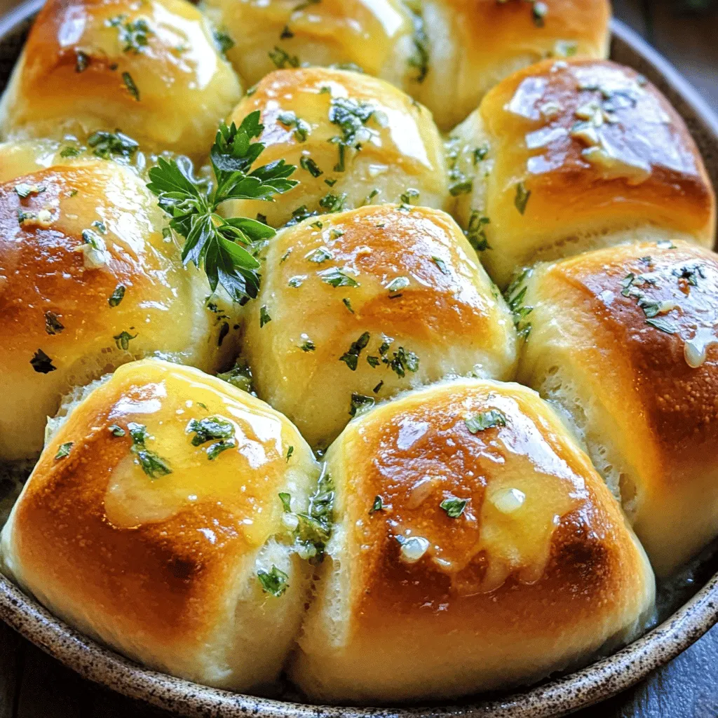 For these rolls, you will need: - 3 cups all-purpose flour - 1 packet (2 ¼ teaspoons) active dry yeast - 1 teaspoon sugar - 1 teaspoon salt - 1 cup warm water (about 110°F/43°C) - ¼ cup unsalted butter, melted - 4 cloves garlic, minced - 2 tablespoons fresh herbs (like rosemary, thyme, or parsley), finely chopped - 1 tablespoon dried Italian seasoning - 1 teaspoon garlic powder - 1 egg, beaten (for egg wash) These main ingredients work together to create a soft, flavorful roll. The garlic adds a rich taste, while the herbs bring freshness. To take your rolls up a notch, consider adding: - ½ cup shredded cheese (like mozzarella or cheddar) - A pinch of crushed red pepper for some heat - More fresh herbs, like basil or oregano These optional ingredients can make your rolls even tastier. Cheese adds creaminess, while red pepper brings a nice kick. For making these rolls, you will need: - Mixing bowls - Measuring cups and spoons - A whisk - A floured surface for kneading - A greased round baking pan - A damp cloth to cover the dough Having the right tools makes the process smoother. It helps you focus on creating those delicious rolls. Start by warming 1 cup of water. It should be about 110°F, perfect for yeast. In a small bowl, mix the warm water, 1 teaspoon of sugar, and 1 packet of yeast. Let it sit for 5 to 10 minutes. You want it to get frothy. This step wakes up the yeast, making your rolls rise. While the yeast works, grab a large mixing bowl. Whisk together 3 cups of flour, 1 teaspoon salt, 1 tablespoon of dried Italian seasoning, and 1 teaspoon garlic powder. Once the yeast looks frothy, pour it into the bowl with the dry mix. Add ¼ cup of melted unsalted butter. Stir until a dough forms. Now, sprinkle some flour on a clean surface. Knead the dough for about 5 to 7 minutes. You want it smooth and elastic. Once ready, place it in a greased bowl. Cover it with a damp cloth and let it rise in a warm spot for about 1 hour. It should double in size. After the dough has risen, punch it down gently. Divide it into 12 equal pieces. Flatten each piece into a disc. Place a small amount of minced garlic and fresh herbs in the center. Fold the dough around the filling, then roll it into a ball. This step adds bursts of flavor. Preheat your oven to 350°F. Arrange the balls in a greased round baking pan. Leave a little space between them. Brush the tops with a beaten egg for a shiny finish. Optionally, sprinkle some salt and extra herbs on top. Bake for 20 to 25 minutes until golden brown. They should sound hollow when tapped. Once baked, brush with a bit more melted butter for extra shine. To get the best dough, follow these steps. Use warm water around 110°F. This helps activate the yeast. Knead the dough well for 5-7 minutes. The dough should feel smooth and elastic. If it's too sticky, add a bit more flour. If it’s too dry, sprinkle in a little water. The right texture makes all the difference. You can boost the flavor with more fresh herbs. Try adding basil or oregano for a unique twist. Mix different herbs to find your favorite combo. You can also swap out the garlic for roasted garlic for a sweeter taste. The key is to experiment. Taste as you go to find the perfect blend. Sometimes, dough can be tricky. If your rolls don’t rise, your water might be too hot or too cold. Make sure it’s warm, not hot. If the dough is dense, it may not have risen long enough. Give it more time in a warm spot. For rolls that don’t brown, check your oven temperature. It should be preheated to 350°F. If they are too brown, cover them with foil. These tips help you achieve the perfect pull-apart rolls every time. {{image_2}} To add a cheesy twist, try cheese-stuffed pull-apart rolls. Use mozzarella or cheddar cheese. When shaping the roll balls, place a cube of cheese in the center before sealing. The cheese melts and creates a gooey, delicious surprise in every bite. This adds creaminess and richness that pairs well with garlic and herbs. Herb garlic pull-apart rolls are flexible. You can swap herbs for new flavors. Try using basil, oregano, or dill. Mix and match to find your favorite blend. Fresh herbs elevate the taste and aroma, while dried herbs can add depth if fresh ones aren’t available. Experimenting with herbs makes each batch unique! For a healthier option, use whole wheat flour instead of all-purpose flour. Whole wheat flour adds fiber and nutrients. Just keep in mind that your rolls may be denser and have a nuttier flavor. You can mix whole wheat flour with all-purpose flour for a balanced texture. This small change makes your snack a bit healthier without losing taste. To keep your leftover rolls fresh, place them in a sealed bag or an airtight container. This method helps prevent them from drying out. You can store them at room temperature for up to two days. If you want to keep them longer, consider freezing. To freeze your herb garlic pull-apart rolls, let them cool completely first. Then, wrap each roll tightly in plastic wrap. Place the wrapped rolls in a freezer-safe bag. They will stay good for up to three months. When you're ready to enjoy them, just thaw them in the fridge overnight. To reheat your rolls, preheat the oven to 350°F (175°C). Remove the rolls from any wrapping and place them on a baking sheet. Heat them for about 10-15 minutes until warm. If you want a soft texture, cover them with foil. For a crispy top, leave them uncovered for the last few minutes. Enjoy your warm rolls just like fresh! Yes, you can use instant yeast. Instant yeast works faster. You do not need to proof it in water. Just mix it with the dry ingredients. It saves time and still gives great results. To reheat leftover rolls, wrap them in foil. Place them in a preheated oven at 350°F (175°C) for about 10-15 minutes. This keeps them soft and warm. You can also use a microwave. Just heat them for 10-15 seconds. They will not be as soft but still tasty. To make these rolls dairy-free, replace the butter with a dairy-free alternative. You can use olive oil or coconut oil. Both work well and add flavor. Make sure your alternative is melted before mixing it into the dough. These rolls last about 2-3 days at room temperature. Store them in an airtight container. If you want to keep them longer, freeze them. They can last up to 3 months in the freezer. Just thaw and reheat when ready to enjoy. In this blog post, we explored the world of herb garlic pull-apart rolls. We covered key ingredients, tasty variations, and tools you need. I shared step-by-step instructions to make your baking easy. Helpful tips helped enhance your rolls’ taste and texture. Remember, these rolls can be stored and reheated easily for later enjoyment. Baking is fun, and these rolls are sure to impress your family and friends. With practice, you’ll master this recipe and create delicious rolls every time. Enjoy your baking journey!