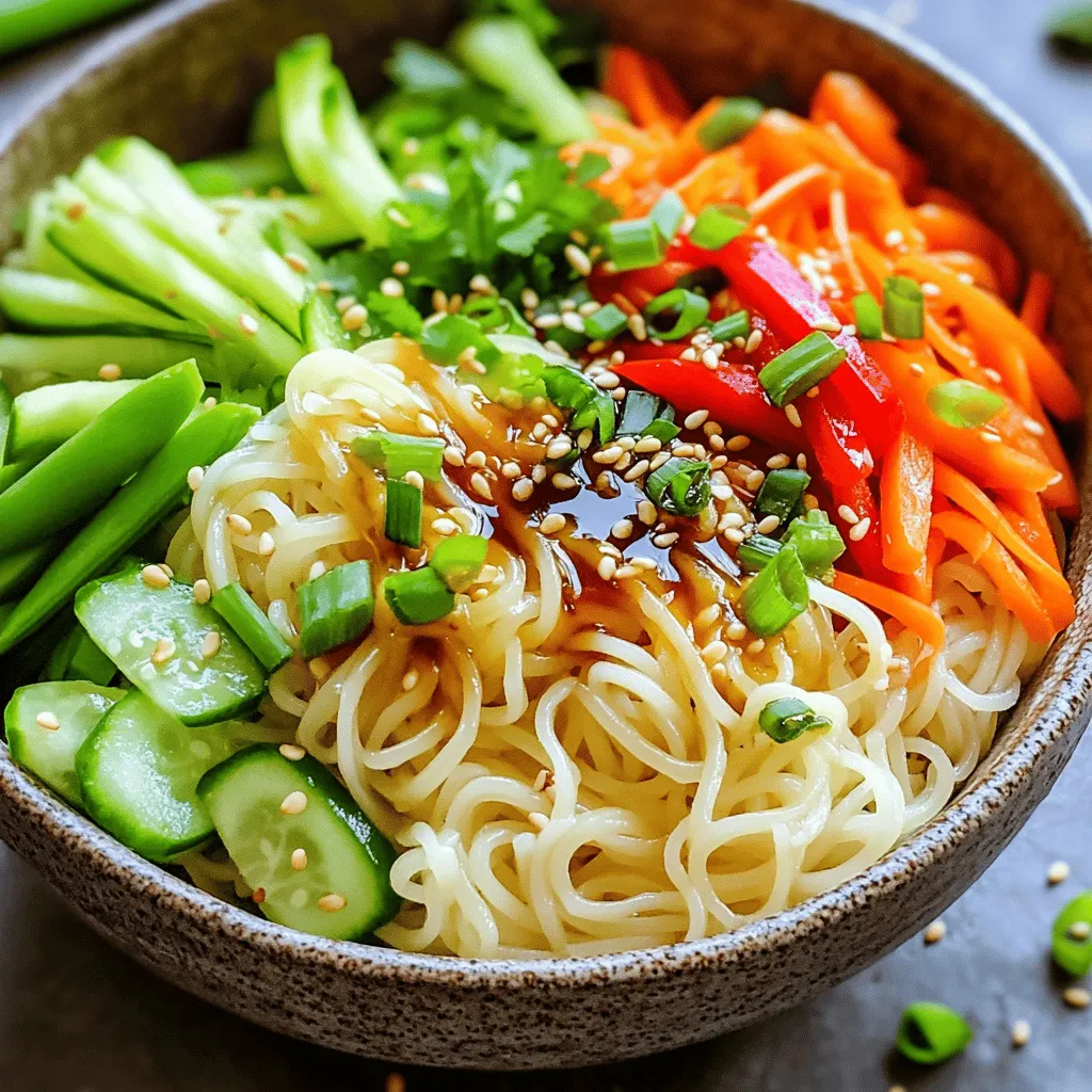 - 200g rice noodles - 1 cucumber, julienned - 1 carrot, julienned - 1 red bell pepper, thinly sliced - 4 green onions, chopped - 1 cup snap peas, trimmed - 2 tablespoons sesame oil - 2 tablespoons soy sauce (or tamari for gluten-free) - 1 tablespoon fresh ginger, grated - 2 cloves garlic, minced - 1 tablespoon rice vinegar - 1 tablespoon honey or maple syrup - Toasted sesame seeds - Fresh cilantro To make a great sesame ginger noodle bowl, you need a mix of fresh and flavorful ingredients. First, for the main ingredients, rice noodles are key. They have a great texture and soak up the sauce well. Next, you want colorful veggies. A cucumber adds crunch, while a carrot gives sweetness. The red bell pepper brings a nice pop of color and flavor. Green onions add a fresh bite, and snap peas give a nice snap to the dish. For the sauce, you will need sesame oil, which is rich and nutty. Soy sauce adds saltiness and depth. Fresh ginger brings heat and zest, while garlic adds a savory note. Rice vinegar balances the flavors, and honey or maple syrup adds sweetness. You can make your dish look even better with optional garnishes. Toasted sesame seeds add crunch, and fresh cilantro gives a burst of flavor. Enjoy creating this meal that is not only tasty but also packed with colors and nutrients! - Bring water to a boil in a large pot. - Add 200g rice noodles and cook them as per package instructions, usually about 4-6 minutes. - Drain the noodles and rinse them under cold water to stop cooking. Set them aside. - In a small bowl, whisk together the sauce ingredients. - Combine 2 tablespoons sesame oil, 2 tablespoons soy sauce, 1 tablespoon grated ginger, 2 minced garlic cloves, 1 tablespoon rice vinegar, and 1 tablespoon honey or maple syrup until well mixed. - Heat 2 tablespoons of sesame oil in a large skillet over medium heat. - Add 1 cup snap peas, 1 thinly sliced red bell pepper, 1 julienned cucumber, and 1 julienned carrot to the skillet. - Stir-fry these for about 3-4 minutes until the veggies are tender yet crisp. - Add the cooked noodles to the skillet with the sautéed vegetables. - Pour the prepared sauce over the noodles and vegetables. - Toss everything together until well coated and heated through, about 2-3 minutes. - Divide the noodle mixture into bowls. - Garnish each bowl with chopped green onions, a sprinkle of toasted sesame seeds, and fresh cilantro if you like. To make great sesame ginger noodle bowls, focus on the rice noodles. - Avoid overcooking rice noodles. Follow the package time closely. They should be soft but not mushy. - Rinse well to prevent sticking. After draining, rinse under cold water. This stops cooking and removes excess starch. The sauce can change the whole dish. Here are some tips: - To make sauce spicier or sweeter, add more ginger or chili flakes. For sweetness, add more honey or maple syrup. - Using fresh versus dried ginger makes a big difference. Fresh ginger gives a bright flavor, while dried is more concentrated. Use what you have! You can switch up the veggies based on what you like or what’s in season. - Best vegetables for substitution include broccoli, bok choy, or zucchini. Each adds its own taste and texture. - Seasonal vegetable recommendations can enhance your dish. Try asparagus in spring or squash in fall for a fresh twist. {{image_2}} You can easily add protein to your sesame ginger noodle bowls. Tofu, shrimp, and chicken work great. Here’s how to cook each: - Tofu: Press and drain firm tofu. Cut into cubes. Sauté in sesame oil until golden brown. Add to noodles at the end. - Shrimp: Clean and devein shrimp. Sauté in sesame oil for about 2-3 minutes. Add to the dish once cooked. - Chicken: Slice chicken breast thinly. Sauté in sesame oil until cooked through, about 5-7 minutes. Mix with noodles and veggies. Adding protein boosts flavor and makes the dish filling. Making this dish vegetarian or vegan is easy. Use tofu instead of shrimp or chicken. For vegan sauce, switch honey with maple syrup. To lower sodium, use low-sodium soy sauce or tamari. You can also reduce the amount of soy sauce used. Increasing fresh ingredients, like veggies, helps enhance flavor without added salt. Want some heat? Add chili flakes or a splash of sriracha to your sauce. This gives the dish a spicy kick. You can also try different herbs or spices. Fresh basil or mint can add a bright touch. A squeeze of lime at the end gives a refreshing zest. Experimenting with flavors can make your noodle bowls exciting! To keep your sesame ginger noodle bowls fresh, store them in the fridge. Use airtight containers to lock in flavor. Avoid large containers; smaller ones work better for even cooling. Make sure to cool the noodles and veggies before sealing the container. This step helps prevent sogginess. When you want to enjoy leftovers, reheat them gently. Place the noodle bowl in a microwave-safe dish. Cover it with a damp paper towel to keep moisture. Heat on medium power for 1-2 minutes. Stir halfway to ensure even warmth. If you prefer the stove, heat in a pan on low. Add a splash of water or broth to keep the noodles moist. Yes, you can freeze sesame ginger noodle bowls! However, the texture of the veggies may change. To freeze, let the dish cool completely. Place it in a freezer-safe container. Leave some space at the top for expansion. When ready to eat, thaw overnight in the fridge. Reheat gently as mentioned before. The best noodles for sesame ginger noodle bowls are rice noodles. They are soft and soak up the sauce well. Other options include soba noodles or udon noodles. Soba noodles have a nutty flavor, while udon noodles are thick and chewy. But, rice noodles keep the dish light and fresh. Yes, you can make this recipe gluten-free easily. Use tamari instead of soy sauce. For noodles, stick with rice noodles, as they are naturally gluten-free. Always check labels when buying ingredients to be sure. To make this recipe ahead, cook the noodles and chop the veggies in advance. Store them separately in the fridge. Prepare the sauce and keep it in a jar. When you're ready to eat, stir-fry the veggies, add the noodles and sauce, and heat everything together. This saves you time on busy nights! Yes, you can use many different vegetables. Try bell peppers, broccoli, or zucchini. Just keep in mind their cooking times. For example, bell peppers cook in about 3-4 minutes, while broccoli may take 5-6 minutes to become tender. These noodle bowls pair well with several side dishes. You can serve them with spring rolls or dumplings. A light salad with sesame dressing also works great. If you want something warm, try miso soup on the side. You learned how to make tasty sesame ginger noodle bowls with ease. The right ingredients, steps, and tips are key. Don't forget to play with flavors and add protein for a full meal. Storing leftovers is simple, and you can enjoy them later. This dish offers great chances to be creative. Enjoy making these bowls again and again!
