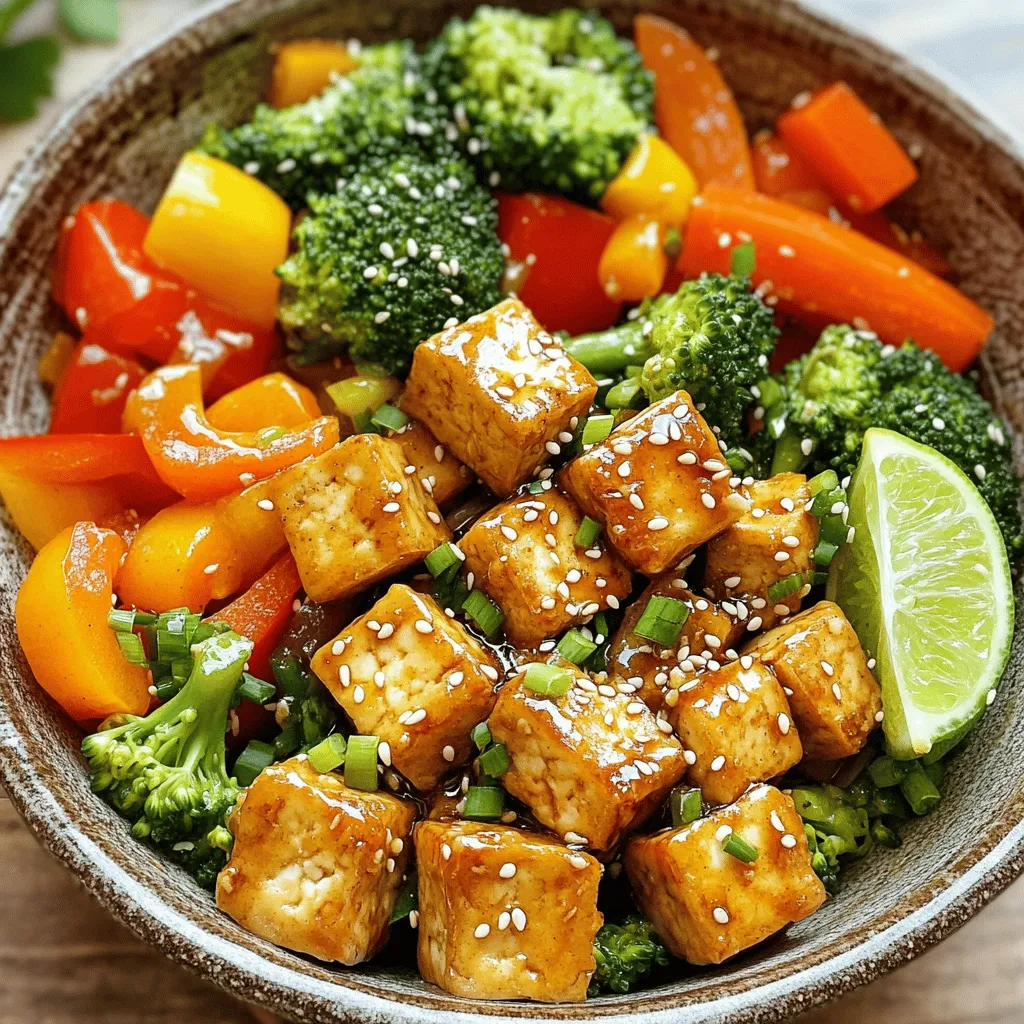 - 1 block (14 oz) firm tofu - 3 tablespoons cornstarch - 3 tablespoons sesame oil - 1 bell pepper (any color) - 1 cup broccoli florets - 1 carrot - 2 green onions - 2 cloves garlic - 1 inch ginger - 3 tablespoons soy sauce (or tamari) - 1 tablespoon honey (or maple syrup) - 1 tablespoon rice vinegar - 1 tablespoon sesame seeds - Salt and pepper to taste Gathering the right ingredients is key to this dish. Start with firm tofu. It holds its shape well and gives you that crispy texture. You will need cornstarch for coating. It creates a crunchy crust when fried. Sesame oil adds a rich, nutty flavor. Choose a bell pepper of any color for a sweet crunch. Broccoli florets add a fresh bite, while a carrot gives a sweet touch. Green onions provide a mild onion flavor. Garlic and ginger add warmth and depth to the dish. For the sauce, soy sauce or tamari brings saltiness and umami. Honey or maple syrup adds a hint of sweetness. Rice vinegar gives a nice tang. Finish with sesame seeds, salt, and pepper for perfect balance. Each ingredient plays an important role in making this meal flavorful and satisfying. First, press the tofu to get rid of extra moisture. Wrap the tofu block in a clean towel. Put a heavy object on top for about 15 minutes. After pressing, cut the tofu into even cubes. Toss the cubes in a bowl with cornstarch. This coating will help the tofu become crispy when cooked. Next, heat 2 tablespoons of sesame oil in a large skillet over medium-high heat. Once the oil is hot, add the coated tofu cubes. Fry the tofu for about 6-8 minutes. Turn the cubes occasionally until they are golden brown and crispy. Once done, remove the tofu from the skillet and set it aside. In the same skillet, add the last tablespoon of sesame oil. Now, add the sliced bell pepper, broccoli florets, and carrot. Stir-fry these vegetables for about 4-5 minutes. You want them tender but still crisp. Then, add the minced garlic and grated ginger. Stir-fry for another 1-2 minutes until they smell great. While the veggies cook, make the sauce. Whisk together soy sauce, honey (or maple syrup), and rice vinegar in a small bowl. After that, return the crispy tofu to the skillet. Pour the sauce over the tofu and vegetables. Stir everything well to coat it evenly. Cook for an extra 2-3 minutes to let the sauce thicken a bit. Taste and add salt and pepper if needed. Finally, sprinkle sesame seeds and chopped green onions before serving. To make your tofu extra crispy, start by pressing it well. Wrap the tofu block in a clean kitchen towel. Place a heavy object on top for 15 minutes. This removes excess moisture. Next, cut the tofu into cubes and coat them with cornstarch. Toss them gently in a bowl until they are evenly covered. This step brings out that perfect crunch when you fry the tofu. For more flavor, you can adjust the seasoning. Add a bit more soy sauce or a dash of chili flakes for heat. You can also swap honey for maple syrup for a vegan option. Feel free to try different veggies too. Snap peas, zucchini, or mushrooms can add unique tastes to your dish. Mix and match based on what you love. When serving, think about how to make it look nice. Garnish your dish with chopped green onions and sesame seeds. This adds a pop of color and texture. You can serve it in a large bowl or on individual plates. For a fresh touch, add a lime wedge on the side. It gives a zesty flavor that brightens the meal. {{image_2}} You can swap out the bell pepper for other veggies. Think about using snap peas, mushrooms, or zucchini. These add unique flavors and textures. Seasonal veggies also work great! In summer, try fresh corn or green beans. In fall, add squash or kale for a cozy twist. If you want to change the protein, tempeh is a great choice. It has a nutty flavor and absorbs sauces well. You can also use seitan for a chewy texture. For a complete meal, serve the stir fry over quinoa. Quinoa is packed with protein and makes it filling. You can make this dish vegan by using maple syrup instead of honey. Tamari is a gluten-free substitute for soy sauce. Want something spicy? Add chili paste or sriracha for a kick. For a sweeter taste, increase the honey or maple syrup for a delightful twist. To keep your crispy sesame tofu stir fry fresh, store leftovers in the fridge. Use an airtight container. This helps keep the tofu crispy and the veggies crunchy. If you want to freeze it, let the stir fry cool first. Place it in a freezer-safe bag or container. Press out as much air as you can before sealing. In the fridge, the stir fry lasts for about 3 to 4 days. Look for changes in color or smell. If the tofu looks off or smells sour, it’s time to toss it. Fresh veggies will also lose their bright colors and crispness. To reheat without losing texture, use a stovetop. Heat a pan over medium heat and add a splash of water. This helps steam the veggies and keeps the tofu crisp. Stir gently until warmed through. If you use a microwave, place the stir fry in a bowl and cover it. Heat in short bursts, stirring in between. This method helps prevent sogginess. Yes, you can make this dish ahead of time. Here are some best practices for meal prep: - Prepare the tofu: Press and cube the tofu. Coat it in cornstarch. - Store vegetables: Chop the bell pepper, broccoli, and carrot. Keep them in a container. - Make the sauce: Mix the soy sauce, honey, and rice vinegar. Store in the fridge. - Cooking: When ready to eat, fry the tofu and stir-fry the veggies. Add the sauce at the end for fresh flavor. Yes, this recipe is vegan-friendly. Here’s the ingredient breakdown: - Tofu: Made from soybeans, it's a great protein source. - Cornstarch: A plant-based thickener for the crispy texture. - Sesame oil: Adds rich flavor and is plant-based. - Soy sauce: Usually vegan, but check for brands without animal products. - Honey or maple syrup: Use maple syrup to keep it fully vegan. - Vegetables: All included veggies are plant-based and healthy. This stir fry pairs well with many sides. Here are some suggestions: - Rice: White, brown, or jasmine rice are great options. - Noodles: Try soba or rice noodles for a different texture. - Salad: A fresh green salad adds a nice crunch. - Steamed veggies: Broccoli or snap peas complement the dish well. - Spring rolls: These are fun appetizers that match the flavors. This blog post covered how to create a delicious Crispy Sesame Tofu Stir Fry. We discussed the main ingredients like tofu, fresh veggies, and savory sauces. You learned step-by-step instructions for preparing and cooking the dish. We shared tips for extra crispiness and flavor, alongside options for variations. In conclusion, cooking this stir fry is easy and fun. It is perfect for busy days or meal prep. With these ideas, you can enjoy a tasty and nutritious dish anytime. Happy cooking!