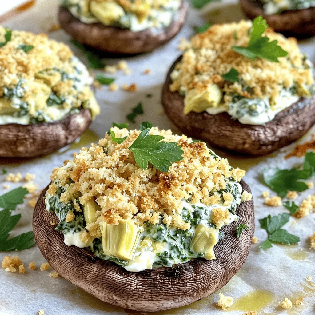 To make these tasty stuffed mushrooms, gather the following items: - 12 large portobello mushrooms, stems removed - 1 cup fresh spinach, chopped - 1 cup artichoke hearts, chopped (canned or frozen) - 1/2 cup cream cheese, softened - 1/2 cup Greek yogurt - 1/2 cup grated Parmesan cheese - 1/4 cup breadcrumbs - 2 cloves garlic, minced - 1 tablespoon olive oil - Salt and pepper to taste - Fresh parsley for garnish You can swap ingredients if needed. Here are some ideas: - Use ricotta cheese instead of cream cheese for a lighter filling. - If you can't find fresh spinach, frozen spinach works well. Just thaw and drain it first. - You can replace Parmesan with any hard cheese you like, such as pecorino. - For a dairy-free version, try vegan cream cheese and yogurt. - Use gluten-free breadcrumbs if you need a gluten-free option. Fresh ingredients make a big difference in flavor. Here are my tips: - Look for mushrooms that are firm and smooth. Avoid any that are slimy or dark. - Choose spinach with bright green leaves. They should be crisp and without yellowing. - For artichoke hearts, pick jars or cans with no added preservatives. Frozen artichokes are also a great choice. - Always check the expiration dates on dairy products like cream cheese and yogurt. Fresh is best! Start by preheating your oven to 375°F (190°C). While the oven warms up, get your portobello mushrooms ready. Remove the stems gently. Next, chop one cup of fresh spinach and one cup of artichoke hearts. You can use canned or frozen artichoke hearts. In a skillet, pour one tablespoon of olive oil. Heat it over medium heat. Add two minced garlic cloves and sauté for about one minute. This adds great flavor. Add the chopped spinach and artichoke hearts. Cook this mixture for about three to four minutes. You want the spinach to wilt and the mix to heat up. In a mixing bowl, combine half a cup of softened cream cheese, half a cup of Greek yogurt, and half a cup of grated Parmesan cheese. Then, add your cooked spinach-artichoke mix to this bowl. Stir it all together until it is well blended. Season the filling with salt and pepper to taste. This will enhance the flavors. Now, take the portobello mushrooms. Spoon the spinach artichoke filling into each mushroom. Make sure to mound it generously on top. This adds a delicious layer of flavor. Sprinkle a quarter cup of breadcrumbs over each stuffed mushroom. This gives a nice crunchy topping when baked. Place the filled mushrooms on a baking sheet lined with parchment paper. Bake them in your preheated oven for 20 to 25 minutes. Look for tender mushrooms and golden brown tops. Once done, remove the mushrooms from the oven. Allow them to cool slightly. Finish by garnishing with fresh parsley for a burst of color and flavor. Enjoy your savory treat! To make the cheese mixture creamy, use softened cream cheese. This helps it blend smoothly. Mix in Greek yogurt for tang and richness. Parmesan cheese adds a nice salty bite. I like to ensure all ingredients are mixed well. This makes the filling consistent and tasty. Taste the mixture and add salt or pepper if needed. A perfect blend enhances each bite. Select large portobello mushrooms for this recipe. They hold the filling well and are tender. Before baking, remove the stems to create a bowl for the filling. Bake the mushrooms at 375°F, which helps them soften. Keep an eye on them while they cook. You want them tender but not too mushy. Bake for 20-25 minutes until the tops are golden brown. This gives a nice texture contrast to the creamy filling. These stuffed mushrooms shine as appetizers. Serve them warm on a platter for gatherings. A sprinkle of fresh parsley adds color and freshness. You might pair them with a light salad for a complete meal. For a fun twist, offer dipping sauces like ranch or a spicy aioli. These options enhance the flavors and make for great pairing. Enjoy these delicious bites at any event! {{image_2}} You can keep this dish vegetarian by using plant-based cream cheese. This swap keeps the creamy texture. You can also add more veggies like bell peppers or zucchini. They add flavor and color. Mixing in some sun-dried tomatoes gives a tangy twist. You can use any fresh herbs you like, such as basil or dill, for added taste. To boost the protein, you can add cooked chicken or shrimp. Chopped cooked bacon also pairs well in this recipe. If you want a healthier option, try adding canned tuna or chickpeas. These choices make the dish more filling. Just be sure to mix them well with the other ingredients. For a gluten-free version, swap regular breadcrumbs with gluten-free ones. You can also use crushed rice cereal or almond flour as a topping. Both options give a nice crunch without gluten. Additionally, check your cream cheese and yogurt to ensure they are gluten-free. This way, everyone can enjoy these stuffed mushrooms without worry. To keep your leftover stuffed mushrooms fresh, place them in an airtight container. Make sure to let them cool completely first. Store them in the fridge for up to three days. If you want them to stay fresh longer, freezing is a good option. To freeze stuffed mushrooms, wrap them tightly in plastic wrap or foil. Place them in a freezer-safe bag or container. You can freeze them for up to three months. Label the bag with the date. This way, you know when to use them. When you are ready to eat your mushrooms, preheat your oven to 350°F (175°C). Place the mushrooms on a baking sheet. Cover them with foil to keep moisture in. Heat for about 15-20 minutes, or until warmed through. For a crisp topping, uncover them for the last 5 minutes. Enjoy the great taste! Yes, you can prepare these stuffed mushrooms in advance. Stuff the mushrooms and place them on a baking sheet. Cover the tray with plastic wrap. Store them in the fridge for up to 24 hours. When ready to cook, just bake them straight from the fridge. Increase the baking time by a few minutes to ensure they heat through. These stuffed mushrooms pair well with many sides. Consider serving them with a fresh salad. A light vinaigrette adds a nice touch. You could also serve them with crusty bread or crackers. This adds a crunchy texture that contrasts nicely. For a complete meal, serve them alongside grilled chicken or fish. Absolutely! To lower calories, use low-fat cream cheese and Greek yogurt. You can also reduce the amount of cheese. Try using whole mushrooms instead of portobello for fewer calories. Replace breadcrumbs with crushed nuts or seeds for a different texture. Adjusting these ingredients keeps the flavor while cutting calories. This blog post covered everything you need for Spinach Artichoke Stuffed Mushrooms. You learned about key ingredients, how to prepare and cook them, and helpful tips for the best results. I shared variations to please everyone and offered smart storage ideas. Now you can enjoy tasty stuffed mushrooms anytime, whether fresh or reheated. Use these steps and tips to impress at your next meal or gathering. Enjoy cooking and savoring this delicious dish!