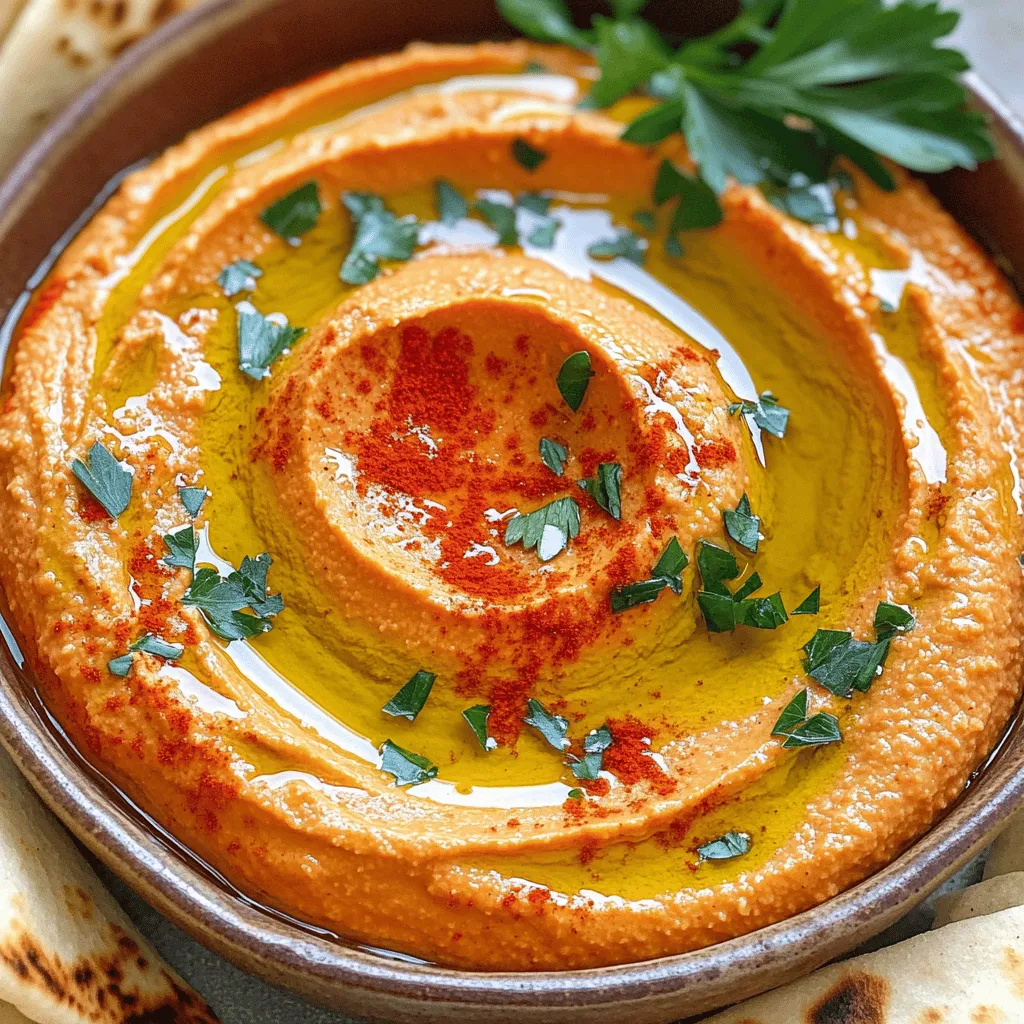 To make roasted red pepper hummus, gather these simple ingredients: - 1 cup canned chickpeas, drained and rinsed - 1 large roasted red pepper (jarred or homemade) - 3 tablespoons tahini - 2 tablespoons olive oil - 2 tablespoons lemon juice - 1 garlic clove, minced - 1 teaspoon ground cumin - Salt and pepper to taste - Water, as needed for consistency - Paprika and fresh parsley for garnish A serving of this hummus has about: - Calories: 120 - Protein: 4g - Carbohydrates: 10g - Fat: 8g - Fiber: 2g This dish serves 4-6, so you can enjoy it with friends or family. Each ingredient plays a role in making this hummus healthy: - Chickpeas: They add protein and fiber, which help keep you full. - Roasted red peppers: These provide vitamins A and C, boosting your immune system. - Tahini: This sesame paste offers healthy fats and calcium for strong bones. - Olive oil: Packed with antioxidants, it supports heart health. - Lemon juice: This adds vitamin C and enhances flavor while aiding digestion. - Garlic: It may help reduce blood pressure and improve heart health. Using these ingredients makes your hummus not just tasty, but also good for you! To roast a red pepper, start with a fresh one. You can use a broiler or an open flame. Place the pepper directly under the broiler or over the flame. Turn the pepper often until the skin is blackened. Let it cool in a bowl, covered with plastic wrap. This helps steam the skin off. Once cool, peel the skin off. Remove the seeds and stem. Now you have a perfect roasted red pepper for your hummus! In a food processor, add the drained chickpeas and roasted red pepper. Blend them until they form a coarse mixture. Then, add tahini, olive oil, lemon juice, minced garlic, and cumin. Blend again until smooth. If your hummus is thick, add cold water. Do this one tablespoon at a time. Keep blending until it reaches your desired creaminess. This gives your hummus that silky texture. If your hummus is too thick, water is your friend. Start with one tablespoon of cold water. Blend it in and check the texture. You want it creamy but not runny. If it’s too thin, add a bit more chickpeas or tahini. This way, you can make your hummus just how you like it. Don’t forget to taste and add salt and pepper as needed! One big mistake is not rinsing the chickpeas. This can make your hummus too gritty. Always drain and rinse them well. Another mistake is using too much water too fast. Add just a little at a time to control the smoothness. Lastly, don’t skip the salt. It brings out all the flavors. To boost flavor, try adding more garlic if you love its taste. A pinch of cayenne can add a nice kick. You can also mix in some lemon zest for extra brightness. Fresh herbs, like basil or cilantro, can give a twist. Finally, a touch of roasted garlic can deepen the flavor. Serve this hummus with fresh veggies like carrots and cucumbers. Pita chips or toasted pita bread also work great. You can even spread it on sandwiches for added flavor. For a fun twist, pair it with olives or feta cheese. This hummus also makes a great dip for crackers or chips. Enjoy it at parties or as a quick snack! {{image_2}} To make your hummus spicy, add jalapeños or red pepper flakes. Start with a small amount. Blend them in with the chickpeas and roasted red pepper. You can adjust the heat as you blend. This adds a nice kick to the creamy texture. You can also infuse your hummus with fresh herbs. Basil, cilantro, or dill are great choices. Just add a handful to the food processor. Blend until the herbs are mixed in well. This gives your hummus a fresh taste and bright color. Experiment with different herbs to find your favorite blend. Serve hummus with pita chips, fresh veggies, or crackers. Carrots, cucumbers, and bell peppers are great for dipping. You can also spread it on sandwiches or wraps for extra flavor. For a fun twist, try it in a grain bowl or as a topping for grilled meats. The options are endless! To keep your roasted red pepper hummus fresh, store it in an airtight container. Use a glass or plastic container with a tight lid. This helps to prevent air from getting in and keeps the hummus flavorful. Place a piece of plastic wrap directly on the hummus before sealing the lid. This extra step stops the top from drying out. You can freeze hummus for up to three months. To do this, scoop it into a freezer-safe container. Leave some space at the top, as hummus expands when it freezes. You can also use ice cube trays for small portions. This makes it easy to thaw just what you need later. When ready to use, thaw it in the fridge overnight or at room temperature for a couple of hours. When stored properly, homemade hummus lasts about five to seven days in the fridge. Check for signs of spoilage before eating. If you see mold, or if it smells off, it’s best to discard it. The texture may change as it sits, becoming thicker. Add a bit of water or olive oil and blend to restore its creamy texture. Always trust your senses when it comes to food safety. Yes, you can use dried chickpeas. Soak them overnight in water. Cook them until soft, which takes about one to two hours. Then, drain and rinse the chickpeas before using them in the hummus. This method gives you a fresher taste, but canned chickpeas are much quicker. If you don't have tahini, try using peanut butter or sunflower seed butter. Both options add a creamy texture. They bring a different flavor but still work well in hummus. You can also skip it and add a bit more olive oil for creaminess. This recipe is already vegan-friendly! All the ingredients are plant-based. Just ensure your olive oil is high quality. Enjoy it with fresh veggies or pita chips for a tasty snack that fits any vegan diet. You can find roasted red pepper hummus at most grocery stores. Check the refrigerated section near other dips. You might also find it at health food stores or farmer's markets. Some brands even offer organic options for a healthier choice. To make homemade roasted red peppers, start by preheating your oven to 450°F. Cut bell peppers in half and remove the seeds. Place them cut side down on a baking sheet. Roast for about 20-25 minutes, until the skin is blackened. Let them cool, then peel off the skin. Now, they’re ready to use in your hummus! This blog post covers the essentials of making flavorful roasted red pepper hummus. You learned about the main ingredients and their health benefits. I shared step-by-step guidance for preparation and blending. I also offered tips to avoid common mistakes and enhance flavors. In closing, try the variations and find your favorite recipe. Hummus is fun, healthy, and easy to make. Enjoy your delicious creations!