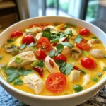 - 1 lb boneless chicken thighs, cut into bite-sized pieces - 4 cups chicken broth - 1 can coconut milk (14 oz) - 3 stalks lemongrass, trimmed and smashed - 4 kaffir lime leaves, torn - 3-4 Thai bird's eye chili peppers, sliced - 1 cup mushrooms, sliced (shiitake or button) - 1 cup cherry tomatoes, halved - Fresh cilantro, for garnish - Green onions, sliced, for garnish I love choosing boneless chicken thighs for this soup. They cook quickly and stay juicy. The coconut milk adds a rich creaminess that balances the heat. Chicken broth brings depth to the soup, making it warm and hearty. Next, I add lemongrass and kaffir lime leaves. These ingredients give the soup a bright, fresh flavor. The Thai bird's eye chili peppers pack a punch, so adjust them for your heat level. Now, let's talk about the veggies! I like using mushrooms for their umami taste. Cherry tomatoes add a sweet burst in every bite. To finish, I garnish with fresh cilantro and green onions. They add color and a fresh touch. These ingredients come together to create a flavorful and hearty delight that you can enjoy any day of the week. To make a great broth, start by heating 4 cups of chicken broth in a large pot over medium heat. Next, add 3 stalks of trimmed and smashed lemongrass, 4 torn kaffir lime leaves, 1 inch of sliced ginger, and 2 cloves of minced garlic. Let this mixture simmer gently for about 5-7 minutes. This step helps to infuse the broth with amazing flavors. After the broth is ready, add 1 pound of boneless, skinless chicken thighs cut into bite-sized pieces. Cook the chicken until it is no longer pink, about 5-7 minutes. Make sure to stir occasionally for even cooking. Once the chicken is cooked, stir in 1 can of coconut milk, 3-4 sliced Thai bird's eye chili peppers, 1 cup of sliced mushrooms, and 1 cup of halved cherry tomatoes. Continue to simmer for another 10-12 minutes. This allows all the flavors to blend nicely. Once the soup is ready, add 2 tablespoons of fish sauce, 1 tablespoon of brown sugar, and the juice from 1 lime. Taste the soup and adjust the seasoning if needed. Before serving, remove the lemongrass and kaffir lime leaves. Ladle the soup into bowls and garnish with fresh cilantro, sliced green onions, and optional Thai basil leaves for a lovely finish. Enjoy your Spicy Thai Chicken Soup! To control the heat in your soup, modify the amount of chili peppers. Start with one or two if you prefer less spice. You can always add more if you like it hot. If you seek a milder taste, use bell peppers or sweet chili sauce instead of bird's eye chili. These options will still give flavor without the burn. For the best creaminess, use full-fat coconut milk. It adds rich flavor and texture. If you want a thicker soup, let it simmer longer. This will help the flavors meld and thicken the broth. You can also blend a portion of the soup and stir it back in for extra creaminess. Serve your soup in vibrant bowls to make it pop. You can top it with fresh cilantro and green onions for a burst of color. For a creative touch, add Thai basil leaves or even a slice of lime on the side. This not only looks great but enhances the flavors too. {{image_2}} You can switch chicken for shrimp or tofu. Shrimp cooks fast, about 3-5 minutes. Tofu takes longer if using firm tofu; cook it for about 7-10 minutes. Both options give a unique twist to the soup. To make a meatless version, skip the chicken and use vegetable broth. Swap in mushrooms or extra veggies for protein. You can also add tofu for a creamy texture. Use soy sauce instead of fish sauce for a vegan option. Try adding other herbs like basil or mint for freshness. You can also use lemongrass paste if fresh is hard to find. Each region in Thailand has its own twist on this soup, so feel free to explore. Some add peanuts or lime zest for added flavor. Store your Spicy Thai Chicken Soup in the fridge. Use airtight containers for best results. Make sure to cool the soup before sealing it. This helps keep it fresh longer. Leftovers will taste great for up to three days. To freeze the soup, let it cool completely first. Pour it into freezer-safe bags or containers. Remove any air to prevent freezer burn. Label the bags with the date. When you're ready to eat, thaw it overnight in the fridge. Reheat it on the stove over low heat. Stir frequently to warm it evenly. In the fridge, your soup stays fresh for about three days. If frozen, it can last up to three months. Always check for signs of spoilage. If the soup smells off or shows mold, it’s best to throw it away. Trust your senses to keep your meals safe and tasty! Yes, you can make this soup ahead of time. To do this, follow these tips: - Cook the soup as directed. - Let it cool completely before storing. - Store it in an airtight container in the fridge for up to three days. - Reheat on the stove or in the microwave before serving. - If you want to freeze it, do so after it cools. - It can last up to three months in the freezer. This soup pairs well with many sides. Here are some ideas: - Jasmine rice for a filling meal. - Fresh spring rolls for a crunchy bite. - A light salad with lime dressing adds freshness. - Crispy fried wontons for a fun crunch. To make this soup gluten-free, follow these steps: - Use gluten-free fish sauce instead of regular fish sauce. - Check the coconut milk brand to ensure no gluten. - Serve with rice instead of noodles for a safe option. - Always read labels to avoid hidden gluten in sauces. This blog post covered how to make Spicy Thai Chicken Soup. We explored the main ingredients like chicken thighs, coconut milk, and flavor enhancers such as lemongrass and Thai chilies. I shared step-by-step instructions for cooking and tips for storage. Remember, you can customize this soup with different proteins or spice levels. Whether you serve it hot or store leftovers, this dish will impress. Enjoy your cooking journey and savor the flavors of authentic Thai cuisine!