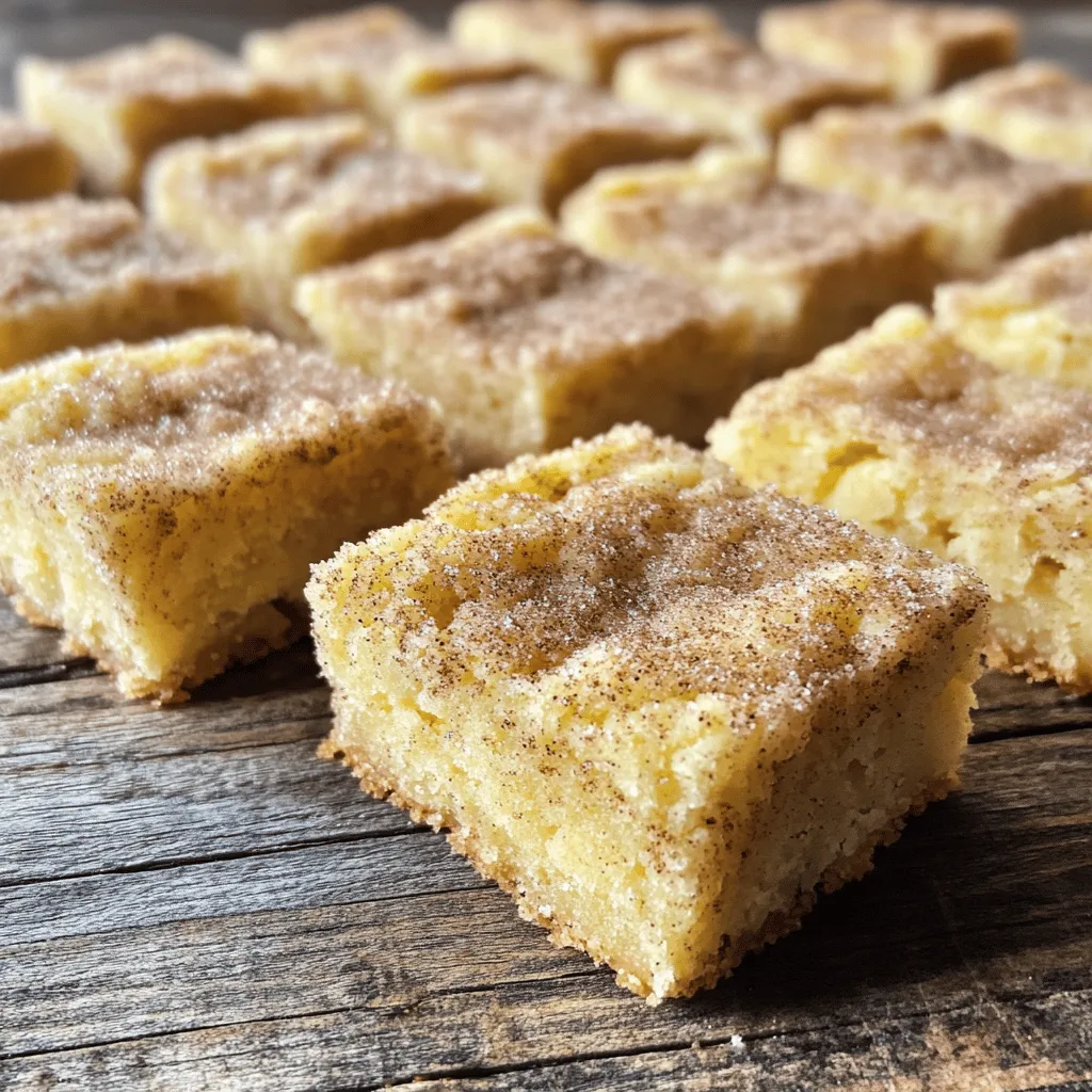 - Unsalted butter: This gives the bars a rich flavor. Use softened butter for easy mixing. - Granulated sugar vs. brown sugar: Both sugars add sweetness. Granulated sugar helps with a crispy edge. Brown sugar keeps the bars chewy and moist. - Important dry ingredients: - Flour: All-purpose flour makes the bars sturdy. - Cream of tartar: This adds that classic snickerdoodle taste and helps the bars rise. - Baking soda: It helps the bars become light and fluffy. - Salt: A little salt enhances all the flavors in the bars. - Variations for added flavors: You can mix in some chopped nuts for crunch or chocolate chips for a sweet twist. Both make the bars even more fun. - Substitutions for dietary needs: - If you need gluten-free, try using a gluten-free flour blend instead of regular flour. - For vegan options, substitute the butter with coconut oil and the eggs with flax eggs. This keeps the chewy texture while meeting dietary needs. First, we need to cream the butter and sugars. Start with one cup of softened unsalted butter. Add one cup of granulated sugar and one cup of packed brown sugar. Mix these in a large bowl until they become light and fluffy. This usually takes about 3 to 5 minutes. Next, it's time to add the eggs and vanilla. Use two large eggs, adding them one at a time. After each egg, mix well. Then, add two teaspoons of vanilla extract and blend again until everything is combined. Now, let’s move on to the dry ingredients. It is very important to measure your flour correctly. Too much flour can make your bars dry. Use three cups of all-purpose flour. In another bowl, whisk together two teaspoons of cream of tartar, one teaspoon of baking soda, and half a teaspoon of salt. This helps your bars rise and gives them that chewy texture. When everything is mixed, it’s time to bake. Preheat your oven to 350°F (175°C). Spread the dough evenly into a greased 9x13 inch baking pan. Smooth it out with a spatula. Sprinkle two tablespoons of cinnamon sugar over the top. Bake the bars for about 20 to 25 minutes. They are done when the edges are golden brown and a toothpick comes out clean from the center. After baking, let the bars cool in the pan for 10 minutes. Then, move them to a wire rack to cool completely. Once cool, slice them into squares or rectangles. Enjoy your delicious chewy snickerdoodle cookie bars! To avoid overmixing, mix your dough just until combined. If you see flour bits, that’s fine. Overmixing can lead to tough bars. Remember, you want a soft and chewy texture. Use a 9x13 inch pan for the best chewy cookie bars. This size helps them bake evenly. Grease the pan well to prevent sticking. Line it with parchment paper for easier removal. These bars shine with a scoop of vanilla ice cream. The cool creaminess pairs well with the warm cinnamon flavor. A glass of cold milk also makes a great match. For gatherings, slice the bars into small squares. Arrange them on a tray with some fun toppings. You can add whipped cream or extra cinnamon sugar on the side. This makes them look fancy and inviting. If your bars spread too much while baking, check your butter. It should be softened, not melted. If it melts, the bars will spread. If your cookie bars turn out dry or crumbly, try using a kitchen timer. Bake them for just 20 minutes at 350°F. Check them with a toothpick. If it comes out clean, they’re done. {{image_2}} You can switch up your chewy snickerdoodle cookie bars for fun. Here are two tasty ideas: - Chocolate Chip Snickerdoodle Bars: Add 1 cup of chocolate chips to the batter. The blend of cinnamon and chocolate gives each bite a delightful twist. - Pumpkin Spice Snickerdoodle Bars: Mix in 1 cup of pumpkin puree and 1 tablespoon of pumpkin spice. This adds a warm, cozy flavor perfect for fall. You can adapt this recipe to fit different dietary needs. Here’s how: - Gluten-Free Chewy Snickerdoodle Cookie Bars: Substitute all-purpose flour with a gluten-free blend. Look for one that includes xanthan gum, as this helps with texture. - Vegan Adaptations for the Recipe: Replace the butter with a plant-based option and use flax eggs. For each egg, mix 1 tablespoon of flaxseed meal with 2.5 tablespoons of water. Let it sit for a few minutes to thicken. Make your chewy snickerdoodle bars festive for the holidays: - Holiday-Themed Snickerdoodle Bars: Add festive sprinkles or mix in dried cranberries or nuts for a seasonal touch. These small changes can make them perfect for gift-giving or parties. Feel free to experiment with these variations. Each one brings a unique flavor and fun to your baking! To keep your chewy snickerdoodle cookie bars fresh, store them at room temperature. Use an airtight container for best results. This method helps maintain their soft texture and flavor. If you want to refrigerate them, that’s okay, too. Just know they may lose some of their chewiness. You can freeze your cookie bars to enjoy later. First, let them cool completely. Then, wrap them tightly in plastic wrap or foil. Place them in a freezer-safe bag or container. This keeps them fresh for up to three months. To thaw, simply take them out of the freezer. Let them sit at room temperature for a few hours. If you want, you can warm them in the oven for a few minutes. This helps restore their chewy texture. Enjoy your cookie bars any time! Can I make the dough ahead of time? Yes, you can make the dough ahead of time. Just cover it and chill it in the fridge for up to 24 hours. When you are ready, spread the dough in your baking pan and bake as usual. How do I know when they are done baking? You'll know they are done when the edges are golden brown. A toothpick inserted in the center should come out clean. If it has wet batter, bake for a few more minutes. Can I use salted butter instead of unsalted? Yes, you can use salted butter. Just reduce the added salt in the recipe to avoid a salty taste. What can I use instead of cream of tartar? You can use 1 teaspoon of lemon juice or white vinegar instead of cream of tartar. This will help your cookie bars rise. How do I achieve chewy cookie bars? To get chewy cookie bars, don’t overmix the batter. Also, use brown sugar, as it helps keep moisture in the cookies. Bake just until the edges are golden. What is the role of eggs in cookie recipes? Eggs provide moisture and help bind the ingredients together. They also add structure and richness to your cookie bars. In this article, we explored how to make chewy snickerdoodle cookie bars. We covered key ingredients like butter and sugar. You learned how to prepare the batter, mix dry ingredients, and bake the perfect bars. I also shared tips for best results, serving suggestions, and common issues you might face. Remember to experiment with flavors and variations. Enjoy these bars with friends or family, and don’t forget to store them right. Happy baking!