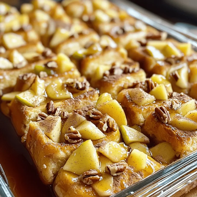 - 6 slices of day-old bread (challah or brioche works best) - 2 large apples, peeled, cored, and diced (Granny Smith or Honeycrisp) - 4 large eggs - 2 cups whole milk - 1/2 cup brown sugar - 1 tablespoon vanilla extract - 1 tablespoon ground cinnamon - 1/4 teaspoon nutmeg For this dish, I love using day-old bread like challah or brioche. This type of bread gives a nice texture after soaking. The apples must be tart and sweet, so I recommend Granny Smith or Honeycrisp. They add great taste and contrast. Next, we have the liquid ingredients. You need four large eggs and two cups of whole milk. The eggs bind the mixture, while milk adds creaminess. For sweetness, we use half a cup of brown sugar. It brings a rich flavor and depth. Don't forget the spices! One tablespoon of vanilla extract gives a lovely aroma. One tablespoon of ground cinnamon is a must for that warm spice. A little nutmeg adds a nice touch too, just a quarter teaspoon. - 1/4 cup chopped pecans or walnuts (optional) - Maple syrup, for serving For extra texture, you can add chopped nuts like pecans or walnuts. They give a nice crunch. Finally, maple syrup is perfect for drizzling on top. It adds sweetness and pairs well with the apples. First, heat your oven to 350°F (175°C). This helps the dish cook evenly. While the oven warms up, grease a 9x13-inch baking dish. You can use butter or cooking spray for this. Next, grab a medium bowl. In it, whisk together four large eggs, two cups of whole milk, and 1/2 cup of brown sugar. Add one tablespoon of vanilla extract, one tablespoon of ground cinnamon, and a pinch of nutmeg. Mix until it looks smooth and creamy. Now, let’s cut the bread. Use six slices of day-old challah or brioche. Cut each slice into cubes. Place half of the bread cubes evenly in your greased dish. In a separate bowl, take two diced apples. You can use Granny Smith or Honeycrisp. Toss the apple pieces with a pinch of cinnamon, then layer them over the bread cubes. Top this with the rest of the bread cubes. Press down lightly to pack them in. Pour the egg and milk mixture evenly over the bread and apples. Make sure every piece is soaked well. If you like, sprinkle some chopped pecans or walnuts on top. Cover the dish with foil and let it sit for about 30 minutes. This soaking time helps the flavors blend. You can also refrigerate it overnight for deeper flavor. Next, bake it covered for 30 minutes. After that, remove the foil and bake for another 15 to 20 minutes. Look for a golden brown top. Let it cool for a few minutes before slicing into squares. Serve warm with maple syrup drizzled on top. Enjoy! Using day-old bread makes a big difference. It soaks up the egg mixture well. Fresh bread might turn mushy. Try using challah or brioche for the best texture. Soaking time is also key. Let the dish sit for at least 30 minutes. This helps the bread absorb flavors. You can even soak it overnight for extra taste. If you need a gluten-free option, use gluten-free bread. Look for a sturdy kind to hold up. For apples, Granny Smith or Honeycrisp work well. You can swap in other types, like Fuji or Gala. Want it sweeter? Use maple syrup or honey as a sweetener. Serving this dish can be fun! Drizzle with warm maple syrup for a classic touch. Top with whipped cream or yogurt for creaminess. You can also sprinkle powdered sugar for a sweet finish. Pair it with bacon or sausage for a hearty breakfast. Enjoy it with fresh fruit for a colorful brunch plate! {{image_2}} You can change up the flavor of your Cinnamon Apple French Toast Bake easily. Adding dried fruits like raisins or cranberries brings extra sweetness. You can also try other spices. A pinch of ground ginger or cardamom can add a warm twist. For a savory version, use cheese and herbs. Crumbled feta or sharp cheddar cheese makes a great pairing with apples. If you want a vegan option, replace eggs with flax eggs. Mix one tablespoon of flaxseed meal with three tablespoons of water. For milk, use almond or oat milk. You can also swap brown sugar with maple syrup or coconut sugar. If you are watching carbs, try low-carb bread. Use sugar substitutes like erythritol for a low-sugar option. Adjust the recipe as you like, and enjoy! To keep your Cinnamon Apple French Toast Bake fresh, store it in the fridge. First, let it cool completely. Then, cover it tightly with plastic wrap or aluminum foil. This keeps it moist. You can also place it in an airtight container. It will last for about 3 to 4 days in the fridge. If you want to store it longer, freezing is a great option. Cut the bake into individual squares. Wrap each piece tightly in plastic wrap, then place them in a freezer bag. They can last for up to 3 months in the freezer. Just remember to label the bags with the date. When you are ready to eat your leftovers, you can reheat them easily. For the best texture, use the oven. Preheat it to 350°F (175°C). Place the squares in a baking dish and cover with foil. Heat for about 15-20 minutes until warm. This keeps the bread soft and the apples tender. If you are in a hurry, you can use the microwave. Place a square on a microwave-safe plate. Heat for about 30 seconds to 1 minute. Check if it is warm enough. The microwave may make the bread a bit soggy, so I prefer the oven method. Enjoy your warm treat! Can I prepare Cinnamon Apple French Toast Bake the night before? Yes, you can prepare it the night before. Just cover it well and chill it in the fridge. This helps the bread soak up the egg mixture. In the morning, bake it as directed. What type of bread works best for this recipe? Day-old bread works best. I recommend using challah or brioche. These breads soak up the egg mixture well and get nice and fluffy. How long can I store leftovers? You can store leftovers in the fridge for up to three days. Make sure to cover them tightly. For longer storage, freeze it for up to three months. Can I bake this in a smaller dish? Yes, you can. If you use a smaller dish, reduce the baking time. Check for doneness as it bakes. What if I want to make a larger batch? To make a larger batch, just double the recipe. Use a bigger dish and adjust the baking time as needed. Make sure everything cooks evenly. This blog post covered the key ingredients and steps for making a Cinnamon Apple French Toast Bake. You learned about using day-old bread, choosing the best apples, and mixing the right liquids. I shared tips on layering ingredients and offered variations for your dietary needs. Remember, the best bakes come from following the steps and making it your own. Enjoy the process and the tasty results!