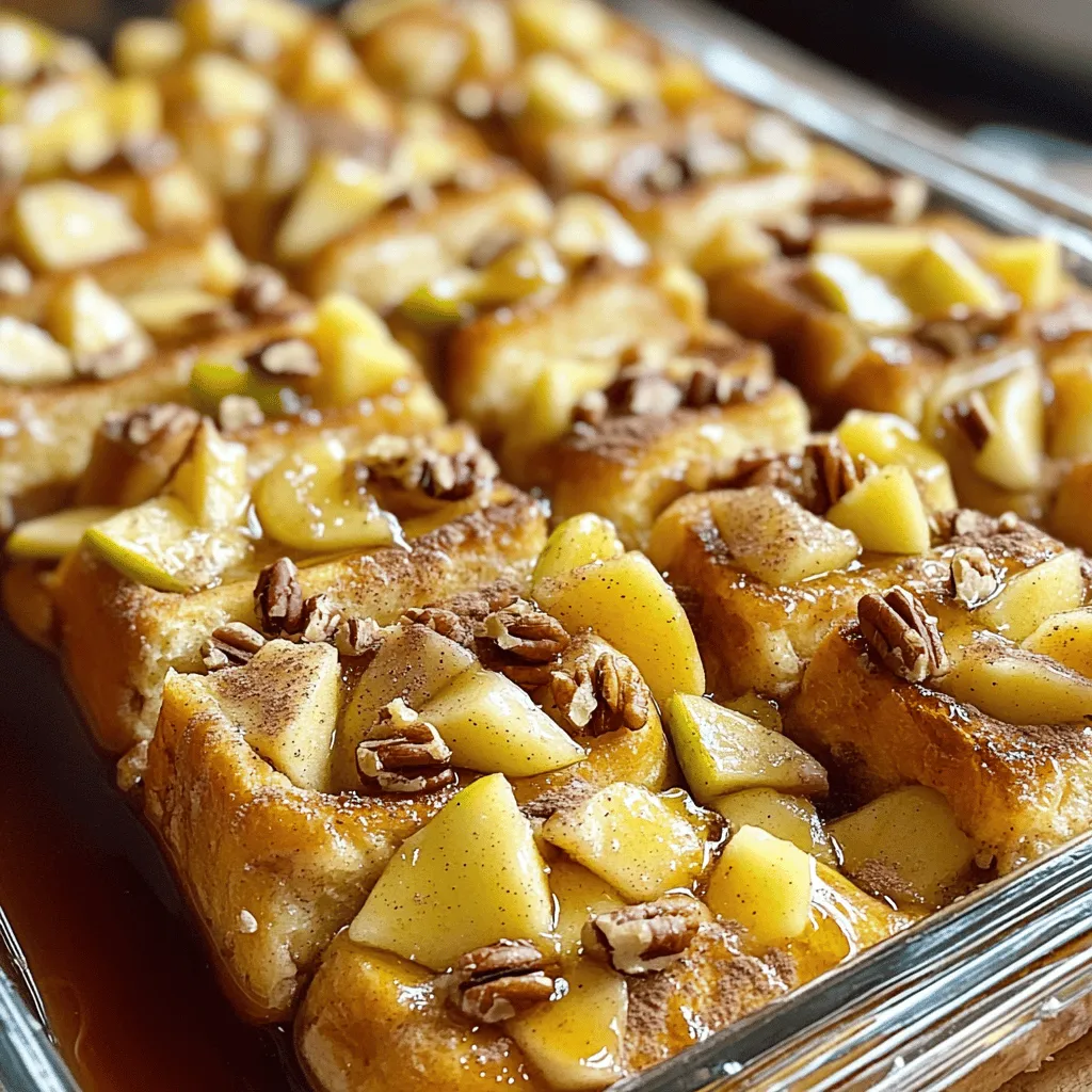 - 6 slices of day-old bread (challah or brioche works best) - 2 large apples, peeled, cored, and diced (Granny Smith or Honeycrisp) - 4 large eggs - 2 cups whole milk - 1/2 cup brown sugar - 1 tablespoon vanilla extract - 1 tablespoon ground cinnamon - 1/4 teaspoon nutmeg For this dish, I love using day-old bread like challah or brioche. This type of bread gives a nice texture after soaking. The apples must be tart and sweet, so I recommend Granny Smith or Honeycrisp. They add great taste and contrast. Next, we have the liquid ingredients. You need four large eggs and two cups of whole milk. The eggs bind the mixture, while milk adds creaminess. For sweetness, we use half a cup of brown sugar. It brings a rich flavor and depth. Don't forget the spices! One tablespoon of vanilla extract gives a lovely aroma. One tablespoon of ground cinnamon is a must for that warm spice. A little nutmeg adds a nice touch too, just a quarter teaspoon. - 1/4 cup chopped pecans or walnuts (optional) - Maple syrup, for serving For extra texture, you can add chopped nuts like pecans or walnuts. They give a nice crunch. Finally, maple syrup is perfect for drizzling on top. It adds sweetness and pairs well with the apples. First, heat your oven to 350°F (175°C). This helps the dish cook evenly. While the oven warms up, grease a 9x13-inch baking dish. You can use butter or cooking spray for this. Next, grab a medium bowl. In it, whisk together four large eggs, two cups of whole milk, and 1/2 cup of brown sugar. Add one tablespoon of vanilla extract, one tablespoon of ground cinnamon, and a pinch of nutmeg. Mix until it looks smooth and creamy. Now, let’s cut the bread. Use six slices of day-old challah or brioche. Cut each slice into cubes. Place half of the bread cubes evenly in your greased dish. In a separate bowl, take two diced apples. You can use Granny Smith or Honeycrisp. Toss the apple pieces with a pinch of cinnamon, then layer them over the bread cubes. Top this with the rest of the bread cubes. Press down lightly to pack them in. Pour the egg and milk mixture evenly over the bread and apples. Make sure every piece is soaked well. If you like, sprinkle some chopped pecans or walnuts on top. Cover the dish with foil and let it sit for about 30 minutes. This soaking time helps the flavors blend. You can also refrigerate it overnight for deeper flavor. Next, bake it covered for 30 minutes. After that, remove the foil and bake for another 15 to 20 minutes. Look for a golden brown top. Let it cool for a few minutes before slicing into squares. Serve warm with maple syrup drizzled on top. Enjoy! Using day-old bread makes a big difference. It soaks up the egg mixture well. Fresh bread might turn mushy. Try using challah or brioche for the best texture. Soaking time is also key. Let the dish sit for at least 30 minutes. This helps the bread absorb flavors. You can even soak it overnight for extra taste. If you need a gluten-free option, use gluten-free bread. Look for a sturdy kind to hold up. For apples, Granny Smith or Honeycrisp work well. You can swap in other types, like Fuji or Gala. Want it sweeter? Use maple syrup or honey as a sweetener. Serving this dish can be fun! Drizzle with warm maple syrup for a classic touch. Top with whipped cream or yogurt for creaminess. You can also sprinkle powdered sugar for a sweet finish. Pair it with bacon or sausage for a hearty breakfast. Enjoy it with fresh fruit for a colorful brunch plate! {{image_2}} You can change up the flavor of your Cinnamon Apple French Toast Bake easily. Adding dried fruits like raisins or cranberries brings extra sweetness. You can also try other spices. A pinch of ground ginger or cardamom can add a warm twist. For a savory version, use cheese and herbs. Crumbled feta or sharp cheddar cheese makes a great pairing with apples. If you want a vegan option, replace eggs with flax eggs. Mix one tablespoon of flaxseed meal with three tablespoons of water. For milk, use almond or oat milk. You can also swap brown sugar with maple syrup or coconut sugar. If you are watching carbs, try low-carb bread. Use sugar substitutes like erythritol for a low-sugar option. Adjust the recipe as you like, and enjoy! To keep your Cinnamon Apple French Toast Bake fresh, store it in the fridge. First, let it cool completely. Then, cover it tightly with plastic wrap or aluminum foil. This keeps it moist. You can also place it in an airtight container. It will last for about 3 to 4 days in the fridge. If you want to store it longer, freezing is a great option. Cut the bake into individual squares. Wrap each piece tightly in plastic wrap, then place them in a freezer bag. They can last for up to 3 months in the freezer. Just remember to label the bags with the date. When you are ready to eat your leftovers, you can reheat them easily. For the best texture, use the oven. Preheat it to 350°F (175°C). Place the squares in a baking dish and cover with foil. Heat for about 15-20 minutes until warm. This keeps the bread soft and the apples tender. If you are in a hurry, you can use the microwave. Place a square on a microwave-safe plate. Heat for about 30 seconds to 1 minute. Check if it is warm enough. The microwave may make the bread a bit soggy, so I prefer the oven method. Enjoy your warm treat! Can I prepare Cinnamon Apple French Toast Bake the night before? Yes, you can prepare it the night before. Just cover it well and chill it in the fridge. This helps the bread soak up the egg mixture. In the morning, bake it as directed. What type of bread works best for this recipe? Day-old bread works best. I recommend using challah or brioche. These breads soak up the egg mixture well and get nice and fluffy. How long can I store leftovers? You can store leftovers in the fridge for up to three days. Make sure to cover them tightly. For longer storage, freeze it for up to three months. Can I bake this in a smaller dish? Yes, you can. If you use a smaller dish, reduce the baking time. Check for doneness as it bakes. What if I want to make a larger batch? To make a larger batch, just double the recipe. Use a bigger dish and adjust the baking time as needed. Make sure everything cooks evenly. This blog post covered the key ingredients and steps for making a Cinnamon Apple French Toast Bake. You learned about using day-old bread, choosing the best apples, and mixing the right liquids. I shared tips on layering ingredients and offered variations for your dietary needs. Remember, the best bakes come from following the steps and making it your own. Enjoy the process and the tasty results!