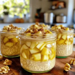 - 1 cup rolled oats - 1 cup unsweetened almond milk (or any milk of choice) - 1 medium apple, peeled and diced - 1 tablespoon maple syrup (or honey) - 1/2 teaspoon ground cinnamon - 1/4 teaspoon nutmeg - 1/2 teaspoon vanilla extract - 1 tablespoon chia seeds - 1/4 cup Greek yogurt (optional) - Chopped walnuts or pecans for topping (optional) When making apple pie overnight oats, it’s key to have the right ingredients. Each item plays a role in creating that warm, comforting apple pie flavor. First, rolled oats are your base. They soak up the milk and flavors well. Almond milk gives a nice creamy texture. You can use any milk you prefer. Next, the apple adds sweetness and crunch. I like using a medium apple. Peeling and dicing it helps to mix it in easily. Maple syrup or honey provides a natural sweetness. Spices are where the magic happens. Ground cinnamon and nutmeg bring that cozy taste of apple pie. A splash of vanilla extract brightens the dish. Chia seeds help thicken the oats and add nutrition. If you want creaminess, Greek yogurt is a great option. Finally, you can top your oats with chopped walnuts or pecans. They add a nice crunch and flavor. Gather all these ingredients, and you’re ready to create a tasty breakfast! First, gather your ingredients. In a medium-sized bowl, mix together these dry and wet items: - 1 cup rolled oats - 1 cup unsweetened almond milk - 1 medium apple, peeled and diced - 1 tablespoon maple syrup - 1/2 teaspoon ground cinnamon - 1/4 teaspoon nutmeg - 1/2 teaspoon vanilla extract - 1 tablespoon chia seeds Stir well until everything combines. Make sure that the oats soak up the almond milk. This mix should look creamy and delicious. If you want a richer taste, add 1/4 cup Greek yogurt. This step is optional, but it brings extra creaminess to the oats. Mix again until the yogurt is fully blended in. Next, divide your mixture evenly into two containers. I like to use jars because they seal well. Make sure to pack it in tightly to avoid air pockets. Once divided, seal the containers tightly with their lids. This keeps the oats fresh and tasty. Place them in the refrigerator. Let them soak overnight or at least for 4 hours. This soaking time helps the oats absorb all the flavors. In the morning, take the containers out of the fridge. Give the oats a good stir. If they seem too thick, add a splash of almond milk. This helps you reach your preferred consistency. You can top the oats with chopped walnuts or pecans for crunch. A sprinkle of extra cinnamon adds a nice touch too. Serve these chilled, and you’ll have a delightful breakfast ready to enjoy! To get the right texture, use almond milk. This milk makes oats creamy and smooth. If you want thicker oats, cut back on the milk. For thinner oats, add a splash more milk. Soaking overnight is key. It helps oats absorb flavors well. Aim for at least four hours in the fridge. This way, they become soft and tasty. You can add more spices for extra flavor. Try adding a pinch of ginger or allspice. These spices pair well with the apple taste. Want it sweeter? Use honey or agave syrup instead of maple syrup. They add a nice touch without being too strong. Kids love fun toppings! Add some colorful fruits like berries or bananas. You can also mix in some chocolate chips for a treat. Adjust sweetness by using less syrup. This way, it stays healthy but still tastes great. {{image_2}} You can customize your apple pie overnight oats with other fruits. Bananas work great here. Just slice one and mix it in. The creaminess of the banana adds a nice touch. You can also try nuts with bananas. Walnuts or pecans add crunch and flavor. For a fruity twist, use berries. Strawberries, blueberries, or raspberries brighten the dish. They give a pop of color and taste. You can mix berries in or layer them on top. Seasonal fruits can change your flavors too. If you need gluten-free options, use certified gluten-free oats. They taste just as good. Your oats will still soak up all the flavors. For those who want dairy-free, swap Greek yogurt for non-dairy yogurt. Almond, coconut, or oat yogurt works well. This keeps your oats creamy without dairy. You can change the flavor based on the season. In fall, add pumpkin spice. Just a sprinkle gives a warm taste, perfect for autumn. It pairs well with the apple flavor. In summer, try peaches or more berries. Fresh peaches can add sweetness. They make your oats taste like summer. You can mix in these fruits or top your oats with them. To keep your apple pie overnight oats fresh, store them in airtight containers. This helps prevent odors from other foods in the fridge. If stored correctly, the oats last for about 3 to 5 days. Always check for any off smells or changes in texture before eating. Yes, you can freeze overnight oats! It’s great for meal prep. To prepare for freezing, divide the mixture into freezer-safe containers. Leave some space at the top, as oats expand when frozen. You can keep them in the freezer for up to 3 months. For best results, thaw overnight oats in the fridge overnight before reheating. You can warm them on the stove or in the microwave. Stir often to ensure even heating. If you want a cozy touch, add a splash of almond milk or water to loosen the oats. Serve them warm with a sprinkle of cinnamon and a few nuts on top for extra flavor. Yes, you can easily scale up the recipe. Simply multiply each ingredient by the number of servings you want. For example, if you want four servings, use: - 2 cups rolled oats - 2 cups milk - 2 medium apples, diced - 2 tablespoons maple syrup - 1 teaspoon ground cinnamon - 1/2 teaspoon nutmeg - 1 teaspoon vanilla extract - 2 tablespoons chia seeds - 1/2 cup Greek yogurt (optional) Mix all the ingredients as you normally would. Then, divide the mixture into more containers. This way, you can enjoy apple pie overnight oats all week! You can keep leftover oats in the fridge for up to five days. Make sure you store them in airtight containers. If you notice any change in smell, color, or texture, it's best to toss them. To enjoy, just stir them up before eating. You can add a little more milk if they seem too thick! Unsweetened almond milk is my favorite for these oats. It has a light flavor and creamy texture. Other good options include: - Soy milk: Creamy and adds protein. - Oat milk: Smooth and naturally sweet. - Coconut milk: Adds a tropical twist. Each milk type gives a slightly different taste, so feel free to try what you like best! You learned about making delicious overnight oats with simple ingredients. We covered the key ingredients, step-by-step prep, and how to store them well. I shared tips for texture, flavors, and fun variations. Remember, adjusting the sweetness and adding your favorite fruits can make this meal even more enjoyable. With a few simple tweaks, you can create a nutritious breakfast everyone will love. Enjoy your oats in many ways!