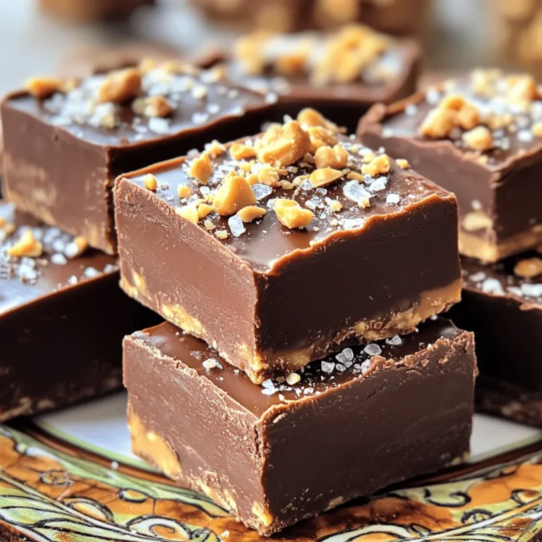 To make this fudge, you need simple, tasty ingredients. Here’s what you will need: - 1 cup creamy peanut butter - 1 cup semi-sweet chocolate chips - 1 cup sweetened condensed milk - 1 teaspoon vanilla extract - Sea salt for sprinkling These ingredients work together to create a rich, sweet treat. The creamy peanut butter pairs perfectly with the smooth chocolate. Sweetened condensed milk adds sweetness and helps the fudge set. You can enhance your fudge with these optional ingredients: - ½ cup chopped nuts (walnuts or pecans) Adding nuts gives your fudge a nice crunch. They also add a nutty flavor that blends well with chocolate and peanut butter. If you want to change things up, here are some great swaps: - Use almond butter instead of peanut butter for a different flavor. - Try dark chocolate chips for a richer taste. - Maple syrup can replace sweetened condensed milk for a vegan option. These swaps can give your fudge a unique twist. Be creative and find what you like best! Start by gathering all your ingredients. You need creamy peanut butter, semi-sweet chocolate chips, sweetened condensed milk, vanilla extract, and optional chopped nuts. Next, line an 8x8 inch baking dish with parchment paper. Leave some paper overhanging. This will help you lift the fudge out later. In a medium saucepan, combine the semi-sweet chocolate chips and sweetened condensed milk. Use low heat and stir continuously. This helps the chocolate melt evenly. Keep stirring until the mixture is smooth. Once melted, remove the saucepan from heat. Add in the vanilla extract and mix well. In a separate bowl, prepare the creamy peanut butter. Stir it until it's smooth and ready. Then pour the melted chocolate mixture into the peanut butter bowl. Stir until both are fully combined. The goal is a creamy, smooth mixture. If you choose to add nuts, fold them in gently now. Pour the fudge mixture into your prepared baking dish. Use a spatula to spread it evenly. Next, sprinkle a pinch of sea salt over the top. This adds a nice touch of flavor. Now, refrigerate the dish for at least 2 hours. You want the fudge to set firmly. After it sets, lift the fudge out using the parchment paper. Cut it into squares, and enjoy your delicious treat! To get the best texture, use creamy peanut butter. It blends well with the chocolate. Make sure to melt the chocolate and sweetened condensed milk slowly. Stir often to avoid burning. The mixture should be smooth and shiny. When you mix in the peanut butter, do it while the chocolate is still warm. This helps them come together nicely. One common mistake is not measuring the ingredients correctly. Too much peanut butter can make it too thick. Using the wrong type of chocolate can also change the taste. Make sure your saucepan is at low heat. If it's too hot, the chocolate can seize. Lastly, don’t skip the refrigeration step. This helps the fudge set up properly. You can make your fudge even better with add-ins. Try adding chopped nuts like walnuts or pecans. They add a nice crunch. You might also mix in mini marshmallows for sweetness. To boost the chocolate flavor, use dark chocolate chips instead. A pinch of sea salt on top can balance the sweetness. This small step makes a big difference! {{image_2}} You can easily add nuts to your fudge. Nuts like walnuts or pecans give a nice crunch. To include them, chop about ½ cup and fold them in before pouring the mixture into the dish. This adds texture and flavor. Nuts also boost the health factor a bit. They bring protein and good fats. Want a vegan fudge? Just switch a few ingredients. Use coconut milk instead of sweetened condensed milk. Choose dark chocolate chips that are dairy-free. Make sure to check the label. Use natural peanut butter with no added sugar. This keeps the fudge creamy and delicious. You can still enjoy that rich taste without dairy. You can change the chocolate type for fun. Try milk chocolate for a sweeter treat. Dark chocolate gives a rich taste and less sugar. You can even use white chocolate for a twist. Each type will change the flavor a bit. These swaps can make your fudge unique and exciting. Experiment with flavors you love! Store your fudge in an airtight container. This helps keep it fresh and tasty. Line the container with parchment paper to avoid sticking. Keep the fudge at room temperature for up to a week. If you want it to last longer, refrigerate it. Just remember to let it warm up a bit before you eat it. The fudge can last for about one week at room temperature. In the fridge, it can last up to two weeks. If you want to store it longer, freezing is a great option. Wrap each square in plastic wrap, then place them in a freezer bag. This way, they last for about three months. When you want some, take out what you need and let it thaw for a few minutes. If your fudge becomes hard, don’t worry! You can revive it. Cut it into small pieces and place them in a microwave-safe dish. Heat it in short bursts of about 10 seconds. Stir between each burst until it softens. You can also add a small amount of peanut butter to make it creamy again. Enjoy your fudge as if it were fresh! Use semi-sweet chocolate chips for a rich taste. They melt nicely and blend well with peanut butter. Dark chocolate can add a deeper flavor, while milk chocolate makes it sweeter. Experiment with your favorite type to find what you love best. Yes, you can! For a simple swap, use heavy cream instead. Just mix it with chocolate and peanut butter. You may need to adjust the cooking time. Always stir until smooth and creamy. Other options include using nut milk or coconut milk, but consistency may vary. To ensure your fudge sets well, chill it in the refrigerator for at least two hours. Make sure the mixture is smooth before pouring it into the dish. If it seems too soft, let it chill longer or add more chocolate. Always use parchment paper for easy removal. You learned how to make delicious chocolate peanut butter fudge. We covered essential ingredients, steps for preparation, and tips for perfecting your fudge. The variations let you try new flavors, while storage info helps you keep your fudge fresh. Remember, small changes can yield great results. Enjoy your fudge-making journey, and don’t hesitate to explore flavors and ingredients. Enjoy your sweet treats!