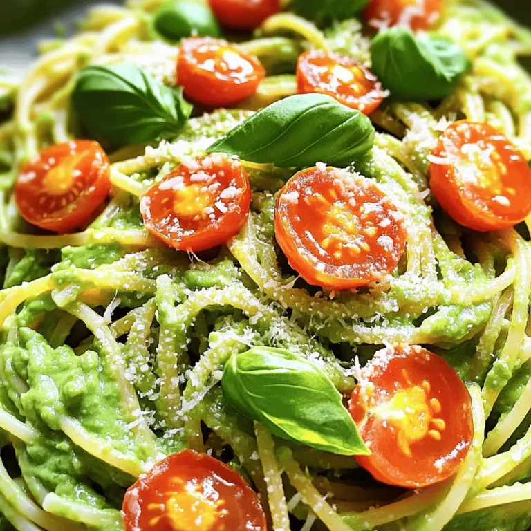 - 2 ripe avocados, pitted and peeled - 2 cloves garlic, minced - 2 tablespoons lemon juice - 1/4 cup fresh basil leaves - 1/4 cup extra virgin olive oil - Salt and pepper to taste - 12 oz whole grain spaghetti or your preferred pasta - 1/2 cup cherry tomatoes, halved - 1/4 cup parmesan cheese, grated (optional) You can add more ingredients to make this dish your own. Try adding red pepper flakes for heat. You might like to add spinach for extra greens. Sun-dried tomatoes can add a nice tang, too. If you're a fan of nuts, pine nuts or walnuts can bring crunch. If you need to avoid gluten, use gluten-free pasta. For a vegan option, skip the parmesan cheese. Instead, try nutritional yeast for a cheesy flavor. If you want a lower-fat version, reduce the olive oil or use a light version. You can also swap out avocados for silken tofu for a creamy texture. First, fill a large pot with water and add a pinch of salt. Bring the water to a boil. Once it boils, add 12 ounces of whole grain spaghetti. Cook it according to the package instructions, usually about 8-10 minutes, until it’s al dente. Al dente means the pasta is firm but cooked. This gives the best texture. Before draining, save 1/2 cup of the pasta water for later. Drain the pasta and set it aside. Now, it’s time for the sauce. Take 2 ripe avocados, pit and peel them. Add the avocados to a blender or food processor. Next, add 2 minced garlic cloves, 2 tablespoons of lemon juice, and 1/4 cup of fresh basil leaves. Pour in 1/4 cup of extra virgin olive oil. Blend everything until it’s smooth and creamy. If it’s too thick, add a bit of the reserved pasta water. This helps to get the right creamy texture. In the same pot you cooked the spaghetti, add the drained pasta. Pour the creamy avocado sauce over the pasta. Toss it all together gently. Make sure the pasta is well coated with the sauce. If it seems dry, add more reserved pasta water to loosen it. Finally, fold in 1/2 cup of halved cherry tomatoes. This adds a nice pop of color and flavor to your dish. Serve the creamy avocado pasta on plates. You can sprinkle some grated parmesan cheese on top if you like. Enjoy your delightful meal! To get the best creamy avocado sauce, use ripe avocados. They should feel soft but not mushy. Blend the avocados with garlic, lemon juice, basil, and olive oil until it's smooth. If it’s too thick, add a little reserved pasta water. This helps thin the sauce without losing flavor. Keep blending until you reach the right creaminess. You can boost the flavor of your creamy avocado pasta with a few extras. Adding crushed red pepper can give it a nice kick. You can also mix in some sun-dried tomatoes for a sweet and tangy taste. Fresh herbs like parsley or cilantro can add brightness. For extra richness, consider mixing in goat cheese or feta. One mistake to avoid is not using enough salt. It’s key to bringing out the flavors. Taste your sauce before mixing it with the pasta. Another mistake is overcooking the pasta. Keep it al dente for the best texture. Lastly, don’t skip the lemon juice. It adds freshness and keeps the avocado from browning. {{image_2}} Making a vegan version of creamy avocado pasta is easy. You simply skip the cheese. Use two ripe avocados, garlic, lemon juice, fresh basil, and olive oil. Blend these ingredients until smooth. This mix gives a rich and creamy taste. Toss it with your favorite pasta. You can add cherry tomatoes for extra flavor and color. If you’re gluten-free, you have options. Use gluten-free pasta made from rice, quinoa, or corn. These pastas cook well and can hold the creamy sauce. Check the package for cooking times. Once cooked, follow the same steps for the sauce. The result is just as tasty and satisfying. You can boost the flavor of your creamy avocado pasta in many ways. Here are some ideas: - Spices: Add red pepper flakes for heat. - Veggies: Toss in spinach or arugula for more greens. - Protein: Consider chickpeas or grilled chicken for protein. - Nuts: Sprinkle pine nuts or walnuts for crunch. Experimenting with these add-ins can create a dish that suits your taste. Enjoy trying different combinations! To keep your creamy avocado pasta fresh, store it in an airtight container. Make sure to seal it well to prevent air from getting in. If you have leftovers, you can also place a piece of plastic wrap directly on the pasta before sealing the container. This extra layer helps reduce browning from air exposure. When reheating, avoid the microwave if you can. The microwave can make the pasta mushy. Instead, use a skillet on low heat. Add a splash of water or olive oil to help loosen the sauce. Stir gently to warm it up without breaking the pasta or sauce. Your creamy avocado pasta can last about two days in the fridge. If you see any browning, that’s normal with avocados. Just stir it in, and it will still taste great. Always check for any off smells before eating leftovers. Yes, you can make this recipe ahead of time. You can prepare the avocado sauce and store it in the fridge. Just cover it tightly to keep it fresh. Cook the pasta when you are ready to eat. Combine the sauce and pasta just before serving. This way, the dish stays creamy and delicious. You can use many types of pasta for this dish. Whole grain spaghetti is great, but other options work too. Try penne, fusilli, or even gluten-free pasta if needed. The sauce will coat all types well. Just cook the pasta according to the package directions. Yes, creamy avocado pasta is healthy. Avocados provide healthy fats, vitamins, and fiber. Whole grain pasta adds more fiber and nutrients. This dish is also low in cholesterol. If you skip the cheese, it becomes vegan. Enjoy this meal guilt-free while still feeling full and satisfied. This blog post explored how to make creamy avocado pasta from start to finish. We covered the ingredients, step-by-step cooking, and tips to perfect your dish. You learned about variations, storage methods, and common questions people have. Making creamy avocado pasta is easy and fun. It allows for lots of creativity. I hope you try it and enjoy the rich flavors. With a few simple steps, you can create a tasty meal that everyone will love.