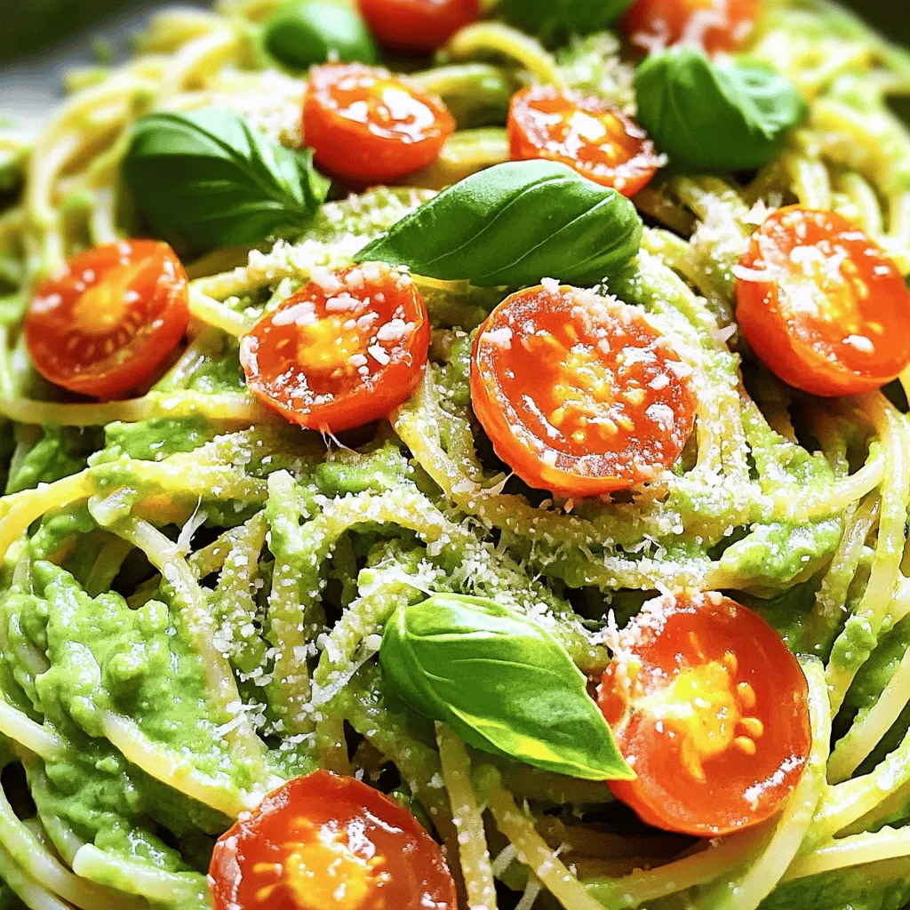 - 2 ripe avocados, pitted and peeled - 2 cloves garlic, minced - 2 tablespoons lemon juice - 1/4 cup fresh basil leaves - 1/4 cup extra virgin olive oil - Salt and pepper to taste - 12 oz whole grain spaghetti or your preferred pasta - 1/2 cup cherry tomatoes, halved - 1/4 cup parmesan cheese, grated (optional) You can add more ingredients to make this dish your own. Try adding red pepper flakes for heat. You might like to add spinach for extra greens. Sun-dried tomatoes can add a nice tang, too. If you're a fan of nuts, pine nuts or walnuts can bring crunch. If you need to avoid gluten, use gluten-free pasta. For a vegan option, skip the parmesan cheese. Instead, try nutritional yeast for a cheesy flavor. If you want a lower-fat version, reduce the olive oil or use a light version. You can also swap out avocados for silken tofu for a creamy texture. First, fill a large pot with water and add a pinch of salt. Bring the water to a boil. Once it boils, add 12 ounces of whole grain spaghetti. Cook it according to the package instructions, usually about 8-10 minutes, until it’s al dente. Al dente means the pasta is firm but cooked. This gives the best texture. Before draining, save 1/2 cup of the pasta water for later. Drain the pasta and set it aside. Now, it’s time for the sauce. Take 2 ripe avocados, pit and peel them. Add the avocados to a blender or food processor. Next, add 2 minced garlic cloves, 2 tablespoons of lemon juice, and 1/4 cup of fresh basil leaves. Pour in 1/4 cup of extra virgin olive oil. Blend everything until it’s smooth and creamy. If it’s too thick, add a bit of the reserved pasta water. This helps to get the right creamy texture. In the same pot you cooked the spaghetti, add the drained pasta. Pour the creamy avocado sauce over the pasta. Toss it all together gently. Make sure the pasta is well coated with the sauce. If it seems dry, add more reserved pasta water to loosen it. Finally, fold in 1/2 cup of halved cherry tomatoes. This adds a nice pop of color and flavor to your dish. Serve the creamy avocado pasta on plates. You can sprinkle some grated parmesan cheese on top if you like. Enjoy your delightful meal! To get the best creamy avocado sauce, use ripe avocados. They should feel soft but not mushy. Blend the avocados with garlic, lemon juice, basil, and olive oil until it's smooth. If it’s too thick, add a little reserved pasta water. This helps thin the sauce without losing flavor. Keep blending until you reach the right creaminess. You can boost the flavor of your creamy avocado pasta with a few extras. Adding crushed red pepper can give it a nice kick. You can also mix in some sun-dried tomatoes for a sweet and tangy taste. Fresh herbs like parsley or cilantro can add brightness. For extra richness, consider mixing in goat cheese or feta. One mistake to avoid is not using enough salt. It’s key to bringing out the flavors. Taste your sauce before mixing it with the pasta. Another mistake is overcooking the pasta. Keep it al dente for the best texture. Lastly, don’t skip the lemon juice. It adds freshness and keeps the avocado from browning. {{image_2}} Making a vegan version of creamy avocado pasta is easy. You simply skip the cheese. Use two ripe avocados, garlic, lemon juice, fresh basil, and olive oil. Blend these ingredients until smooth. This mix gives a rich and creamy taste. Toss it with your favorite pasta. You can add cherry tomatoes for extra flavor and color. If you’re gluten-free, you have options. Use gluten-free pasta made from rice, quinoa, or corn. These pastas cook well and can hold the creamy sauce. Check the package for cooking times. Once cooked, follow the same steps for the sauce. The result is just as tasty and satisfying. You can boost the flavor of your creamy avocado pasta in many ways. Here are some ideas: - Spices: Add red pepper flakes for heat. - Veggies: Toss in spinach or arugula for more greens. - Protein: Consider chickpeas or grilled chicken for protein. - Nuts: Sprinkle pine nuts or walnuts for crunch. Experimenting with these add-ins can create a dish that suits your taste. Enjoy trying different combinations! To keep your creamy avocado pasta fresh, store it in an airtight container. Make sure to seal it well to prevent air from getting in. If you have leftovers, you can also place a piece of plastic wrap directly on the pasta before sealing the container. This extra layer helps reduce browning from air exposure. When reheating, avoid the microwave if you can. The microwave can make the pasta mushy. Instead, use a skillet on low heat. Add a splash of water or olive oil to help loosen the sauce. Stir gently to warm it up without breaking the pasta or sauce. Your creamy avocado pasta can last about two days in the fridge. If you see any browning, that’s normal with avocados. Just stir it in, and it will still taste great. Always check for any off smells before eating leftovers. Yes, you can make this recipe ahead of time. You can prepare the avocado sauce and store it in the fridge. Just cover it tightly to keep it fresh. Cook the pasta when you are ready to eat. Combine the sauce and pasta just before serving. This way, the dish stays creamy and delicious. You can use many types of pasta for this dish. Whole grain spaghetti is great, but other options work too. Try penne, fusilli, or even gluten-free pasta if needed. The sauce will coat all types well. Just cook the pasta according to the package directions. Yes, creamy avocado pasta is healthy. Avocados provide healthy fats, vitamins, and fiber. Whole grain pasta adds more fiber and nutrients. This dish is also low in cholesterol. If you skip the cheese, it becomes vegan. Enjoy this meal guilt-free while still feeling full and satisfied. This blog post explored how to make creamy avocado pasta from start to finish. We covered the ingredients, step-by-step cooking, and tips to perfect your dish. You learned about variations, storage methods, and common questions people have. Making creamy avocado pasta is easy and fun. It allows for lots of creativity. I hope you try it and enjoy the rich flavors. With a few simple steps, you can create a tasty meal that everyone will love.